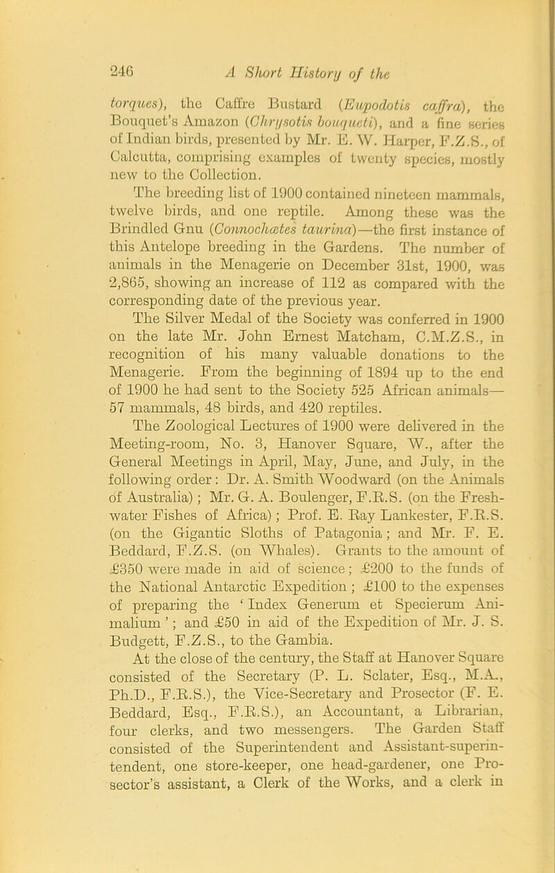 torques), the Cadre Bustard (Eupodotis caffra), the Bouquet’s Amazon (Chrysotis bouqueti), and a fine series of Indian birds, presented by Mr. E. W. Harper, F.Z.S., of Calcutta, comprising examples of twenty species, mostly new to the Collection. The breeding list of 1900 contained nineteen mammals, twelve birds, and one reptile. Among these was the Brindled Gnu (Connochoetes taurina)—the first instance of this Antelope breeding in the Gardens. The number of animals in the Menagerie on December 31st, 1900, was 2,865, showing an increase of 112 as compared with the corresponding date of the previous year. The Silver Medal of the Society was conferred in 1900 on the late Mr. John Ernest Matcham, C.M.Z.S., in recognition of his many valuable donations to the Menagerie. Erom the beginning of 1894 up to the end of 1900 he had sent to the Society 525 African animals— 57 mammals, 48 birds, and 420 reptiles. The Zoological Lectures of 1900 were delivered in the Meeting-room, No. 3, Hanover Square, W., after the General Meetings in April, May, June, and July, in the following order : Dr. A. Smith Woodward (on the Animals of Australia); Mr. G. A. Boulenger, E.R.S. (on the Fresh- water Fishes of Africa); Prof. E. Bay Lankester, F.R.S. (on the Gigantic Sloths of Patagonia; and Mr. F. E. Beddard, F.Z.S. (on Whales). Grants to the amount of 11350 were made in aid of science; F200 to the funds of the National Antarctic Expedition ; F100 to the expenses of preparing the ‘ Index Generum et Specierum Ani- malium ’; and £50 in aid of the Expedition of Mr. J. S. Budgett, F.Z.S., to the Gambia. At the close of the century, the Staff at Hanover Square consisted of the Secretary (P. L. Sclater, Esq., M.A., Ph.D., F.B.S.), the Vice-Secretary and Prosector (F. E. Beddard, Esq., F.B.S.), an Accountant, a Librarian, four clerks, and two messengers. The Garden Staff consisted of the Superintendent and Assistant-superin- tendent, one store-keeper, one head-gardener, one Pro- sector’s assistant, a Clerk of the Works, and a clerk in