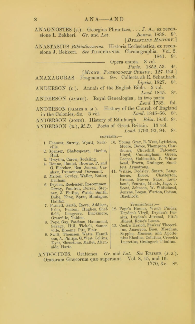 ANAGNOSTES (j.). Georgius Pbrantzes, . . . J. A., ex receu- sione I. Bekkeri. Gr. and Lat. Bounce, 1838. 8°. [Byzantine History.'] ANASTASIUS Bibliothecarius. Historia Ecclesiastica, ex recen- sione J. Bekkeri. See Theophanes. Chronographia. Yol. 2. 1841. 8°. Opera omnia. 3 vol. Paris. 1852, 53. 4°. [.Migne. PATUOLOGiJE Cursvs ; 127-129.] ANAXAGORAS. Eragmenta, Gr. Collecta ab E. Schaubach. Lipsice, 1827. 8°. ANDERSON (c.). Annals of the English Bible. 2 vol. Loud. 1845. 8°. ANDERSON (james). Royal Genealogies ; in two parts. Bond. 1732. fol. ANDERSON (james s. m.). History of the Church of England in the Colonies, &c. 3 vol. Loud. 1845-56. 8°. ANDERSON (.toiin). History of Edinburgh. Edin. 1856. 8°. ANDERSON (r.), M.D. Poets of Great Britain. 13 vol. Loud. 1793, 92, 94. 8°. CONTENTS:— 1. Chaucer, Surrey, Wyatt, Sack- ville. 2. Spenser, Shakespeare, Davies, Hall. 3. Drayton, Carcw, Suckling. 4. Donne, Daniel, Browne, P. and G. Fletcher, Ben Jonson, Cra- shaw, Drummond, Davenant. 5. Milton, Cowley, Waller, Butler, Denham. 6. Dryden, Rochester, Roscommon, Otway, Pomfret, Dorset, Step- ney, J. Philips, Walsh, Smith, Duke, King, Sprat, Montague, Halifax. 7. Parnell, Garth, Rowe, Addison, Prior, Fenton, Hughes, Shef- field, Congreve, Blackmore, Granville, Yalden. 8. Pope, Gay, Pattison, Hammond, Savage, Hill, Tickell, Somer- ville, Broome, Pitt, Blair. 9. Swift, Thomson, Watts, Hamil- ton, A. Philips, G. West, Collins, Dyer, Shcnstone, Mallet, Akcn- sidc, Harte. 10. Young, Gray, R. West, Lyttleton, Moore, Boyce, Thompson, Caw- thorne, Churchill, Falconer, Lloyd, Cunningham, Green, Cooper, Goldsmith, P. White- head, Brown, Grainger, Smol- lett, Armstrong. 11. Wilkie, Dodsley, Smart, Lang- horn e, Bruce, Chat ter ton, Graeme, Glover, Shaw, Lovi- bond, Penrose, Mickle, Jago, J. Scott, Johnson, W. Whitehead, Jenyns, Logan, Warton, Cotton, Blacklock. Translations:— 12. Pope’s Homer, West’s Pindar, Dryden’s Virgil, Drvden's Per- sius, Dryden’s Juvenal, Pitt’s yEneid, Rowe’s Lucan. 13. Cook’s Hesiod, Fawkes’ Theocri- tus, Anacreon, Bion, Moschus, Sappho, Musaeus, and Apollo- nius Rhodius, Coluthus, Creech’s Lucretius, Grainger's Tibullus. ANDOCIDES. Orationes. Gr. and Lat. See Reise:e (j. j.). Oratorum Graecorum quae supersuut. Yol. 8, 15, and 16. 1770, &c. 8°.