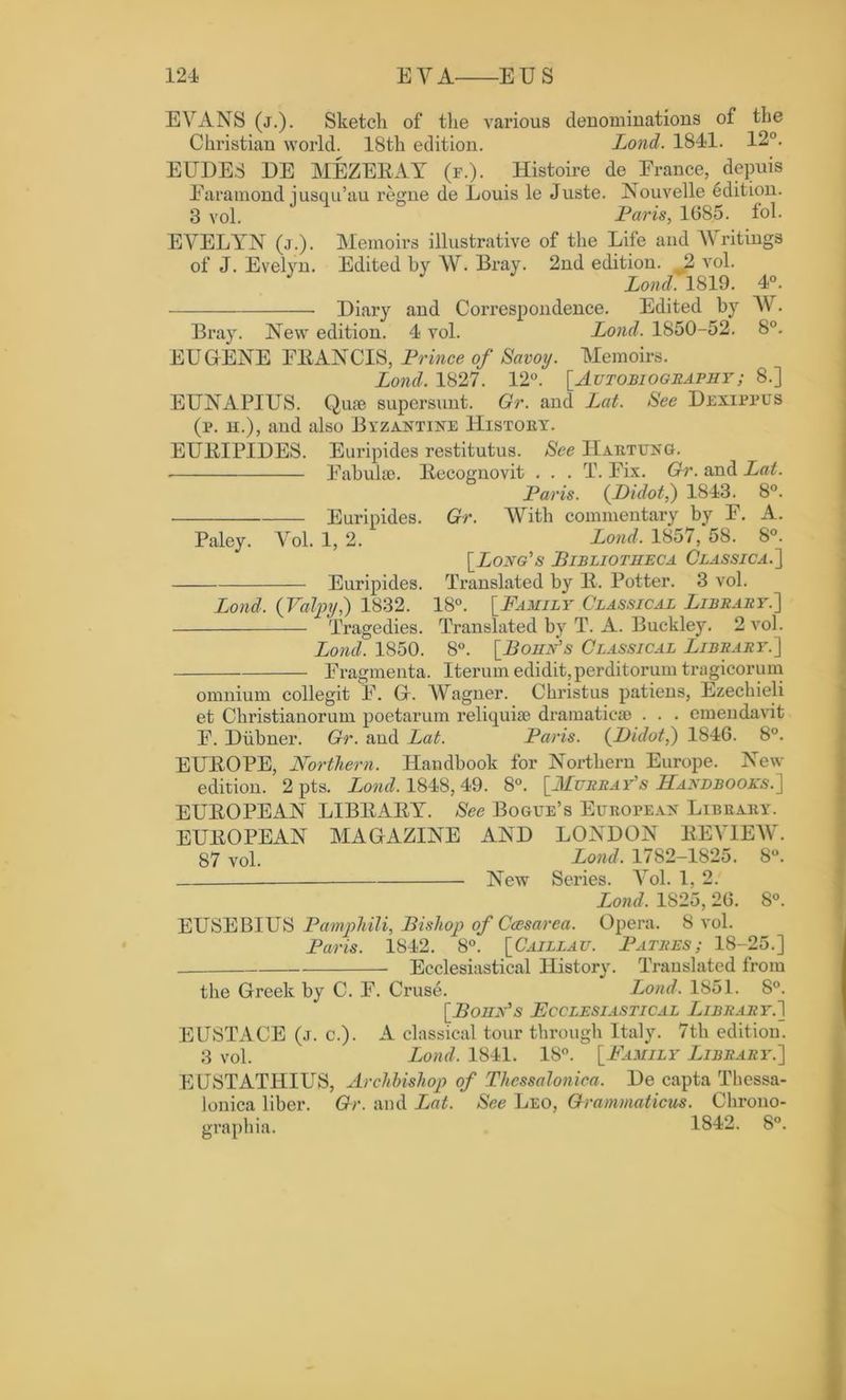 EVANS (j.). Sketch of the various denominations of the Christian world. 18th edition. Lond. 1841. 12°. EUDES DE MEZEEAY (f.). Histoire de France, depuis Earamond iusqu’au regne de Louis le Juste. Nouvelle edition. 3 yoI. Paris, 1685. fol. EVELYN (j.). Memoirs illustrative of the Life and Writings of J. Evelyn. Edited by W. Bray. 2nd edition. J2 vol. Loud. 1819. 4°. Diary and Correspondence. Edited by W. Bray. New edition. 4 vol. Lond. 1850-52. 8°. EUGENE FEANCIS, Prince of Savoy. Memoirs. Lond. 1827. 12°. [Autobiography; 8.] EUNAPIUS. Qu© supersimt. Gr. and Lat. See Dexippus (p. h.), and also Byzantine History. EUEIPIDES. Euripides restitutus. See Hartung. Fabulse. Eecognovit . . . T. Fix. Gr. and Lat. Paris. (Didot,) 1843. 8°. Euripides. Gr. With commentary by F. A. Paley. Vol. 1, 2. Lond. 1857, 58. 8°. [.Long's Bibliotheca Classica.] Euripides. Translated by E. Potter. 3 vol. Lond. (Valpy,) 1832. 18°. [Family Classical Library.] Tragedies. Translated by T. A. Buckley. 2 vol. Lond. 1850. 8°. [Bohn’s Classical Library.] Fragmenta. Iterum edidit,perditorum tragicoruin omnium collegit F. G. Wagner. Christus patiens, Lzechieli et Christianorum poetarum reliquiae dramatic® . . . emeu davit F. Dubner. Gr. and Lat. Paris. (l)idot,) 1846. 8°. EUEOPE, Northern. Handbook for Northern Europe. New edition. 2 pts. Lond. 1848, 49. 8°. [Murray’s Handbooks.] EUEOPE AN LIBEAEY. See Bogue’s European Library. EUEOPE AN MAGAZINE AND LONDON EEVIEW. 87 vol. Lond. 1782-1825. 8°. New Series. Vol. 1, 2. Lond. 1825, 26. 8°. EUSEBIUS Pamphili, Bishop of Caesarea. Opera. 8 vol. Paris. 1842. 8°. [Caillau. Patres ; 18-25.] Ecclesiastical History. Translated from the Greek by C. F. Cruse. Lond. 1851. 8°. [Bohn’s Ecclesiastical Library.] EUSTACE (j. c.). A classical tour through Italy. 7th edition. 3 vol. Lond. 1841. 18°. [Family Library.] EUSTATHIUS, Archbishop of Thessalonica. De capta Thessa- lonica liber. Gr. and Lat. See Leo, Grammaticus. Chrono- graph ia. 1842. 8°.