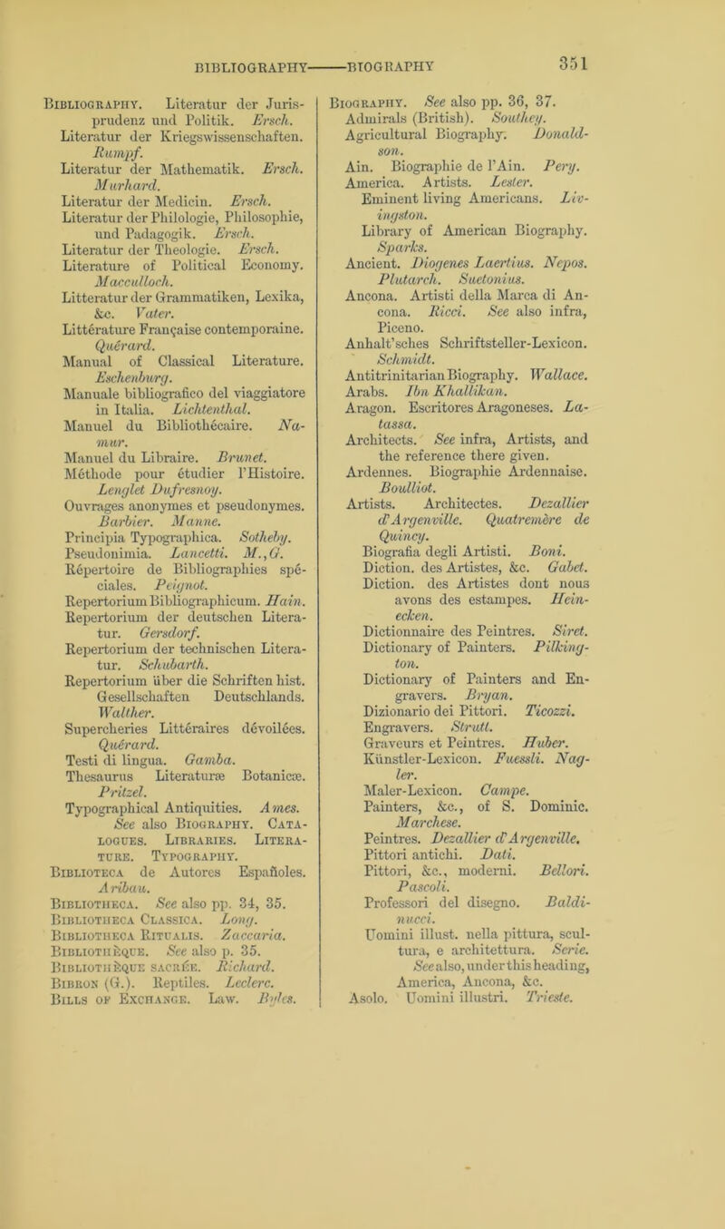 Bibliography. Literatur der Juris- prudenz und Politik. Ersch. Literatur der Kriegswissenschaften. Rumpf. Literatur der Matkematik. Ersch. Mar hard. Literatur der Medicin. Ersch. Literatur der Philologie, Philosophic, und Padagogik. Ersch. Literatur der Tkeologie. Ersch. Literature of Political Economy. Macculloch. Litteratur der Grammatiken, Lexika, kc. Vater. Literature Fran^aise contemporaine. Qubrard. Manual of Classical Literature. Eschenburg. Manuale bibliografico del viaggiatore in Italia. Lichtenthal. Manuel du Bibliothecaire. Na- mur. Manuel du Libraire. Brunet. Methode pom- etudier l’Histoire. Lenglet Dufresnoy. Ouvrages anonymes et pseudonymes. Barbier. Marine. Principia Typographica. Sotheby. Pseudonimia. Lancetti. M.,0. Repertoire de Bibliographies sp6- ciales. Peignot. Repertorium Bibliographicum. Main. Repertorium der deutsclien Litera- tur. Gersdorf. Repertorium der technischen Litera- tur. Sehubarth. Repertorium iiber die Scliriften hist. Gesellschaften Deutschlands. Walther. Supercberies Litteraires devoilees. Querard. Testi di lingua. Gamba. Thesaurus Literatur® Botanic®. Pritzel. Typographical Antiquities. Ames. See also Biography. Cata- logues. Libraries. Litera- ture. Typography. Biblioteca de Autores Espafioles. A ribau. Bibliotheca. See also pp. 34, 35. Bibliotheca Classica. Long. Bibliotheca Ritualis. Zaccaria. BiBLioTiikQUE. See also p. 35. BiBLioTiikQUE SACRliE. Richard. Bibron (G.). Reptiles. Leclerc. Bills op Exchange. Law. Bytes. Biography. See also pp. 36, 37. Admirals (British). Southey. Agricultural Biography. Donald- son. Ain. Biographie de l’Ain. Pery. America. Artists. Lester. Eminent living Americans. Liv- ingston. Library of American Biography. Sparks. Ancient. Diogenes Laertius. Nepos. Plutarch. Suetonius. Ancona. Artisti della Marca di An- cona. Ricci. See also infra, Piceno. Anhalt’sches Schriftsteller-Lexicon. Schmidt. Antitrinitarian Biography. Wallace. Arabs. Ibn Khallikan. Aragon. Escritores Aragoneses. La- tassa. Architects. See infra, Artists, and the reference there given. Ardennes. Biographie Ardennaise. Boulliot. Artists. Architectes. Dezallier d'A rgenvillc. Quatrembre de Quincy. Biografia degli Artisti. Boni. Diction, des Artistes, &c. Gabet. Diction, des Artistes dont nous avons des estampes. Mein- ecken. Dictionnaire des Peintres. Siret. Dictionary of Painters. Pilking- ton. Dictionary of Painters and En- gravers. Bryan. Dizionario dei Pittori. Ticozzi. Engravers. Strutt. Graveurs et Peintres. Huber. Kiinstler-Lexicon. Fuessli. Nag- lev. Maler-Lexicon. Campc. Painters, &c., of S. Dominic. Marchese. Peintres. Dezallier d'A rgenvillc. Pittori antichi. Dati. Pittori, &c., modemi. Bdlori. Pascoli. Professori del disegno. Baldi- nucci. Uomini illust. nella pittura, scul- tura, e arcliitettura. Sene. See also, under this heading, America, Ancona, &c. Asolo. Uomini illustri. Trieste.