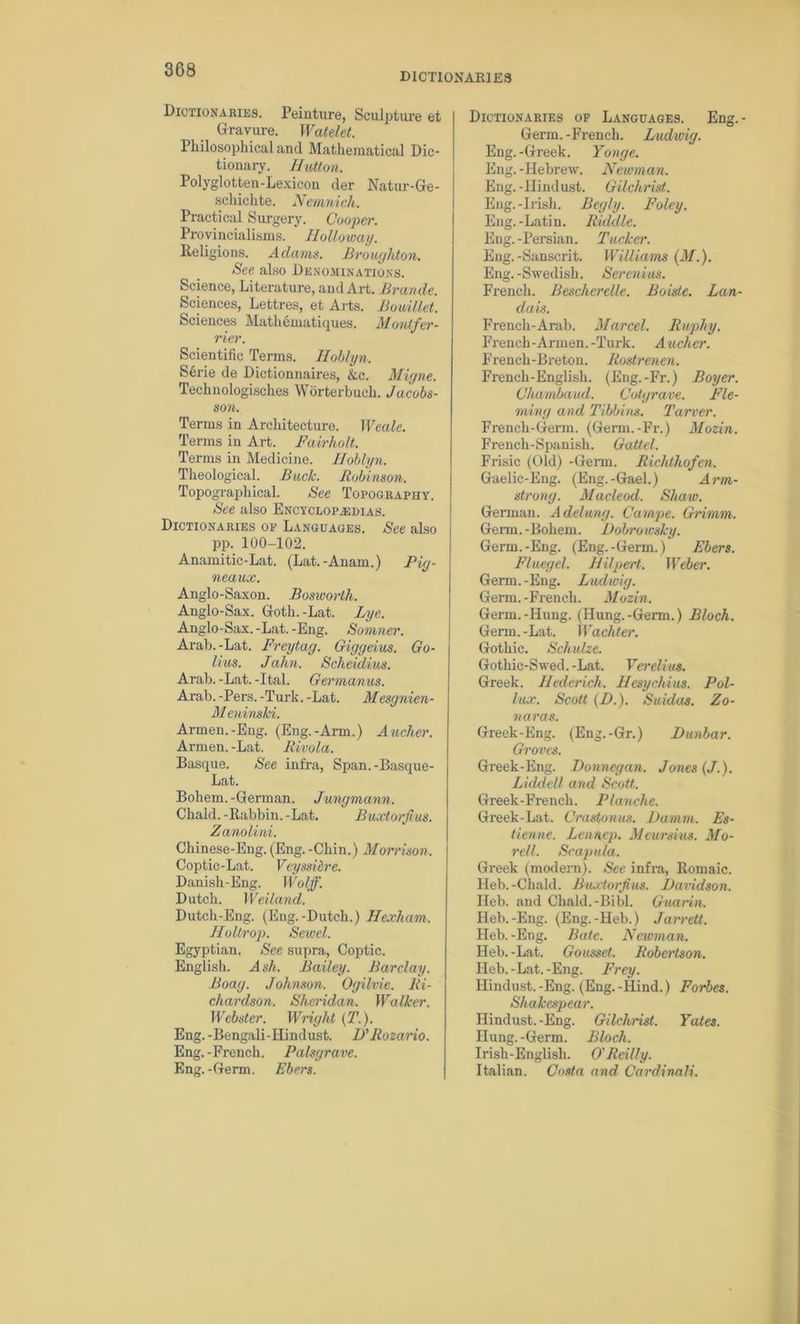 DICTIONARIES Dictionaries. Peinture, Sculpture et Gravure. Watelet. Philosophical and Mathematical Dic- tionary. Hutton. P olyglot ten -Lexicon der Natur-Ge- scliichte. Nemnich. Practical Surgery. Cooper. Provincialisms. Holloway. Religions. Adams. Broughton. See also Denominations. Science, Literature, and Art. Brcmde. Sciences, Lettres, et Arts. Bouillet. Sciences Mathematiques. Montfer- rier. Scientific Terms. Hoblyn. Serie de Dictionnaires, kc. Migne. Technologisches Worterbuch. Jacobs- son. Terms in Architecture. Wealc. Terms in Art. Fairholt. Terms in Medicine. Hoblyn. Theological. Back. Robinson. Topographical. See Topography. See also Encyclopedias. Dictionaries op Languages. See also pp. 100-102. Anamitic-Lat. (Lat.-Anam.) Pig- neaux. Anglo-Saxon. Bosworth. Anglo-Sax. Goth. -Lat. Lye. Anglo-Sax. -Lat. -Eng. Somner. Arab.-Lat. Freytag. Giggeius. Go- lius. Jaim. Scheidius. Arab. -Lat. -Ital. Germanus. Arab. -Pers. -Turk. -Lat. Mesgnien- Meninski. Armen.-Eng. (Eng.-Arm.) Aucher. Armen. -Lat. Rivola. Basque. See infra, Span.-Basque- Lat. Bohem.-German. Jungmann. Chald. -Rabbin. -Lat. Buxtorfius. Zanolini. Chinese-Eng. (Eng. -Chin.) Morrison. Coptic-Lat. Veyssierc. Danish-Eng. Wolff. Dutch. 1 Veil and. Dutch-Eng. (Eng.-Dutch.) Hexham. Holtrop. Sewel. Egyptian. See supra, Coptic. English. Ash. Bailey. Barclay. Boag. Johnson. Ogilvie. Ri- chardson. Sheridan. Walker. Webster. Wright {T.). Eng. -Bengali-IIindust. D'Rozario. Eng. -French. Palsgrave. Eng.-Germ. Ebers. Dictionaries op Languages. Eng.- Germ. -French. Ludwig. Eng.-Greek. Yonge. Eng. -Hebrew. Newman. Eng.-llindust. Gilchrist. Eng.-Irish. Begly. Foley. Eng.-Latin. Rixklle. Eng.-Persian. Tucker. Eng.-Sanscrit. Williams (M.). Eng.-Swedish. Serenius. French. Bescherelle. Boiste. Lan- dais. French-Arab. Marcel. Raphy. French-Armen. -Turk. A ucher. French-Breton. Rostrenen. French-English. (Eng.-Fr.) Boyer. Chambaud. Cotgrave. Fle- ming and Tibbins. Tarver. French-Germ. (Germ.-Fr.) Mozin. French-Spanish. Gattel. Frisic (Old) -Germ. Richthofen. Gaelic-Eng. (Eng.-Gael.) Arm- strong. Macleod. Shaw. German. A delung. Campe. Grimm. Germ. -Bohem. Dobrowsky. Germ.-Eng. (Eng.-Germ.) Ebers. Fluegel. Hilpert. Weber. Germ.-Eng. Ludwig. Germ. -French. Mozin. Germ.-Hung. (Hung.-Germ.) Bloch. Germ. -Lat. Wachter. Gothic. Schulze. Gothic-Swed. -Lat. Vereli us. Greek. Hederich. Hesycldus. Pol- lux. Scott (D.). Suidas. Zo- naras. Greek-Eng. (Eng.-Gr.) Dunbar. Groves. Greek-Eng. Donnegan. Jones (J.). Liddell and Scott. Greek-French. Planclic. Greek-Lat. Crasionus. Damm. Es- tiennc. Lenncp. Mcursius. Mo- rell. Scapula. Greek (modern). See infra, Romaic. Heb.-Chald. Biuctorjius. Davidson. Ileb. and Chald.-Bibl. Guarin. Heb.-Eng. (Eng.-Heb.) Jarrett. Heb. -Eng. Bate. Newman. Heb. -Lat. Gousset. Robertson. Heb. -Lat. -Eng. Frey. Hindust.-Eng. (Eng.-Hind.) Forbes. Shakespear. Hindust. -Eng. Gilchrist. Yates. Hung. -Germ. Bloch. Irish-English. O'Reilly. Italian. Costa and Cardinali.