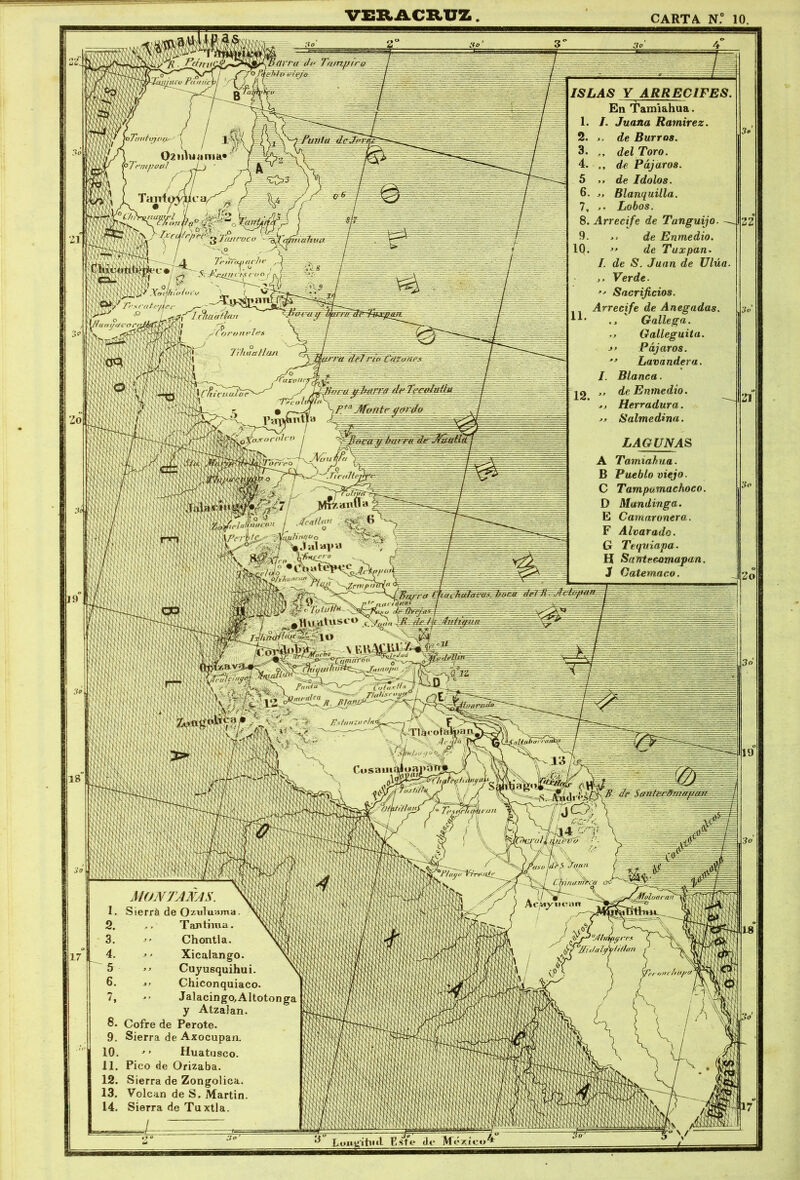 21 3o &0jM}0xsíZ/o'-v '' ■an Coronelía TYhuatlun Jo dtJrto Critotit's Pn - f°*a )fxilt‘í,r<ut ISLAS Y ARRECIFES. En Tt’amiahua. 1. /. Juana Ramírez. 2. ,, de Burros. 3* ,, del Toro. 4. ,, ¿6 Pájaros. 5 ,, de Idolos. 6. j. Blanquilla. 7. Lobos. 8. Arrecife de Tanguijo. . 9. ,, de Enmedio. 10 • J' de Tuxpan• /. de tS. Juan de Ulúa. ..Verde.  Sacrificios. Arrecife de Anegadas. ., Gallega. .. Galleguita. j> Pájaros.  Lavandera. I. Blanca. de Entnedio. Herradura. Salmedina. 3 o 22 11. 3 o 12. 21 LAGUNAS A Tatniahua. B Pueblo viejo. C Tampamachoco. D Mandinga. E Camaronera. F Alvar ado. G Tequia pa. H Santecomapan. J Catemaco. > 2 o 18 3o 17 MONTABAS. 1. Sierrá de Ozuíuama. 2. .. Tan tima. 3. -•» Chontla. 4. Xicalango. 5 ^ Cuyusquihui. 6. Chiconquiaco 7.  Jalacingo,AItotonga y Atzalan. 8. Cofre de Perote. 9. Sierra de Axocupan. 10. '• Huatusco. 11. Pico de Orizaba. 12. Sierra de Zongolica. 13. Volcan de S. Martin. 14. Sierra de Tuxtla. 3o 3 o