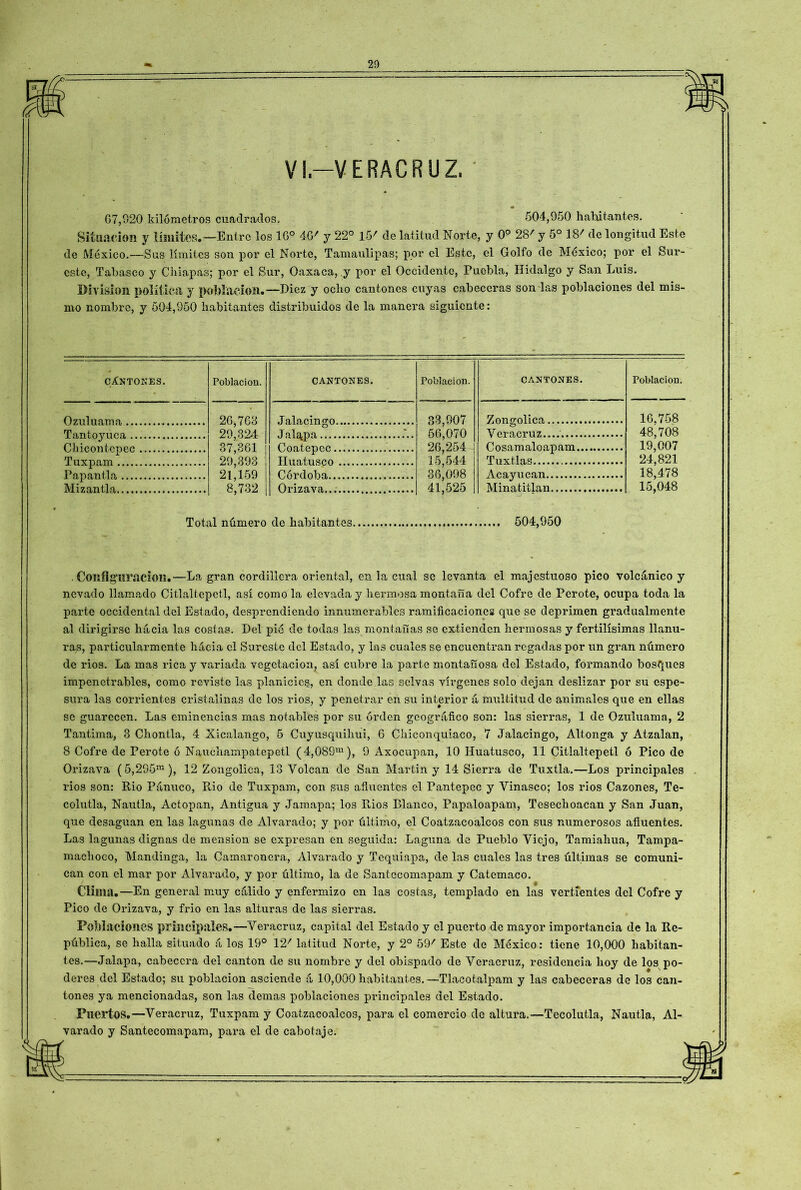 VI—VERACRUZ. G7,920 kilómetros cuadrados, 504,950 habitantes. Situación y límites.—Entre los 16° 46' y 22° 15' de latitud Norte, y 0o 28' y 5o 18' de longitud Este de México.—Sus límites son por el Norte, Tamaulipas; por el Este, el Golfo de México; por el Sur- este, Tabasco y Chiapas; por el Sur, Oaxaca, y por el Occidente, Puebla, Hidalgo y San Luis. División política y población.—Diez y ocho cantones cuyas cabeceras sondas poblaciones del mis- mo nombre, y 504,950 habitantes distribuidos de la manera siguiente: cantones. Ozuluama ... Tantoyuca .. Chicontcpec Tuxpam Papantla.... Mizantla...., Población. CANTONES. Población. CANTONES. 2G,7C3 29,324 87,361 29,393 21,159 8,732 .Tn Incinero 33,907 56,070 26,254- 15,544 86,098 41,525 Zongolica Jala.pa ... Coatepec TTnn.t/nsrío Veracruz — Cosamaloapam Tuxtlas Córdnbn Acayucan Orizava..; Mina tillan Población. 16,758 48,708 19,007 24,821 18,478 15,048 Total número de habitantes.... 504,950 Configuración.—La gran cordillera oriental, en la cual se levanta el majestuoso pico volcánico y nevado llamado Citlaltepetl, así como la elevada y hermosa montaña del Cofre de Perote, ocupa toda la parte occidental del Estado, desprendiendo innumerables ramificaciones que se deprimen gradualmente al dirigirse hacia las costas. Del pié de todas las montañas se extienden hermosas y fértilísimas llanu- ras, particularmente hácia el Sureste del Estado, y las cuales se encuentran regadas por un gran número do rios. La mas rica y variada vegetación, así cubre la parte montañosa del Estado, formando bosques impenetrables, como reviste las planicies, en donde las selvas vírgenes solo dejan deslizar por su espe- sura las corrientes cristalinas de los rios, y penetrar en su interior á multitud de animales que en ellas se guarecen. Las eminencias mas notables por su orden geográfico son: las sierras, 1 de Ozuluama, 2 Tantima, 8 Chontla, 4 Xicalango, 5 Cuyusquihui, 6 Chiconquiaco, 7 Jalacingo, Altonga y Atzalan, 8 Cofre de Perote ó Nauehampatepetl (4,089m), 9 Axoeupan, 10 Huatusco, 11 Citlaltepetl ó Pico de Orizava (5,295m), 12 Zongolica, 13 Volcan de San Martin y 14 Sierra de Tuxtla.—Los principales rios son: Rio Panuco, Rio de Tuxpam, con sus afluentes el Pantepec y Vinasco; los rios Cazones, Te- colutla, Nautla, Actopan, Antigua y Jamapa; lo3 Rios Blanco, Papaloapam, Tesechoacan y San Juan, que desaguan en las lagunas de Alvarado; y por último, el Coatzacoalcos con sus numerosos afluentes. Las lagunas dignas de mension se expresan en seguida: Laguna de Pueblo Viejo, Tamiahua, Tampa- machoeo, Mandinga, la Camaronera, Alvarado y Tequiapa, de las cuales las tres últimas se comuni- can con el mar por Alvarado, y por último, la de Santccomapam y Catemaco. Clima.—En general muy cálido y enfermizo en las costas, templado en las vertientes del Cofre y Pico de Orizava, y frió en las alturas de las sierras. Poblaciones principales.—Veracruz, capital del Estado y el puerto de mayor importancia de la Re- pública, se halla situado á los 19° 12' latitud Norte, y 2o 59' Este de México: tiene 10,000 habitan- tes.—Jalapa, cabecera del cantón de su nombre y del obispado de Veracruz, residencia hoy de los po- deres del Estado; su población asciende á 10,000habitantes.—Tlacotalpam y las cabeceras de los can- tones ya mencionadas, son las demas poblaciones principales del Estado. Puertos.—Veracruz, Tuxpam y Coatzacoalcos, para el comercio do altura.—Tecolutla, Nautla, Al- varado y Santecomapam, para el de cabotaje.