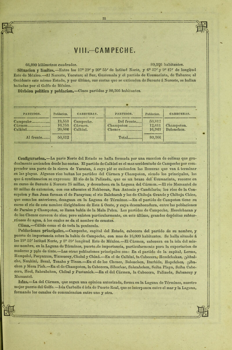 VIII.—CAMPECHE. H ' ■ ' . . y G6,89Q kilómetros cuadrados. 80,3Q;6 habitantes. Situación J límites.—Entro los 17° 29r y 20° 5S7 do latitud Norte, y 6o 37/ y 9o 47' de longitud Este do México.—'Al Noreste, Yucatán; al Sur, Guatemala y el partido de Usumacinta, de Tabasco; al Occidente este mismo Estado, y por último, sus costas que se extienden de Sureste á Noreste, se hallan bañadas por el Golfo de México. División política J población.—Cinco partidos y 80,306 habitantes. PARTIDOS. Foblacioja. CABECERAS. PARTIDOS. Población. CABECERAS. Campeche Cármen Calkiní Al frente 19,553 10,753 20,506 Campeche. Cármen. Calkiní. i Bel frente Champoton Chenes Total 50,812 12,611 16,943 Champoton. Bolonchen. • 50,812 80,366 Configuración.—La parte Norte del Estado se halla formada por una sucesión de colinas que gra- dualmente ascienden desde las costas. El partido de Calkiní es el mas accidentado de Campeche por com- prender una parte de la sierra de Yucatán, á cuyo pié se extienden las llanuras que van á terminar en las playas. Algunos rios bañan los partidos del Cármen y Champoton, siendo los principales, los que á continuación se expresan: El rio de la Palizada, que es un brazo del Usumacinta,. recorre en su curso de Sureste á Noreste 75 millas, y desemboca en la Laguna del Cármen.—-El rio Mamantcl de GO millas de extensión, con sus afluentes el Nohbccan, San Antonio y Candelaria: los rios de la Con- cepción y San Juan forman el de Pacaytun; el rio Balchacah y los de Chiboja Grande y Chiboja Chico, que como los anteriores, desaguan en la Laguna de Términos.—En el partido do Campoton tiene su cui'so el rio de este nombro dirigiéndose de Este á Oeste, y cuya desembocadura, éntrelas poblaciones de Paraiso y Champoton, se llama bahía do la Mala Pelea. Los partidos de Campeche, Hecelchacan y de los Chenes carecen de rios; pero existen particularmente, en este último, grandes depósitos subter- ráneos de agua, á los cuales se da el nombre de cenotes. Clima.—Cálido como el de toda la península. Poblaciones principales.—Campeche, capital del Estado, cabecera del partido do su nombro, y puerto de importancia sobre la bahía de Campeche, con mas do 16,000 habitantes. Se halla situado á los 19° 53/ latitud Norte, y 8o 89/ longitud Este de México.—El Cármen, cabecera en la isla del mis- mo nombre, en la Laguna de Términos, puerto de importancia, particularmente para la exportación de maderas y palo de tinte.—Las otras poblaciones principales son: En el partido de la capital, Lcrma, Hampolol, Pocyaxum, Tixmucuy, Cholul y Chiná.—En el de Calkiní, la Cabecera/ Hcselchakan, ¡qifbal- cnc, Nunkini, Becal, Tcnabo y Tinun.—En el de los Chenes, Bolonchen, Iturbide, Hopelehen, ¡qiba- chen y Mesa Pich.—En el de Champoton, la Cabecera, Sihochac, Salicabchen, Seiba. Playa, Seiba Cabe- cera, IIool, Sakcabchen, Chibul y Pustunich.—En el del Cármen, la Cabecera, Palizada, Sabancuy y Mamantel. Islas.—La del Carmen, que según una opinión autorizada, forma en la Laguna do Términos, nuestro mejor puerto del G oifo. —Isla Carballo é isla de Puerto Real, que se interponen entre el mar y la Laguna, formando los canales de comunicación entre uno y otra.