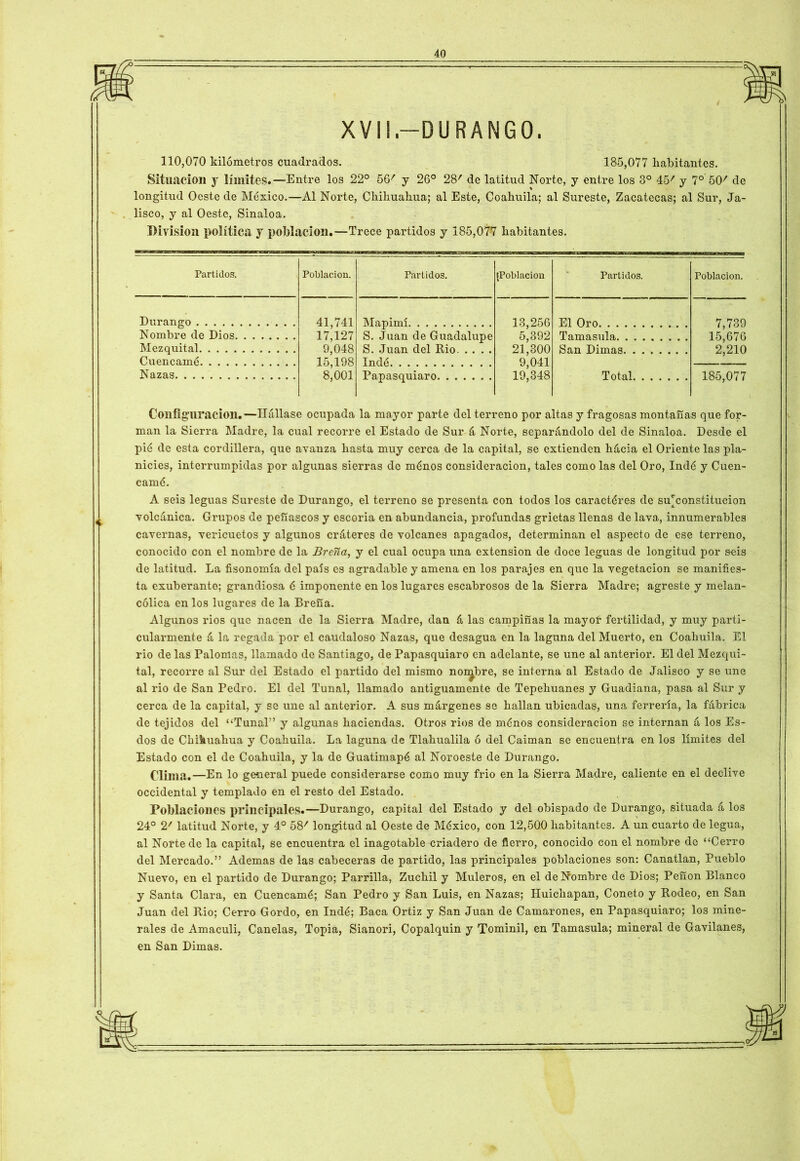 XVI!.—DURANGO. 110,070 kilómetros cuadrados. 185,077 habitantes. Situación y límites.—Entre los 22° 56' y 26° 28r de latitud Norte, y entre los 3o 45/ y 7o 50/ de longitud Oeste de México.—Al Norte, Chihuahua; al Este, Coahuila; al Sureste, Zacatecas; al Sur, Ja- lisco, y al Oeste, Sinaloa. División política y población.—Trece partidos y 185,077 habitantes. Partidos. Población. Partidos. (Población Partidos. Durango 41,741 17,127 9,048 15,198 8,001 Mapimí 13,256 5,392 21,300 9,041 19,348 El Oro Nombre de Dios Mezquital Cuencamé S. Juan de Guadalupe S. Juan del Rio Indé Tamasula San Dimas Total Nazas Papasquiaro Población. 7,739 15,676 2,210 185,077 Configuración.—Hállase ocupada la mayor parte del terreno por altas y fragosas montañas que for- man la Sierra Madre, la cual recorre el Estado de Sur á Norte, separándolo del de Sinaloa. Desde el pié de esta cordillera, que avanza hasta muy cerca de la capital, se extienden hácia el Oriente las pla- nicies, interrumpidas por algunas sierras de ménos consideración, tales como las del Oro, Indé y Cuen- camé. A seis leguas Sureste de Durango, el terreno se presenta con todos los caractéres de su^constitucion volcánica. Grupos de peñascos y escoria en abundancia, profundas grietas llenas de lava, innumerables cavernas, vericuetos y algunos cráteres de volcanes apagados, determinan el aspecto de ese terreno, conocido con el nombre de la Breña, y el cual ocupa una extensión de doce leguas de longitud por seis de latitud. La fisonomía del país es agradable y amena en los parajes en que la vegetación se manifies- ta exuberanto; grandiosa é imponente en los lugares escabrosos de la Sierra Madre; agreste y melan- cólica en los lugares de la Breña. Algunos rios que nacen de la Sierra Madre, dan á las campiñas la mayoí fertilidad, y muy parti- cularmente á la regada por el caudaloso Nazas, que desagua en la laguna del Muerto, en Coahuila. El rio de las Palomas, llamado de Santiago, de Papasquiaro en adelante, se une al anterior. El del Mezqui- tal, recorre al Sur del Estado el partido del mismo nombre, se interna al Estado de Jalisco y se une al rio de San Pedro. El del Tunal, llamado antiguamente de Tepehuanes y Guadiana, pasa al Sur y cerca de la capital, y se une al anterior. A sus márgenes se hallan ubicadas, una ferrería, la fábrica de tejidos del “Tunal1’ y algunas haciendas. Otros rios de ménos consideración se internan á los Es- dos de Chihuahua y Coahuila. La laguna de Tlahualila ó del Caiman se encuentra en los límites del Estado con el de Coahuila, y la de Guatimapé al Noroeste de Durango. Clima.—En lo general puede considerarse como muy frió en la Sierra Madre, caliente en el declive occidental y templado en el resto del Estado. Poblaciones principales.—Durango, capital del Estado y del obispado de Durango, situada á los 24° 2/ latitud Norte, y 4o 58/ longitud al Oeste de México, con 12,500 habitantes. A un cuarto de legua, al Norte de la capital, se encuentra el inagotable criadero de fierro, conocido con el nombre de “Cerro del Mercado.” Ademas de las cabeceras de partido, las principales poblaciones son: Canatlan, Pueblo Nuevo, en el partido de Durango; Parrilla, Zuchil y Muleros, en el de Nombre de Dios; Peñón Blanco y Santa Clara, en Cuencamé; San Pedro y San Luis, en Nazas; Huichapan, Coneto y Rodeo, en San Juan del Rio; Cerro Gordo, en Indé; Baca Ortiz y San Juan de Camarones, en Papasquiaro; los mine- rales de Amaculi, Canelas, Topia, Sianori, Copalquin y Tominil, en Tamasula; mineral de Gavilanes, en San Dimas.
