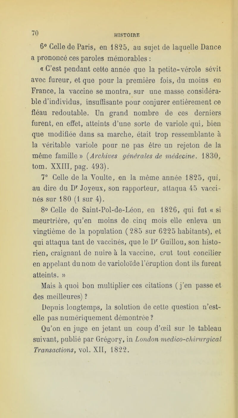 HISTOIRE 6° Celle de Paris, en 1825, au sujet de laquelle Dance a prononcé ces paroles mémorables : a C’est pendant cette année que la petite-vérole sévit avec fureur, et que pour la première fois, du moins en France, la vaccine se montra, sur une masse considéra- ble d’individus, insuffisante pour conjurer entièrement ce fléau redoutable. Un grand nombre de ces derniers furent, en effet, atteints d’une sorte de variole qui, bien que modifiée dans sa marche, était trop ressemblante à la véritable variole pour ne pas être un rejeton de la même famille » {Archives générales de médecine. 1830, tom. XXIII, pag. 493). 7° Celle de la Youlte, en la même année 1825, qui, au dire du Dr Joyeux, son rapporteur, attaqua 45 vacci- nés sur 180 (1 sur 4). 8° Celle de Saint-Pol-de-Léon, en 1826, qui fut « si meurtrière, qu’en moins de cinq mois elle enleva un vingtième de la population (285 sur 6225 habitants), et qui attaqua tant de vaccinés, que le Dr Guillou, son histo- rien, craignant de nuire à la vaccine, crut tout concilier en appelant du nom de varioloïde l’éruption dont ils furent atteints. » Mais à quoi bon multiplier ces citations (j’en passe et des meilleures) ? Depuis longtemps, la solution de cette question n’est- elle pas numériquement démontrée ? Qu’on en juge en jetant un coup d’œil sur le tableau suivant, publié par Grégory, in London médico-chirurgical Transactions, vol. XII, 1822.
