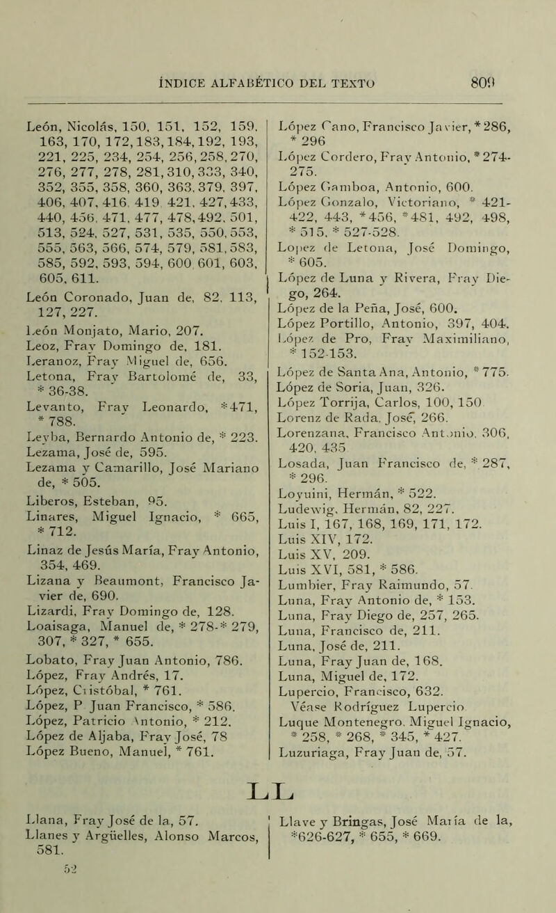 León, Nicolás, 150, 151, 152, 159. 163, 170, 172,183,184,192, 193, 221, 225, 234, 254, 256,258,270, 276, 277, 278, 281,310,333, 340, 352, 355, 358, 360, 363,379, 397, 406, 407, 416. 419 421, 427,433, 440, 456, 471, 477, 478,492, 501, 513, 524, 527, 531, 535, 550,553, 555, 563, 566, 574, 579, 581,583, 585, 592, 593, 594, 600 601, 603, 605, 611. León Coronado, Juan de, 82, 113, 127, 227. León Monjato, Mario, 207. Leoz, Fray Domingo de, 181. Leranoz, Fray .Miguel de, 656. Letona, Frav Bartolomé de, 33, * 36-38. Levanto, Frav Leonardo, *471, * 788. Leyba, Bernardo Antonio de, * 223. Lezama, José de, 595. Lezama y Caniarillo, José Mariano de, * 505. Liberos, Esteban, 95. Linares, Miguel Ignacio, * 665, * 712. Linaz de Jesús María, Frav Antonio, 354, 469. Lizana y Beaumont, Francisco Ja- vier de, 690. Lizardi, Fray Domingo de, 128. Loaisaga, Manuel de, * 278-* 279, 307, * 327, * 655. Lobato, Fray Juan Antonio, 786. López, Fray Andrés, 17. López, Ciistóbal, * 761. López, P Juan Francisco, * 586. López, Patricio \ntonio, * 212. López de Aljaba, P>ay José, 78 López Bueno, Manuel, * 761. López Cano, Francisco Ja vier, * 286, * 296 Ló|)cz Cordero, Fray .Antonio, * 274- 275. López (iamboa, .Antonio, 600. López Gonzalo, Victoriano, * 421- 422, 443, *456, =481, 492, 498, * 515. * 527-528. López de Letona, José Domingo, 605. López de Luna y Rivera, Fray Die- go, 264. López de la Peña, José, 600. López Portillo, Antonio, 397, 404. López de Pro, Frav Maximiliano, * 152 153. López de Santa Ana, Antonio, * 775. López de Soria, Juan, 326. López Torrija, Carlos, 100, 150 Lorenz de Rada, José, 266. Lorenzana, Francisco .Ant.jnio, .306, 420, 435 Losada, Juan Francisco de, 287, * 296. Loyuini, Hermán, * 522. Ludewig. Hermán, 82, 227. Luis I, 167, 168, 169, 171, 172. Luis XIV, 172. Luis XV, 209. Luis XVI, 581, * 586. Lumbier, Fray Raimundo, 57. Luna, Fray Antonio de, * 153. Luna, Fray Diego de, 257, 265. Luna, Francisco de, 211. Luna, José de, 211. Luna, Fray Juan de, 168. Luna, Miguel de, 172. Lupercio, Francisco, 632. Véase Rodríguez Lupercio Luque Montenegro, Miguel Ignacio, * 258, * 268, * 345, * 427. Luzuriaga, Fray Juan de, .57. LL Llana, Fray José de la, 57. Llanes y Arguelles, Alonso Marcos, 581. Llave y Bringas, José Maiía de la, *626-627, * 655, * 669.