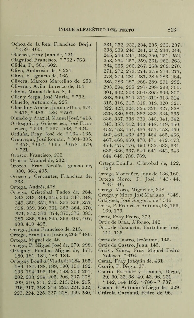 Ochoa de la Rea, Francisco Borja, * 459 - 460. Olachea, Fra}’Juan de, 121. Olaguibel Francisco, * 762 - 763. Olidén, P., 561, 602. Oliva, Ambrosio de, * 224. Oliva, P. Ignacio de, 165. Olivera, Marcos Marcelino de, 259. Olivera y Avila, Lorenzo de, 104. Olivos, Manuel de los. 8, 9. 011er y Serpa, José María, * 732. Olmedo, Antonio de, 225. Olmedo v Araziel, Juan de Dios, 374, *413,'* 485-486 *507. Olmedo y Araziel, Manuel José, *413. Ordozgoiti y Goicoechea, José Fran- cisco, * 546, * 567 - 568, * 624. Orduña, Fray José de, * 164 - 165. Ornarequi, José Román, * 301-305, * 473, * 607, * 665, * 678 - 679, * 721. Orosco, Francisco, 232. Orosco, Manuel de, 232. Orozco, Fray Nicolás Ignacio de, 330, 363, 405. Orozco y Cervantes, Francisca de, 233. Ortega, Andrés, 408. Ortega, Cristóbal Tadeo de, 284, 342, 343, 344, 345, 346, 347, 348, 349, 350, 352, 354, 355, 356, 357, 358, 359, 360, 361, 363, 364, 370, 371, 372, 373. 374,375,376, 383, 385, 386, 390, 395, 396, 405, 407, 408, 410, 425. Ortega, Juan Francisco de, 215. Ortega, Frayjuan Joséde, 269 *486. Ortega, .Miguel de, 46. Ortega, P. Miguel José de, 279, 298. Ortega v Bonilla, Miguel de, 177, 180, 181, 182, 183, 184. Ortega v Bonilla (Viuda de) 184,185, 186, Í87, 188, 189, l90, 191, 192, 193, 194, 195, 196, 198, 200, 201, 202, 203, 204, 205, 206, 207, 208, 209, 210, 211, 212, 213, 214, 215, 216, 217, 218, 219, 220, 221, 222, 223, 224, 225, 227, 228, 229, 230, I 231, 232, 233, 234, 235, 236, 237, 238, 239, 240, 241, 242, 243, 244, 245, 246, 247, 248, 250, 251, 252, 253, 254, 257, 259, 261, 262, 263, 264, 265, 266, 267, 268, 269, 270, 271, 272, 273, 274, 275. 276, 277, 278, 279, 280, 281, 282. 283, 284, 285, 286, 287, 288. 289. 291, 292, 293, 294, 295, 297. 298> 299, 300, 301, 302, 303, 304; 305; 306, 307, 308, 309, 310, 311. 312- 313, 314, 315, 316, 317. 318, 319, 320, 321, 322, 323, 324, 325, 326. 327, 328, 329, 330, 331, 332, 333 334, 335, 336, 337, 338, 339, 340, 341, 342, 345, 353, 442, 443, 448, 449, 450, 452, 453, 454, 455, 457, 458, 459, 460, 461, 462, 463, 464, 465, 466, 467, 468, 469, 470, 471, 472, 473, 474, 475, 476, 490, 632, 633, 634, 635, 636, 637, 640, 641, 642, 643, 644, 648, 788, 789. Ortega Bonilla, Cristóbal de, 122, 123. Ortega Montañez, Juan de, 136,160. Ortega Moro, P. José, * 43 - 44, * 45 - 46, Ortega Moro, Miguel de, 348. Ortega y Moro, José Mariano, *348. Ortigosa, José Gregorio de * 546. Ortiz, P. Francisco Antonio, 93,166, 169, 173. Ortiz, Fray Pedro, 272. Ortiz de Oraa, Alfonso, 142. Ortiz de Casqueta, Bartolomé José, 114, 123. Ortiz de Ca.stro, Jerónimo, 145. Ortiz de Castro, Juan, 145. Ortiz y Núñez, Fray Miguel Pedro Nolasco, * 616. Osma, Fray Joaquín de, 431. Osorio, P. Diego, 37. Osorio Escobar v Llamas, Diego, 29, 30, 32, 38 40, 43, 96, 121, * 142, 144 182, * 786 - * 787. Osuna, P. Antonio ó Diego de, 229. Otárola Carvajal, Pedro de, 96.