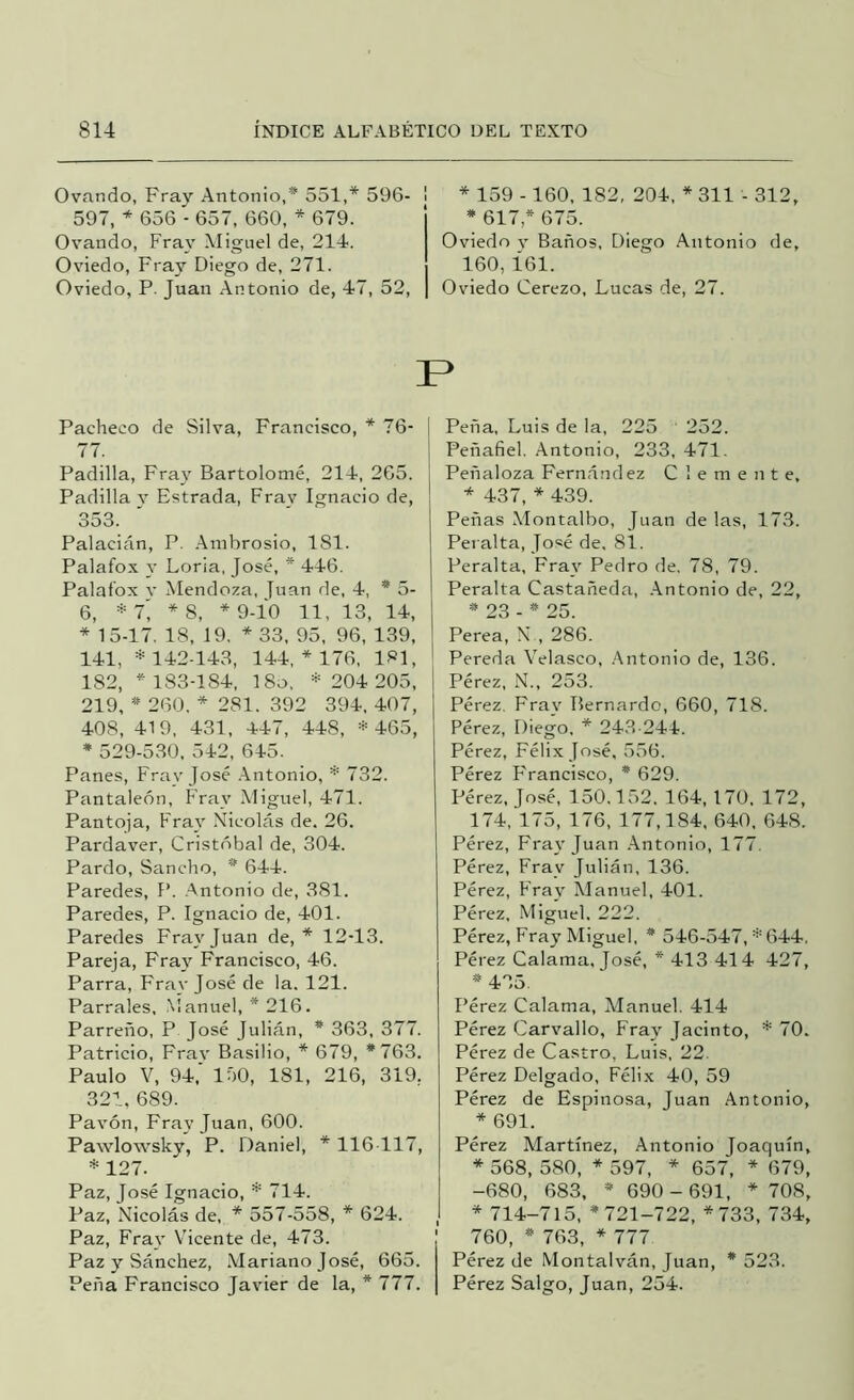 Ovando, Fray Antonio,*^ 551,* 596- 1 597, * 656 - 657, 660, * 679. Ovando, Fray Miguel de, 214. Oviedo, Fray Diego de, 271. Oviedo, P. Juan Antonio de, 47, 52, * 159 -160, 182, 204, * 311 - 312, * 617,* 675. Oviedo V Baños, Diego Antonio de, 160, Í61. Oviedo Cerezo, Lucas de, 27. Pacheco de Silva, Francisco, * 76- 77. Padilla, Fra}' Bartolomé, 214, 265. Padilla Y Estrada, Frav Ignacio de, 353. Palacián, P. .Imbrosio, 181. Palafox y Loria, José, * 446. Palafox v Mendoza, juan de, 4, * 5- 6, =^7' * 8, * 9-ÍO 11, 13, 14, * 15-17. 18, 19, * 33. 95, 96, 139, 141, *142-143, 144, * 176, 181, 182, * 183-184, 18o, * 204 205, 219, * 260, * 281. 392 394, 407, 408, 419, 431, 447, 448, *465, * 529-5v30, 542, 645. Panes, Frav José .Intonio, * 732. Pantaleón, Fray Miguel, 471. Pantoja, Fray Nicolás de. 26. Pardaver, Cristóbal de, 304. Pardo, Sancho, * 644. Paredes, P. .Antonio de, 381. Paredes, P. Ignacio de, 401. Paredes Fray Juan de,* 12-13. Pareja, Fray Francisco, 46. Parra, Fray José de la. 121. Parrales, .Manuel, * 216. Parreño, P José Julián, * 363, 377. Patricio, Frav Basilio, * 679, *763. Paulo V, 94.' IñO, 181, 216, 319. 321, 689. Pavón, Fray Juan, 600. Pawlowsky, P. Daniel, * 116117, * 127. Paz, José Ignacio, * 714. Paz, Nicolás de, * 557-558, * 624. Paz, Fray Vicente de, 473. Paz y Sánchez, .Mariano José, 665. Peña Francisco Javier de la, * 777. Peña, Luis de la, 225 252. Peñafiel. Antonio, 233, 471. Peñaloza Fernández Clemente, * 437, * 439. Peñas Montalbo, Juan de las, 173. Peralta, José de. 81. Peralta, Fray Pedro de. 78, 79. Peralta Castañeda, .Antonio de, 22, * 23 - * 25. Perea, N , 286. Pereda Veiasco, .Antonio de, 136. Pérez, N., 253. Pérez. Fray Bernardo, 660, 718. Pérez, Diego. * 243-244. Pérez, Félix José, 556. Pérez F'rancisco, * 629. Pérez, José, 150.152. 164,170, 172, 174, 175, 176, 177,184, 640, 648. Pérez, Fray Juan .Antonio, 177. Pérez, Fray Julián, 136. Pérez, Fray Manuel, 401. Pérez, Miguel. 222. Pérez, Fray Miguel, * 546-547, *644, Pérez Calama, José, * 413 414 427, * 435. I’érez Calama, Alanuel. 414 Pérez Carvallo, Fray Jacinto, * 70. Pérez de Castro, Luis, 22. Pérez Delgado, Félix 40, 59 Pérez de Espinosa, Juan Antonio, * 691. Pérez Martínez, Antonio Joaquín, * 568, 580, * 597, * 657, * 679, -680, 683, * 690 - 691, * 708, * 714-715, *721-722, *733, 734, 760, * 763, * 777 Pérez de Montalván, Juan, * 523. Pérez Salgo, Juan, 254.