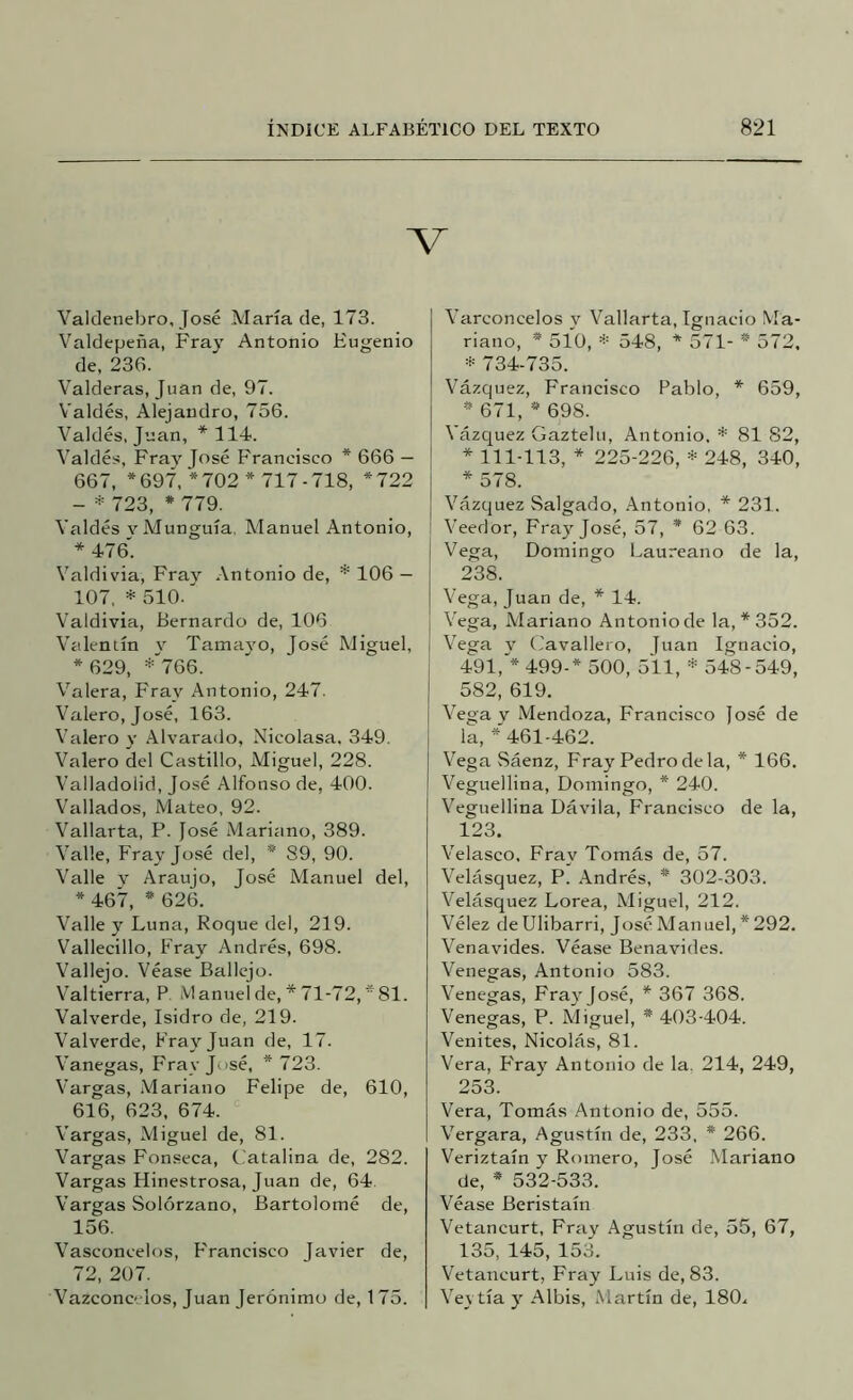 V Valdenebro, José María de, 173. Valdepeña, Fray Antonio Eugenio de, 236. Valderas, Juan de, 97. Valdés, Alejandro, 756. Valdés, Juan, ■* 114. Valdés, Fray José Francisco * 666 — 667, *697, *702 * 717-718, *722 - * 723, * 779. Valdés vMunguía, Manuel Antonio, * 476*. Valdivia, Fray Antonio de, * 106 — 107, * 510. Valdivia, Bernardo de, 106 Valentín y Tamayo, José Miguel, * 629, *'766. Valera, Fray Antonio, 247. Valero, José, 163. Valero y Alvarado, Nicolasa. 349, Valero del Castillo, Miguel, 228. Valladolid, José Alfonso de, 400. Vallados, Mateo, 92. Vallarta, P. José Mariano, 389. Valle, Fray José del, * 89, 90. Valle V Araujo, José Manuel del, * 467, * 626. Valle y Luna, Roque del, 219. Vallecillo, Fray Andrés, 698. Vallejo. Véase Ballcjo. Valtierra, P. Manuelde, *71-72, *81. Valverde, Isidro de, 219. Valverde, Fray Juan de, 17. Vanegas, Fray José, * 723. Vargas, Mariano Felipe de, 610, 616, 623, 674. Vargas, Miguel de, 81. Vargas Fonseca, C'atalina de, 282. Vargas Hinestrosa, Juan de, 64 Vargas Solórzano, Bartolomé de, 156. Vasconcelos, Francisco Javier de, 72, 207. Vazconcclos, Juan Jerónimo de, 175. Varconcelos y Vallarta, Ignacio Ma- riano, * 510, =!= 548, * 571- * 572, * 734-735. Vázquez, Francisco Pablo, * 659, * 671, * 698. Vázcjuez Gaztelii, Antonio. * 81 82, * 111-113, * 225-226, * 248, 340, * 578. Vázquez Salgado, Antonio, * 231. Veedor, Fray José, 57, * 62 63. Vega, Domingo Laureano de la, 238. Vega, Juan de, * 14. Vega, Mariano Antonio de la, *352. Vega V (Mvallero, Juan Ignacio, 491,'* 499-* 500, 511, * 548-549, 582, 619. Vega v Mendoza, Francisco José de la, *461-462. Vega Sáenz, Fray Pedro de la, * 166. Veguellina, Domingo, * 240. Veguellina Dávila, Francisco de la, 123. Velasco. Fray Tomás de, 57. Velásquez, P. Andrés, * 302-303. Velásquez Lorea, Miguel, 212. Vélez deUlibarri, José Manuel, *292. Venavides. Véase Benavides. Venegas, Antonio 583. Venegas, Fray José, * 367 368. Venegas, P. Miguel, * 403-404. Venites, Nicolás, 81. Vera, Fray Antonio de la. 214, 249, 253. Vera, Tomás Antonio de, 555. Vergara, Agustín de, 233, * 266. Veriztaín y Romero, José Mariano de, * 532-533. Véase Beristaín Vetancurt, Fray Agustín de, 55, 67, 135, 145, 153. Vetancurt, Fray Luis de, 83. Veytíay Albis, Martín de, 180.
