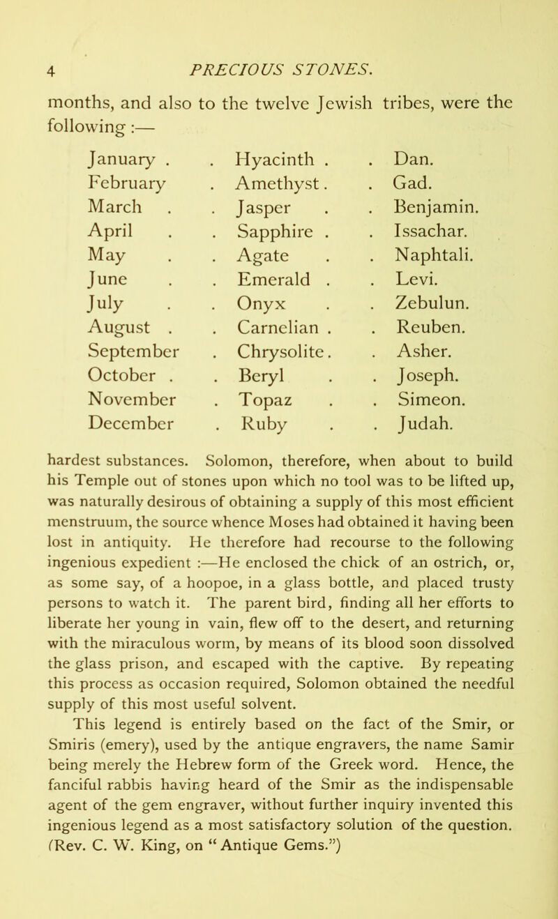 months, and also to the twelve Jewish tribes, were the following :— January . . Hyacinth . . Dan. February . Amethyst. . Gad. March Jasper Benjamin. April Sapphire . . Issachar. May . Agate . Naphtali. June . Emerald . . Levi. July Onyx Zebulun. August . . Carnelian . . Reuben. September . Chrysolite. . Asher. October . . Beryl . J oseph. November . Topaz . Simeon. December . Ruby . Judah. hardest substances. Solomon, therefore, when about to build his Temple out of stones upon which no tool was to be lifted up, was naturally desirous of obtaining a supply of this most efficient menstruum, the source whence Moses had obtained it having been lost in antiquity. He therefore had recourse to the following ingenious expedient :—He enclosed the chick of an ostrich, or, as some say, of a hoopoe, in a glass bottle, and placed trusty persons to watch it. The parent bird, finding all her efforts to liberate her young in vain, flew off to the desert, and returning with the miraculous worm, by means of its blood soon dissolved the glass prison, and escaped with the captive. By repeating this process as occasion required, Solomon obtained the needful supply of this most useful solvent. This legend is entirely based on the fact of the Smir, or Smiris (emery), used by the antique engravers, the name Samir being merely the Hebrew form of the Greek word. Hence, the fanciful rabbis having heard of the Smir as the indispensable agent of the gem engraver, without further inquiry invented this ingenious legend as a most satisfactory solution of the question. (Rev. C. W. King, on “ Antique Gems.”)