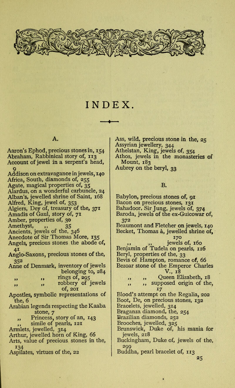 INDEX. A. Aaron’s Ephod, precious stones in, 154 Abraham, Rabbinical story of, 113 Account of jewel in a serpent’s head, 9 . . , Addison on extravagance m jewels, 140 Africa, South, diamonds of, 255 Agate, magical properties of, 35 Alardus, on a wonderful carbuncle, 24 Alban’s, jewelled shrine of Saint, 168 Alfred, King, jewel of, 353 Algiers, Dey of, treasury of the, 371 Amadis of Gaul, story of, 71 Amber, properties of, 30 Amethyst, ,, 35 Ancients, jewels of the. 346 Anecdote of Sir Thomas More, 135 Angels, precious stones the abode of, 41 Anglo-Saxons, precious stones of the, 352 Anne of Denmark, inventory of jewels belonging to, 284 ,, ,, rings of, 295 ,, „ robbery of jewels of, 201 Apostles, symbolic representations of the, 6 Arabian legends respecting the Kaaba stone, 7 ,, Princess, story of an, 143 ,, simile of pearls, 121 Armlets, jewelled, 314 Arthur, jewelled horn of King, 66 Arts, value of precious stones in the, 134 Aspilates, virtues of the, 22 Ass, wild, precious stone in the, 25 Assyrian jewellery, 344 Athelstan, King, jewels of, 354 Athos, jewels in the monasteries of Mount, 183 Aubrey on the beryl, 33 B. Babylon, precious stones of, 91 Bacon on precious stones, 131 Bahadoor, Sir Jung, jewels of, 374 Baroda, jewels of the ex-Guicowar of, 372 Beaumont and Fletcher on jewels, 140 Becket, Thomas a, jewelled shrine of, 170 ,, ,, jewels of, 160 Benjamin of Tudela on pearls, 116 Beryl, properties of the, 33 Bevis of Hampton, romance of, 66 Bezoar stone of the Emperor Charles V., 18 ,, ,, Queen Elizabeth, 18 ,, ,, supposed origin of the, 17 Blood’s attempt on the Regalia, 202 Boot, De, on precious stones, 132 Bracelets, jewelled, 314 Braganza diamond, the, 254 Brazilian diamonds, 252 Brooches, jewelled, 325 Brunswick, Duke of, his mania for jewels, 218 Buckingham, Duke of, jewels of the, 299 Buddha, pearl bracelet of, 113 25