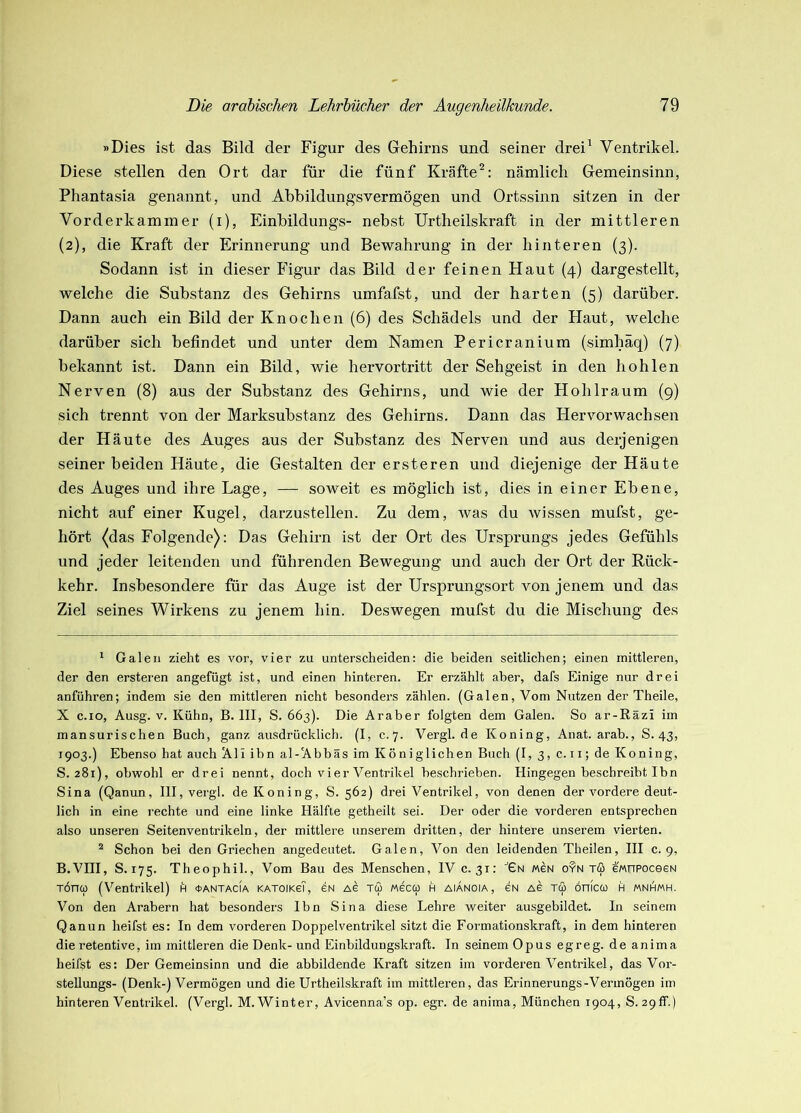 »Dies ist das Bild der Figur des Gehirns und seiner drei^ Ventrikel. Diese stellen den Ort dar für die fünf Kräfte^: nämlich Gemeinsinn, Phantasia genannt, und Ahhildungsvermögen und Ortssinn sitzen in der Vorderkammer (i), Einhildungs- nebst Urtheilskraft in der mittleren (2), die Kraft der Erinnerung und Bewahrung in der hinteren (3). Sodann ist in dieser Figur das Bild der feinen Haut (4) dargestellt, welche die Substanz des Gehirns umfafst, und der harten (5) darüber. Dann auch ein Bild der Knochen (6) des Schädels und der Haut, welche darüber sich befindet und unter dem Namen Pericranium (simhäq) (7) bekannt ist. Dann ein Bild, wie hervortritt der Sehgeist in den hohlen Nerven (8) aus der Substanz des Gehirns, und wie der Hohlraum (9) sich trennt von der Marksubstanz des Gehirns. Dann das Hervorwachsen der Häute des Auges aus der Substanz des Nerven und aus derjenigen seiner beiden Häute, die Gestalten der ersteren und diejenige der Häute des Auges und ihre Lage, — soweit es möglich ist, dies in einer Ebene, nicht auf einer Kugel, darzustellen. Zu dem, was du wissen mufst, ge- hört ^das Folgende): Das Gehirn ist der Ort des Ursprungs jedes Gefühls und jeder leitenden und führenden Bewegung und auch der Ort der Rück- kehr. Insbesondere für das Auge ist der Ursprungsort von jenem und das Ziel seines Wirkens zu jenem hin. Deswegen mufst du die Mischung des * Galen zieht es vor, vier zu unterscheiden: die beiden seitlichen; einen mittleren, der den ersteren angefügt ist, und einen hinteren. Er erzählt aber, dafs Einige nur drei anführen; indem sie den mittleren nicht besonders zählen. (Galen, Vom Nutzen der Theile, X c.io, Ausg. V. Kühn, B. III, S. 663). Die Araber folgten dem Galen. So ar-Räzi im mansurischen Buch, ganz ausdrücklich. (I, c.7. Vergl.de Koning, Anat. arab., S. 43, 1903.) Ebenso hat auch Aliibn al-Abbäs im Koni glichen Buch (I, 3, c. ii; de Koning, S. 281), obwohl er drei nennt, doch vier Ventrikel beschrieben. Hingegen beschreibt Ibn Sina (Qanun, III, vergl. de Koning, S. 562) drei Ventrikel, von denen der vordere deut- lich in eine rechte und eine linke Hälfte getheilt sei. Der oder die vorderen entsprechen also unseren Seitenventrikeln, der mittlere unserem dritten, der hintere unserem vierten. ^ Schon bei den Griechen angedeutet. Galen, Von den leidenden Theilen, HI c. 9, B.VIII, S.175. Theophil., Vom Bau des Menschen, IV c. 31: ''Gn mcn oyn tö ewriPoceeN Toncü (Ventrikel) h 4>antacia katoikgT, gn ag tu mgcu h aianoia, gn ag tu önfcu h mnhmh. Von den Arabern hat besonders Ibn Sina diese Lehre weiter ausgebildet. In seinem Qanun heifst es: In dem vorderen Doppelventrikel sitzt die Formationskraft, in dem hinteren die retentive, im mittleren die Denk- und Einbildungskraft. In seinem Opus egreg. de anima heifst es: Der Gemeinsinn und die abbildende Kraft sitzen im vorderen Ventrikel, das Vor- stellungs- (Denk-) Vermögen und die Urtheilskraft im mittleren, das Erinnerungs-Vermögen im hinteren Ventrikel. (Vergl. M. Winter, Avicenna’s op. egr. de anima, München 1904, S. 29fr.)