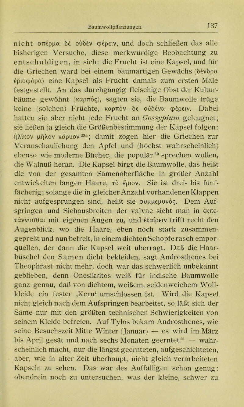 Baumwollpflanzungen. nicht OTieppa 5e oubev qpepeiv, und doch schließen das alle bisherigen Versuche, diese merkwürdige Beobachtung zu entschuldigen, in sich: die Frucht ist eine Kapsel, und für die Griechen ward bei einem baumartigen Gewächs (öevbpa epiocpöpa) eine Kapsel als Frucht damals zum ersten Male festgestellt. An das durchgängig fleischige Obst der Kultur- bäume gewöhnt (Kapnoq), sagten sie, die Baumwolle trüge keine (solchen) Früchte, Kap-rröv öe oubeva qpepeiv. Dabei hatten sie aber nicht jede Frucht an Gossypium geleugnet; sie ließen ja gleich die Größenbestimmung der Kapsel folgen: fiXiKov prjXov Kdpuov29a; damit zogen hier die Griechen zur Veranschaulichung den Apfel und (höchst wahrscheinlich) ebenso wie moderne Bücher, die populär30 sprechen wollen, die Walnuß heran. Die Kapsel birgt die Baumwolle, das heißt die von der gesamten Samenoberfläche in großer Anzahl entwickelten langen Haare, tö epiov. Sie ist drei- bis fünf- fächerig; solange die in gleicher Anzahl vorhandenen Klappen nicht aufgesprungen sind, heißt sie ouggepuKo«;. Dem Auf- springen und Sichausbreiten der valvae sieht man in exne- Tdvvucröai mit eigenen Augen zu, und eScupeiv trifft recht den Augenblick, wo die Haare, eben noch stark zusammen- gepreßt und nun befreit, in einem dichten Schopfe rasch empor- quellen, der dann die Kapsel weit überragt. Daß die Haar- büschel den Samen dicht bekleiden, sagt Androsthenes bei Theophrast nicht mehr, doch war das schwerlich unbekannt geblieben, denn Onesikritos weiß für indische Baumwolle ganz genau, daß von dichtem, weißem, seidenweichem Woll- kleide ein fester ,Kern‘ umschlossen ist. Wird die Kapsel nicht gleich nach dem Aufspringen bearbeitet, so läßt sich der Same nur mit den größten technischen Schwierigkeiten von seinem Kleide befreien. Auf Tylos bekam Androsthenes, wie seine Besuchszeit Mitte Winter (Januar) — es wird im März bis April gesät und nach sechs Monaten geerntet31 — wahr- scheinlich macht, nur die längst geernteten, aufgeschichteten, aber, wie in alter Zeit überhaupt, nicht gleich verarbeiteten Kapseln zu sehen. Das war des Auffälligen schon genug: obendrein noch zu untersuchen, was der kleine, schwer zu