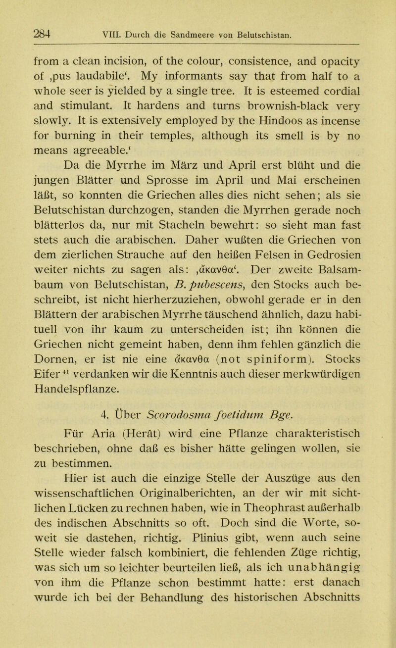 from a clean incision, of the colour, consistence, and opacity of ,pus laudabile*. My informants say that from half to a whole seer is yielded by a single tree. It is esteemed cordial and stimulant. It hardens and turns brownish-black very slowly. It is extensively employed by the Hindoos as incense for burning in their temples, although its smell is by no means agreeable.‘ Da die Myrrhe im März und April erst blüht und die jungen Blätter und Sprosse im April und Mai erscheinen läßt, so konnten die Griechen alles dies nicht sehen; als sie Belutschistan durchzogen, standen die Myrrhen gerade noch blätterlos da, nur mit Stacheln bewehrt: so sieht man fast stets auch die arabischen. Daher wußten die Griechen von dem zierlichen Strauche auf den heißen Felsen in Gedrosien weiter nichts zu sagen als: ,aKav6a‘. Der zweite Balsam- baum von Belutschistan, B. pubescens, den Stocks auch be- schreibt, ist nicht hierherzuziehen, obwohl gerade er in den Blättern der arabischen Myrrhe täuschend ähnlich, dazu habi- tuell von ihr kaum zu unterscheiden ist; ihn können die Griechen nicht gemeint haben, denn ihm fehlen gänzlich die Dornen, er ist nie eine dtcavöa (not spiniform). Stocks Eifer41 verdanken wir die Kenntnis auch dieser merkwürdigen Handelspflanze. 4. Über Scorodosma foetidum Bge. Für Aria (Herät) wird eine Pflanze charakteristisch beschrieben, ohne daß es bisher hätte gelingen wollen, sie zu bestimmen. Hier ist auch die einzige Stelle der Auszüge aus den wissenschaftlichen Originalberichten, an der wir mit sicht- lichen Lücken zu rechnen haben, wie in Theophrast außerhalb des indischen Abschnitts so oft. Doch sind die Worte, so- weit sie dastehen, richtig. Plinius gibt, wenn auch seine Stelle wieder falsch kombiniert, die fehlenden Züge richtig, was sich um so leichter beurteilen ließ, als ich unabhängig von ihm die Pflanze schon bestimmt hatte: erst danach wurde ich bei der Behandlung des historischen Abschnitts