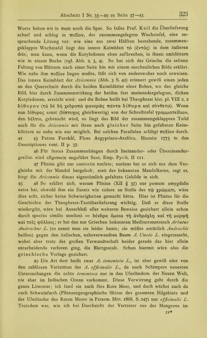 Worte haben wir in ttouji noch die Spur. So faßte Prof. Keil die Überlieferung scharf und schlug in ttuEiov, der zusammengelegten Wachstafel, eine an- sprechende Lösung vor: wie eine aus zwei Hälften bestehende, zusammen- geklappte Wachstafel liegt das innere Keimblatt tö (£vtö<^) in dem äußeren drin; man kann, wenn die Kotyledonen eben auf brechen, in ihnen umblättern wie in einem Buche (vgl. Abb. 2, 3, 4). So hat sich der Grieche die seltene Faltung von Blättern nach einer Seite hin mit einem anschaulichen Bilde erklärt. Wie nahe ihm ttuSiov liegen mußte, läßt sich von anderswoher noch erweisen. Das innere Keimblatt der Avicennici (Abb. 3 S. 42) erinnert gewiß einen jeden an den Querschnitt durch die beiden Keimblätter einer Bohne, wo das gleiche Bild, hier durch Zusammenwirkung der beiden fest aneinandergelegten, dicken Kotyledonen, erreicht wird: und die Bohne heißt bei Theophrast hist. pl. VIII 2, 2 biGupov (xd be br] x^bpoua qpavepüjc; Trdvxa biGupa Kai aüvGexa). Wenn nun biGupoc; sonst (bhrruxcx; gleichwertig) von der Schreibtafel Ypotpjuaxeibiov, den b^Xroi, gebraucht wird, so liegt das Bild der zusammengeklappten Tafel auch für die Avicennia mit ihren nach gleicher Seite hin gefalteten Keim- blättern so nahe wie nur möglich. Bei solchen Parallelen schlägt ttuSiov durch. 41 45 Petrus Forskäl, Flora Aegyptiaco-Arabica, Haunise 1775 in den Descriptiones cent. II p. 37. 46 Für festes Zusammenhängen durch Ineinander- oder Übereinander- greifen wird allgemein angeführt Sext. Emp. Pyrrh. II in. 47 Plinius gibt nur contortis nucleis; nucleus hat er sich aus dem Ver- gleiche mit der Mandel hergeholt; statt des bekannten Mandelkerns, sagt er, birgt die Avicennia dieses eigentümlich gefaltete Gebilde in sich. 43 4S So erklärt sich, warum Plinius (XII § 37) nur pomum amygdalis extra hat, obwohl ihm ein Zusatz wie colore an Stelle des tuj XPwpaxt, wäre dies echt, sicher keine Schwierigkeiten gemacht hätte. Hier ist Plinius für die Geschichte der Theophrast-Textüberlieferung wichtig. Daß er diese Stelle wiedergibt, wäre bei Ausschluß aller weiteren Beweise gesichert allein schon durch species similis unedoni = bevbpa öpoia xf| avbpaxM;] Kai xf| popqpfj Kai xoiq qpuWoiq; er hat den nur Griechen bekannten Mediterranstrauch Arbutus Andrachne L. (so nennt man sie leider heute; sie müßte natürlich Andrachle heißen) gegen den italischen, naheverwandten Baum A. Unedo L. eingetauscht, wobei aber trotz der großen Verwandtschaft beider gerade das hier allein entscheidende verloren ging, die Blattgestalt. Schon hiermit wäre also die griechische Vorlage gesichert. 49 Die Art dort heißt zwar A. tomentosa Z., ist aber gewiß eine von den zahllosen Varietäten der A, officinalis Z., da nach Schimpers neuesten Untersuchungen die echte tomentosa nur in den Uferländern der Neuen Welt, nie aber im Indischen Ozean vorkommt. Diese Verwirrung geht durch die ganze Literatur; ich fand sie auch fürs Rote Meer, und doch wächst auch da nach Schweinfurth (Pflanzengeographische Skizze des gesamten Nilgebiets und der Uferländer des Roten Meers in Peterm. Mitt. 186S, S. 247) nur officinalis Z. Trotzdem war, wie ich bei Durchsicht der Vertreter aus der Mangrove im 21+