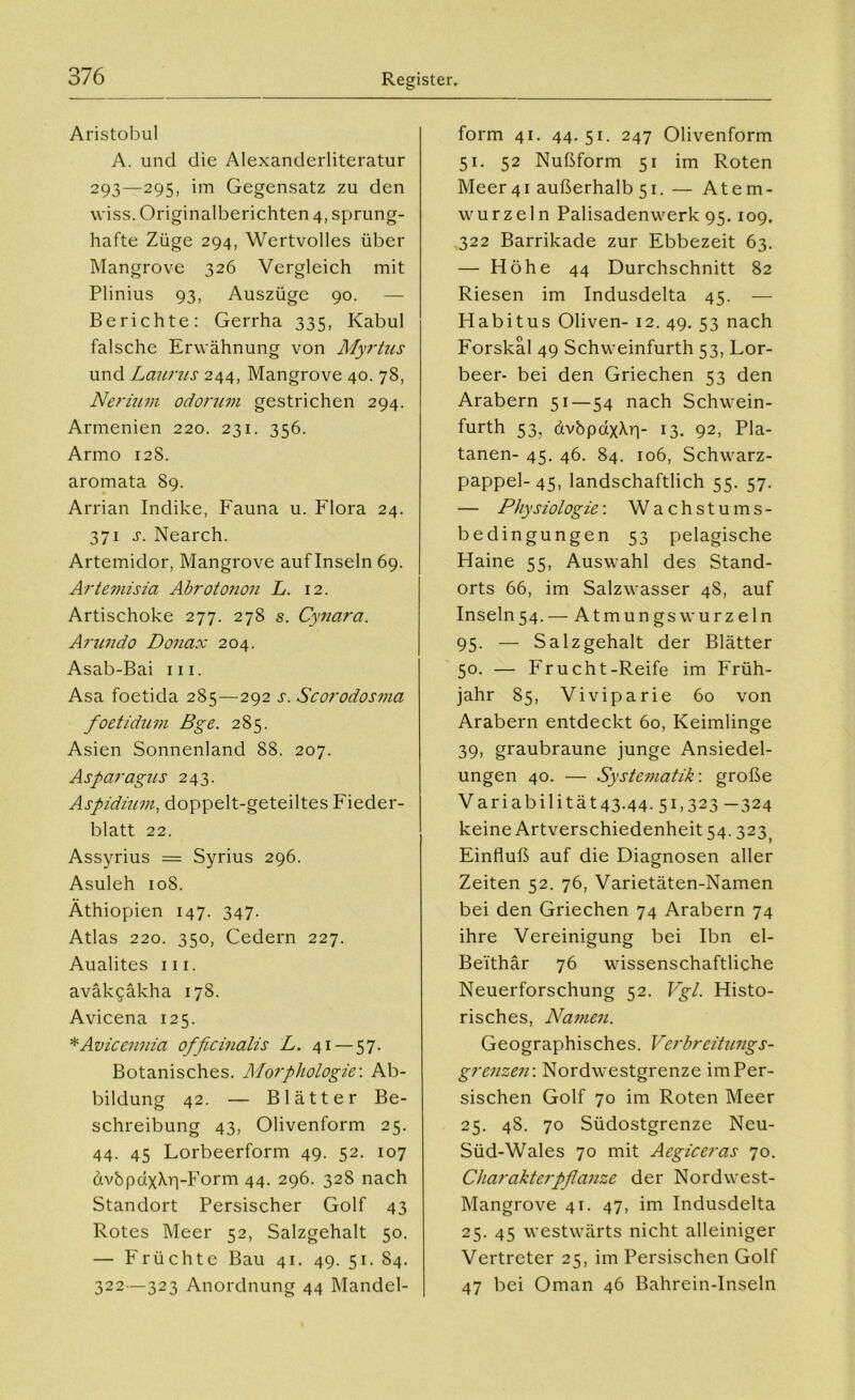 Aristobul A. und die Alexanderliteratur 293—295, im Gegensatz zu den wiss. Originalberichten 4, sprung- hafte Züge 294, Wertvolles über Mangrove 326 Vergleich mit Plinius 93, Auszüge 90. — Berichte: Gerrha 335, Kabul falsche Erwähnung von Myrtus und Laurus 244, Mangrove 40. 78, Nerium odorum gestrichen 294. Armenien 220. 231. 356. Armo 12S. aromata 89. Arrian Indike, Fauna u. Flora 24. 371 j. Nearch. Artemidor, Mangrove auf Inseln 69. Arte?nisia Abrotonon L. 12. Artischoke 277. 278 s. Cynara. Arundo Donax 204. Asab-Bai m. Asa foetida 285—292 s. Scorodosma foetidum Bge. 285. Asien Sonnenland 88. 207. Asparagus 243. Aspidium, doppelt-geteiltes Fieder- blatt 22. Assyrius = Syrius 296. Asuleh 108. Äthiopien 147. 347. Atlas 220. 350, Cedern 227. Aualites m. aväkgäkha 178. Avicena 125. *Avicennia officinalis L. 41 — 57. Botanisches. Morphologie-. Ab- bildung 42. — Blätter Be- schreibung 43, Olivenform 25. 44. 45 Lorbeerform 49. 52. 107 avbpdxM'i-Form 44. 296. 328 nach Standort Persischer Golf 43 Rotes Meer 52, Salzgehalt 50. — Früchte Bau 41. 49. 51. 84. 322—323 Anordnung 44 Mandel- form 41. 44.51. 247 Olivenform 51. 52 Nußform 51 im Roten Meer 41 außerhalb 51.— Atem- wurzeln Palisadenwerk 95.109. 322 Barrikade zur Ebbezeit 63. — Höhe 44 Durchschnitt 82 Riesen im Indusdelta 45. — Habitus Oliven- 12. 49. 53 nach Forskal 49 Schweinfurth 53, Lor- beer- bei den Griechen 53 den Arabern 51 — 54 nach Schwein- furth 53, dvbpdxA.rp T3- 92> Pla- tanen- 45. 46. 84. 106, Schwarz- pappel-45, landschaftlich 55. 57. — Physiologie-. Wachstums- bedingungen 53 pelagische Haine 55, Auswahl des Stand- orts 66, im Salzwasser 48, auf Inseln 54.— Atmungs wurzeln 95. — Salzgehalt der Blätter 50. — Frucht-Reife im Früh- jahr 85, Viviparie 60 von Arabern entdeckt 60, Keimlinge 39, graubraune junge Ansiedel- ungen 40. — Systematik-, große Variabilität43.44. 51,323 -324 keine Artverschiedenheit 54. 323t Einfluß auf die Diagnosen aller Zeiten 52. 76, Varietäten-Namen bei den Griechen 74 Arabern 74 ihre Vereinigung bei Ibn el- Beithär 76 wissenschaftliche Neuerforschung 52. Vgl. Histo- risches, Namen. Geographisches. Verbreitungs- grenzen-. Nordwestgrenze im Per- sischen Golf 70 im Roten Meer 25. 48. 70 Südostgrenze Neu- Süd-Wales 70 mit Aegiceras 70. Charakterpflanze der Nordwest- Mangrove 41. 47, im Indusdelta 25. 45 westwärts nicht alleiniger Vertreter 25, im Persischen Golf 47 bei Oman 46 Bahrein-Inseln