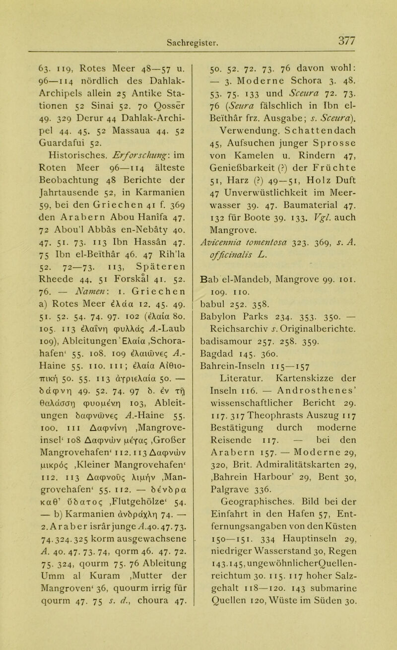 63. 119, Rotes Meer 4S—57 u. 96—114 nördlich des Dahlak- Archipels allein 25 Antike Sta- tionen 52 Sinai 52. 70 Qosser 49. 329 Derur 44 Dahlak-Archi- pel 44. 45. 52 Massaua 44. 52 Guardafui 52. Historisches. Erforschung: im Roten Meer 96—114 älteste Beobachtung 48 Berichte der Jahrtausende 52, in Ivarmanien 59. bei den Griechen 41 f. 369 den Arabern Abou Hanifa 47. 72 Abou’l Abbäs en-Nebäty 40. 47- 51. 73- 113 Ibn Hassan 47. 75 Ibn el-Beithär 46. 47 Rih’la 52. 72—73. 113, Späteren Rheede 44. 51 Forskäl 41. 52. 76. — Namen: 1. Griechen a) Rotes Meer e\da 12. 45. 49. 51. 52. 54. 74. 97. 102 (dkaia 80. 105. 113 eXdivp qpuÄAac; A.-Laub 109), Ableitungen’ E\aia .Schora- hafen' 55. 108. 109 6\ai0uveq A.- Haine 55. 110. m; e\a(a Aiöio- ttikp 50. 55. 113 &Ypie\oua 50. — baqpvq 49. 52. 74. 97 b. ev xf| 9a\daai] qpuo|uev.r| 103, Ableit- ungen bacpvujveq A.-Haine 55. 100. m Aaqpvivp .Mangrove- inseh 108 Aaqpvdiv pefac; ,Großer Mangrovehafen' 112.113 Aaqpvcuv piKp6<; ,Kleiner Mangrovehafen' 112. 113 Aaqpvoüq Xippv .Man- grovehafen' 55. 112. — bevbpa Ka0’ ubaToq .Flutgehölze' 54. — b) Karmanien dvbpdxA.il 74. — 2. Araber isrärjunge A40.47.73. 74.324.325 korm ausgewachsene A. 40. 47. 73. 74, qorm 46. 47. 72. 75. 324, qourm 75. 76 Ableitung Umm al Kuram .Mutter der Mangroven' 36, quourm irrig für qourm 47. 75 s. d., choura 47. 50. 52. 72. 73. 76 davon wohl: — 3. Moderne Schora 3. 48. 53- 75- x33 und Sceura 72. 73. 76 (Seura fälschlich in Ibn el- Beithär frz. Ausgabe; s. Sceura). Verwendung. Schatten dach 45, Aufsuchen junger Sprosse von Kamelen u. Rindern 47, Genießbarkeit (?) der Früchte 51, Harz (?) 49—51, Holz Duft 47 Unverwüstlichkeit im Meer- wasser 39. 47. Baumaterial 47. 132 für Boote 39. 133. Vgl. auch Mangrove. Avicennia tomentosa 323. 369, s. A. officinalis L. Bab el-Mandeb, Mangrove 99. 101. 109. 110. babul 252. 358. Babylon Parks 234. 353. 350. — Reichsarchiv s. Originalberichte. badisamour 257. 258. 359. Bagdad 145. 360. Bahrein-Inseln 115—157 Literatur. Kartenskizze der Inseln 116. — Androsthenes’ wissenschaftlicher Bericht 29. 117. 317 Theophrasts Auszug 117 Bestätigung durch moderne Reisende 117. — bei den Arabern 157. — Moderne 29, 320, Brit. Admiralitätskarten 29, .Bahrein Harbour’ 29, Bent 30, Palgrave 336. Geographisches. Bild bei der Einfahrt in den Hafen 57, Ent- fernungsangaben von den Küsten 150—151. 334 Hauptinseln 29, niedriger Wasserstand 30, Regen i43.i45,ungewöhnlicherOuellen- reichtum 30. 115. 117 hoher Salz- gehalt 118—120. 143 submarine Quellen 120, Wüste im Süden 30.