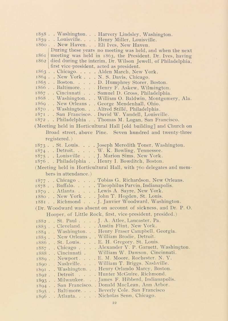 1858 . . Washington. . . Harvery Liudsley, Washington. 1859 . . Louisville. . . . Henry Miller, Louisville. 1860 . . New Haven. . . Kli Ives, New Haven. I During these years no meeting was held, and when the next 1861 ! meeting was held in 1863, the President, Dr. Ives, having 1862 j died during the interim, Dr. Wilson Jewell, of Philadelphia, [first vice-president, acted as president. 1863 . . Chicago Alden March, New York. 1864 . . New York . . . N. S. Davis, Chicago. 1865 . . Boston D. Humphrey Storer, Boston. 1866 . . Baltimore. . . . Henry F. Askew, Wilmington. 1867 . . Cincinnati . . . Samuel D. Gross, Philadelphia. 1868 . . Washington. . . William O. Baldwin, Montgomery, Ala. 1869 . . New Orleans . . George Mendenhall, Ohio. 1870 . . Washington. . . Alfred Stille, Philadelphia. 1871 . . San Francisco. . David W. Yandell, Louisville. 1872 . . Philadelphia . . Thomas M. Logan, San Francisco. (Meeting held in Horticultural Hall [old building] and Church on Broad street, above Pine. Seven hundred and twenty-three registered.) 1873 • . St. Louis. . . . Joseph Meredith Toner, Washington 1874 . . Detroit. . . . . W. K. Bowling, Tennessee. T875 . . Louisville . . . J. Marion Sims, New York. 1876 . . Philadelphia . . Henry I. Bowditch, Boston. (Meeting held in Horticultural Hall, with 760 delegates and mem- bers in attendance.) 1877 1878 1879 1880 1881 Chicago .... Tobias G. Richardson, New Orleans. Buffalo Theophilus Parvin, Indianapolis. Atlanta Lewis A. Sayre, New York. New York . . . John T. Hogden, St. Louis. Richmond . . . J. Janvier Woodward, Washington. (Dr. Woodward was absent on account of sickness, and Dr. P. O. Hooper, of Little Rock, first, vice-president, presided.) J. A. Atlee, Lancaster, Pa. Austin Flint, New York. Henry Fraser Campbell, Georgia. William Brodie, Detroit. E. H. Gregory. St. Louis. Alexander Y. P. Garnett, Washington. William W. Dawson, Cincinnati. E. M. Moore, Rochester. N. Y. William T. Briggs. Nashville. Henry Orlando Marcy, Boston. Hunter McGuire, Richmond. James F. Hibberd, Indianapolis. Donald MacLean, Ann Arbor. Beverly Cole, San Francisco Nicholas Senn, Chicago. 1882 . . St. Paul . . . 1883 . . Cleveland. . . 1884 . . Washington. . 1885 . . New Orleans . 1886 . . St. Louis. . . 1887 . . Chicago . . . 1888 . . Cincinnati . 1889 . . Newport. . . 1890 . . Nashville. . . 1891 . . Washington. . 1892 . . Detroit . . . 1893 . . Milwaukee. 1894 . . San Francisco 1895 • . Baltimore. . . 1896 . . Atlanta. . . .