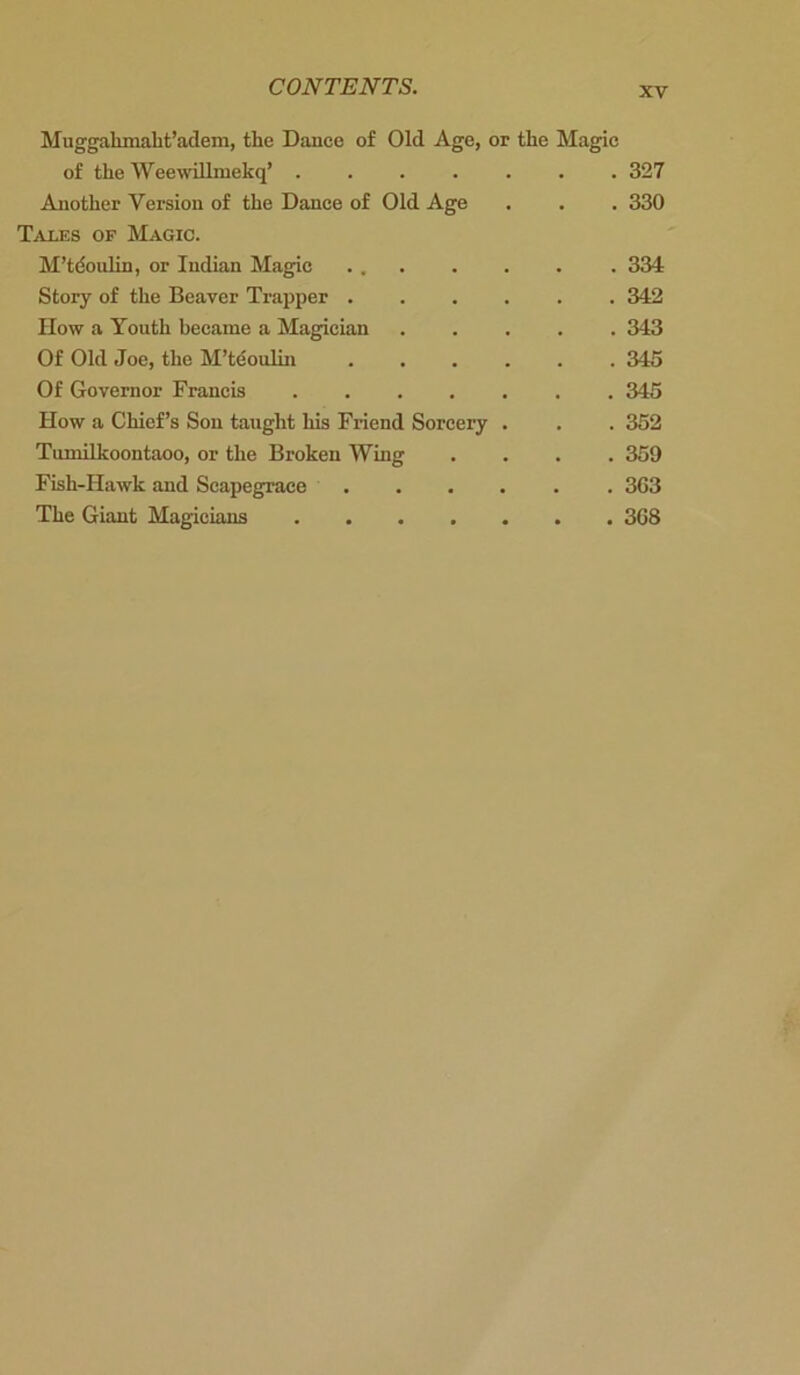 Muggahmaht’adem, the Dance of Old Age, or the Magic of the Weewillmekq’ 327 Another Version of the Dance of Old Age . . . 330 Taxes of Magic. M’tdoulin, or Indian Magic ... . . . . 334 Story of the Beaver Trapper 342 How a Youth became a Magician 343 Of Old Joe, the M’tdoulin 345 Of Governor Francis 345 How a Chief’s Son taught his Friend Sorcery . . . 352 Tiunilkoontaoo, or the Broken Wing .... 359 Fish-Hawk and Scapegrace 363 The Giant Magicians 368
