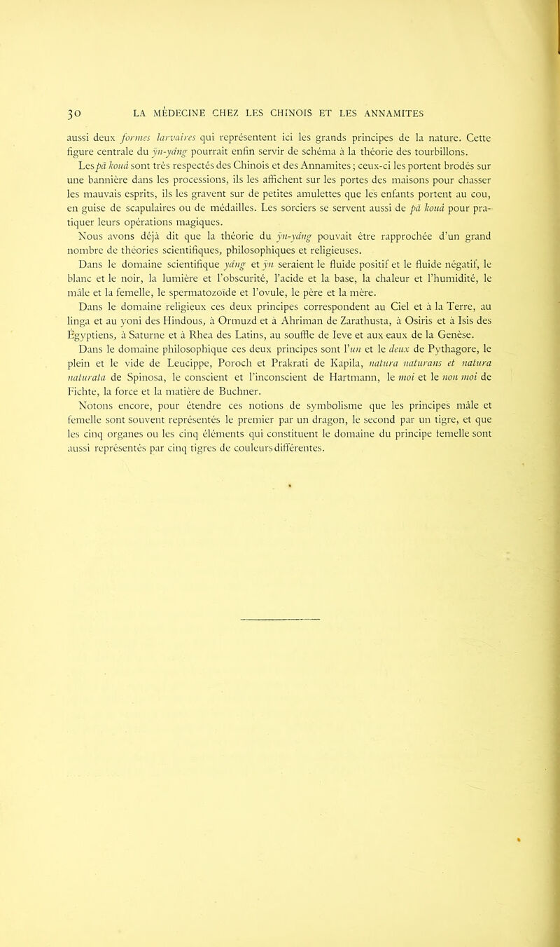 aussi deux formes larvaires qui représentent ici les grands principes de la nature. Cette figure centrale du ÿn-yâng pourrait enfin servir de schéma à la théorie des tourbillons. Lespâ kouà sont très respectés des Chinois et des Annamites ; ceux-ci les portent brodés sur une bannière dans les processions, ils les affichent sur les portes des maisons pour chasser les mauvais esprits, ils les gravent sur de petites amulettes que les enfants portent au cou, en guise de scapulaires ou de médailles. Les sorciers se servent aussi de pci kouà pour pra- tiquer leurs opérations magiques. Nous avons déjà dit que la théorie du ÿn-yâng pouvait être rapprochée d’un grand nombre de théories scientifiques, philosophiques et religieuses. Dans le domaine scientifique ydng et ÿn seraient le fluide positif et le fluide négatif, le blanc et le noir, la lumière et l’obscurité, l’acide et la base, la chaleur et l’humidité, le mâle et la femelle, le spermatozoïde et l’ovule, le père et la mère. Dans le domaine religieux ces deux principes correspondent au Ciel et à la Terre, au linga et au yoni des Hindous, à Ormuzd et à Ahriman de Zarathusta, à Osiris et à Isis des Égyptiens, à Saturne et à Rhea des Latins, au souffle de Ieve et aux eaux de la Genèse. Dans le domaine philosophique ces deux principes sont Y un et le deux de Pythagore, le plein et le vide de Leucippe, Poroch et Prakrati de Kapila, natura naturans et natura naturata de Spinosa, le conscient et l’inconscient de Hartmann, le moi et le non moi de Fichte, la force et la matière de Buchner. Notons encore, pour étendre ces notions de symbolisme que les principes mâle et femelle sont souvent représentés le premier par un dragon, le second par un tigre, et que les cinq organes ou les cinq éléments qui constituent le domaine du principe femelle sont aussi représentés par cinq tigres de couleurs différentes.