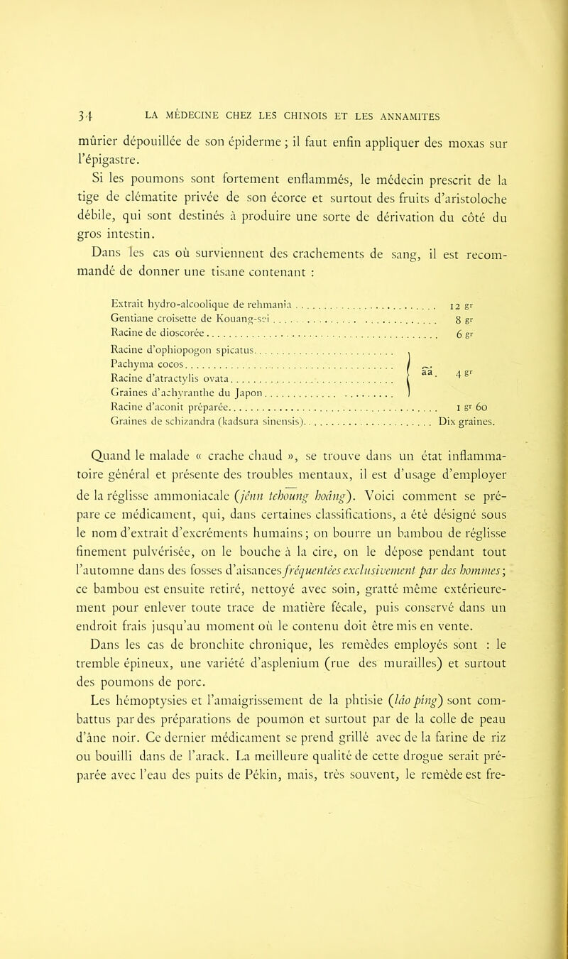 mûrier dépouillée de son épiderme ; il faut enfin appliquer des moxas sur l’épigastre. Si les poumons sont fortement enflammés, le médecin prescrit de la tige de clématite privée de son écorce et surtout des fruits d’aristoloche débile, qui sont destinés à produire une sorte de dérivation du côté du gros intestin. Dans tes cas où surviennent des crachements de sang, il est recom- mandé de donner une tisane contenant : Extrait hydro-alcoolique de rehmania Gentiane croisette de Kouang-sei 8 gr Racine de dioscorée Racine d’ophiopogon spicatus... Pachyma cocos Racine d’atractylis ovata Graines d’achyranthe du Japon Racine d’aconit préparée Graines de schizandra (kadsura sinensis) | aa. 4 Sr Quand le malade « crache chaud », se trouve dans un état inflamma- toire général et présente des troubles mentaux, il est d’usage d’employer de la réglisse ammoniacale (jênn tchoung hoâng). Voici comment se pré- pare ce médicament, qui, dans certaines classifications, a été désigné sous le nom d’extrait d’excréments humains; on bourre un bambou de réglisse finement pulvérisée, on le bouche à la cire, on le dépose pendant tout l’automne dans des fosses d’aisances fréquentées exclusivement par des hommes; ce bambou est ensuite retiré, nettoyé avec soin, gratté même extérieure- ment pour enlever toute trace de matière fécale, puis conservé dans un endroit frais jusqu’au moment où le contenu doit être mis en vente. Dans les cas de bronchite chronique, les remèdes employés sont : le tremble épineux, une variété d’asplenium (rue des murailles) et surtout des poumons de porc. Les hémoptysies et l’amaigrissement de la phtisie ([lâo ping') sont com- battus par des préparations de poumon et surtout par de la colle de peau d’âne noir. Ce dernier médicament se prend grillé avec de la farine de riz ou bouilli dans de l’arack. La meilleure qualité de cette drogue serait pré- parée avec l’eau des puits de Pékin, mais, très souvent, le remède est fre-
