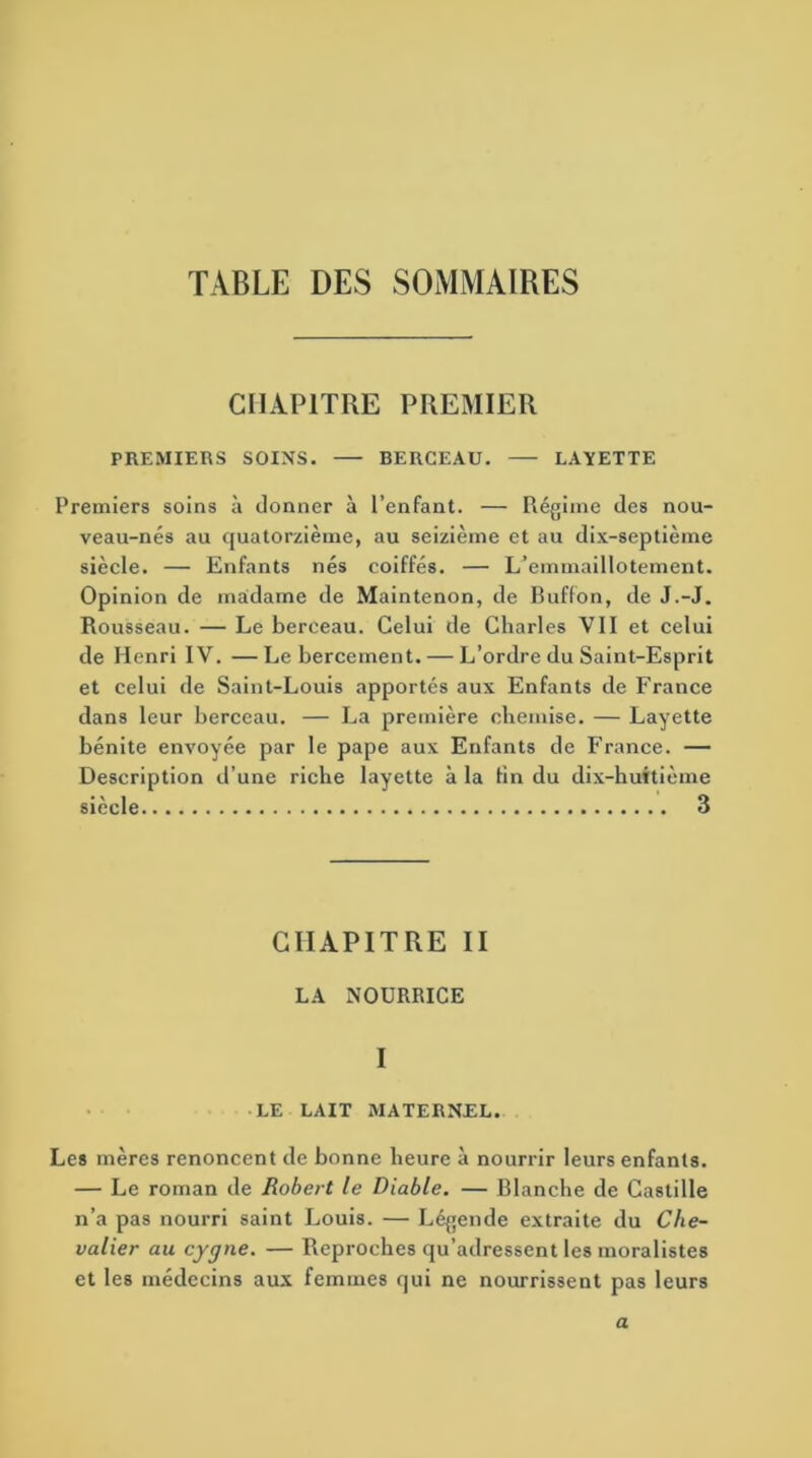 TABLE DES SOMMAIRES CHAPITRE PREMIER PREMIERS SOINS. BERCEAU. LAYETTE Premiers soins à donner à l’enfant. — Régime des nou- veau-nés au quatorzième, au seizième et au dix-septième siècle. — Enfants nés coiffés. — L’emmaillotement. Opinion de maidame de Maintenon, de Buffon, de J.-J. Rousseau. — Le berceau. Celui de Charles VII et celui de Henri IV. —Le bercement. — L’ordre du Saint-Esprit et celui de Saint-Louis apportés aux Enfants de France dans leur berceau. — La première chemise. — Layette bénite envoyée par le pape aux Enfants de France. — Description d’une riche layette à la tin du dix-huitième siècle 3 CHAPITRE II LA NOURRICE I LE LAIT MATERNEL. Les mères renoncent de bonne heure à nourrir leurs enfants. — Le roman de Robert le Diable. — Blanche de Castille n’a pas nourri saint Louis. — Légende extraite du Che- valier au cygne. — Reproches qu’adressent les moralistes et les médecins aux femmes qui ne nourrissent pas leurs a