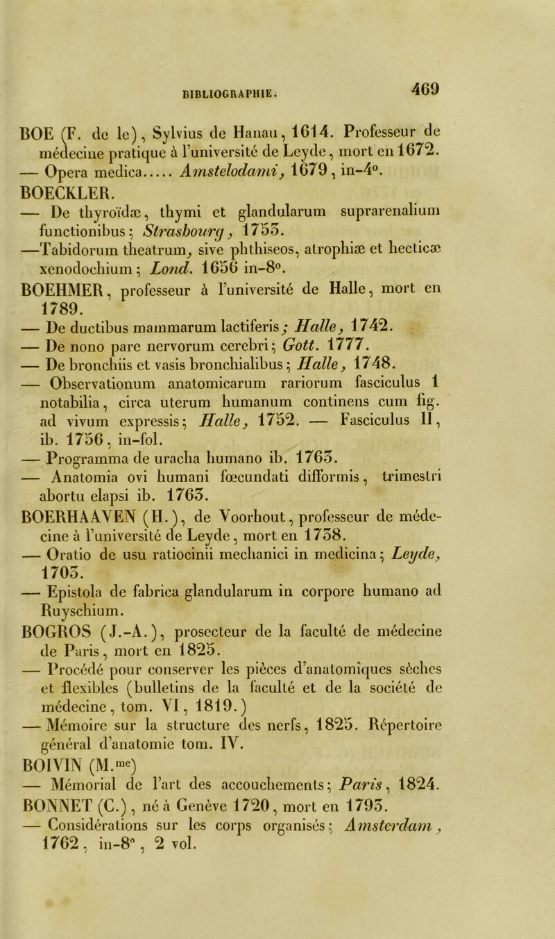 409 BOE (F. do le), Sylvius de Hanau, 1014. Professeur de médecine pratique à l’université de Leydc, mort en 1072. — 0P era medica Amstelodami, 1079, in-4°. BOECKLER. — De thyroïdæ, thymi et glandularum suprarenalium functionibus ; Strasbourg, 1755. —Tabidorum theatrum, sive phthiseos, atropbiæ et hecticæ xenodochium; Lond. 1050 in-8°. BOEHMER, professeur à l’université de Halle, mort en 1789. — De ductibus mainmarum lactiferis/ Halle, 1742. — De nono pare nervorum cerebri; Gott. 1777. — De bronchiis et vasis bronchialibus ; Halle, 1748. — Observationum anatomicarum rariorum fasciculus 1 notabilia, circa uterum humanum continens cum fig. ad vivum expressis; Halle, 1752. — Fasciculus II, ib. 1750, in-fol. — Programma de uracba bumano ib. 1703. — Anatomia ovi bumani fœcundati difformis, trimeslri abortu elapsi ib. 1703. BOERHAÀYEN (H.), de Yoorhout, professeur de méde- cine à l’université de Leydc, mort en 1758. — Oratio de usu raliocinii mecbanici in medicina ; Lexjde, 1705. — Epistola de fabrica glandularum in corpore humano ad Ruyschium. BOGROS (J.-A.), prosecteur de la faculté de médecine de Paris, mort en 1825. — Procédé pour conserver les pièces d’anatomiques sècbcs et flexibles (bulletins de la faculté et de la société de médecine, tom. VI, 1819.) —-Mémoire sur la structure des nerfs, 1825. Répertoire général d’anatomie tom. IY. BOIVIN (M.me) — Mémorial de l’art des accouchements ; Paris, 1824. BONNET (C.), né à Genève 1720, mort en 1793. — Considérations sur les corps organisés; Amsterdam, 1702, in-8°, 2 vol.