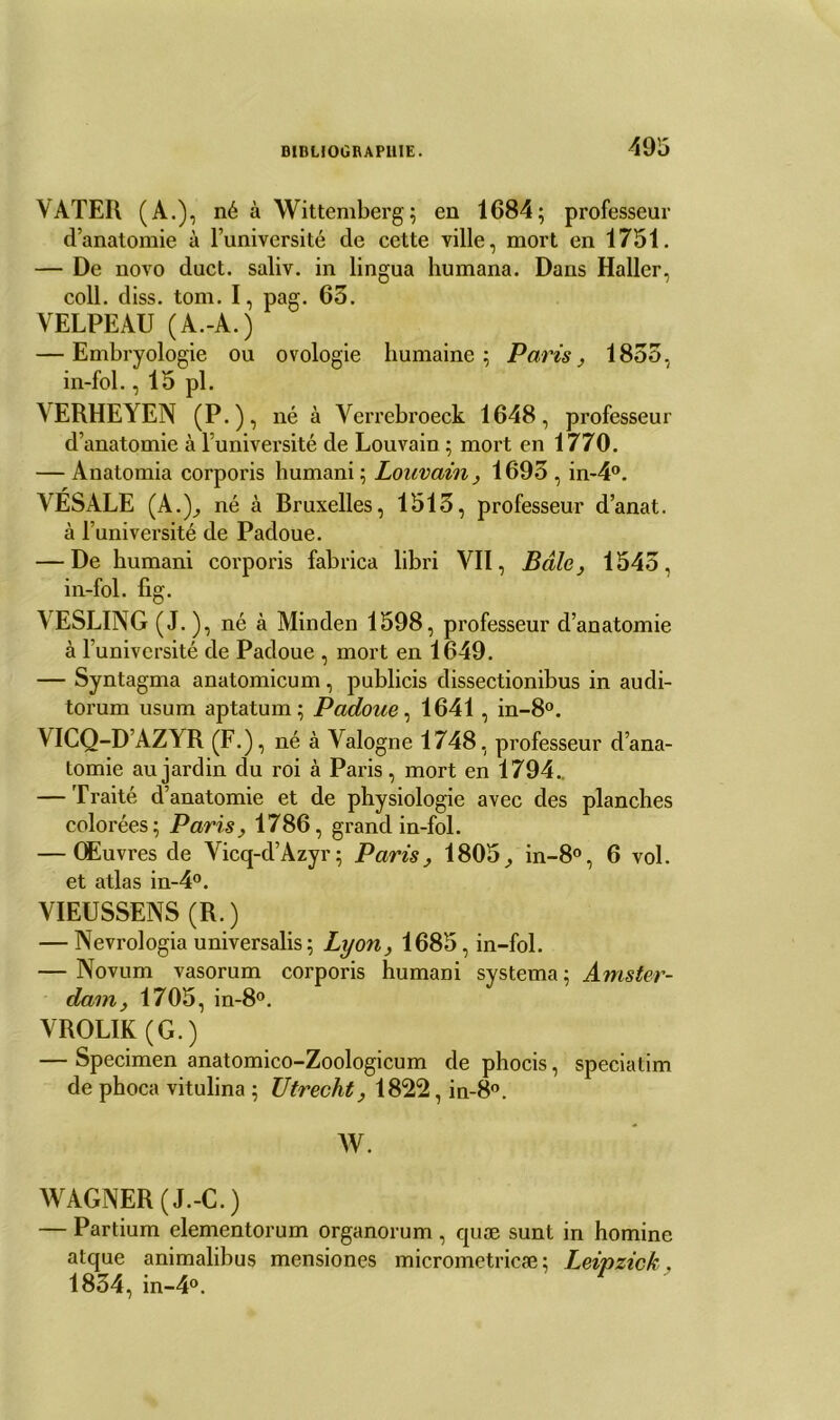 VATER (A.), né à Wittemberg; en 1684; professeur d’anatomie à l’université de cette ville, mort en 1751. — De novo duct. saliv. in lingua humana. Dans Haller, coll. diss. tom. I, pag. 65. VELPEAU (A.-A.) — Embryologie ou ovologie humaine; Paris, 1855, in-fol., 15 pl. YERHEYEN (P.), né à Verrebroeck 1648, professeur d’anatomie à l’université de Louvain ; mort en 1770. — Anatomia corporis humani ; Louvain, 1695 , in-4°. YESALE (A.), né à Bruxelles, 1515, professeur d’anat. à l’université de Padoue. — De humani corporis fabrica libri VII, Bâle, 1545, in-fol. fig. VESLING (J. ), né à Minden 1598, professeur d’anatomie à l’université de Padoue , mort en 1649. — Syntagma anatomicum, publicis dissectionibus in audi- torum usum aptatum ; Padoue, 1641, in-8°. YICQ-D’AZYR (F.), né à Valogne 1748, professeur d’ana- tomie au jardin du roi à Paris, mort en 1794.. — Traité d’anatomie et de physiologie avec des planches colorées; Paris, 1786, grand in-fol. — Œuvres de Vicq-d’Azyr; Paris, 1805, in-8°, 6 vol. et atlas in-4°. VIEUSSENS (R.) — Nevrologia universalis; Lyon, 1685, in-fol. — Novum vasorum corporis humani systema ; Amster- dam, 1705, in-8°. VROLIK (G. ) — Specimen anatomico-Zoologicum de phocis, speciatim de phoca vitulina ; Utrecht, 1822, in-8°. W. WAGNER (J.-C.) — Partium elementorum organorum , quæ sunt in homine atque animalibus mensiones micrometricæ ; Leipzick, 1854, in-4°.