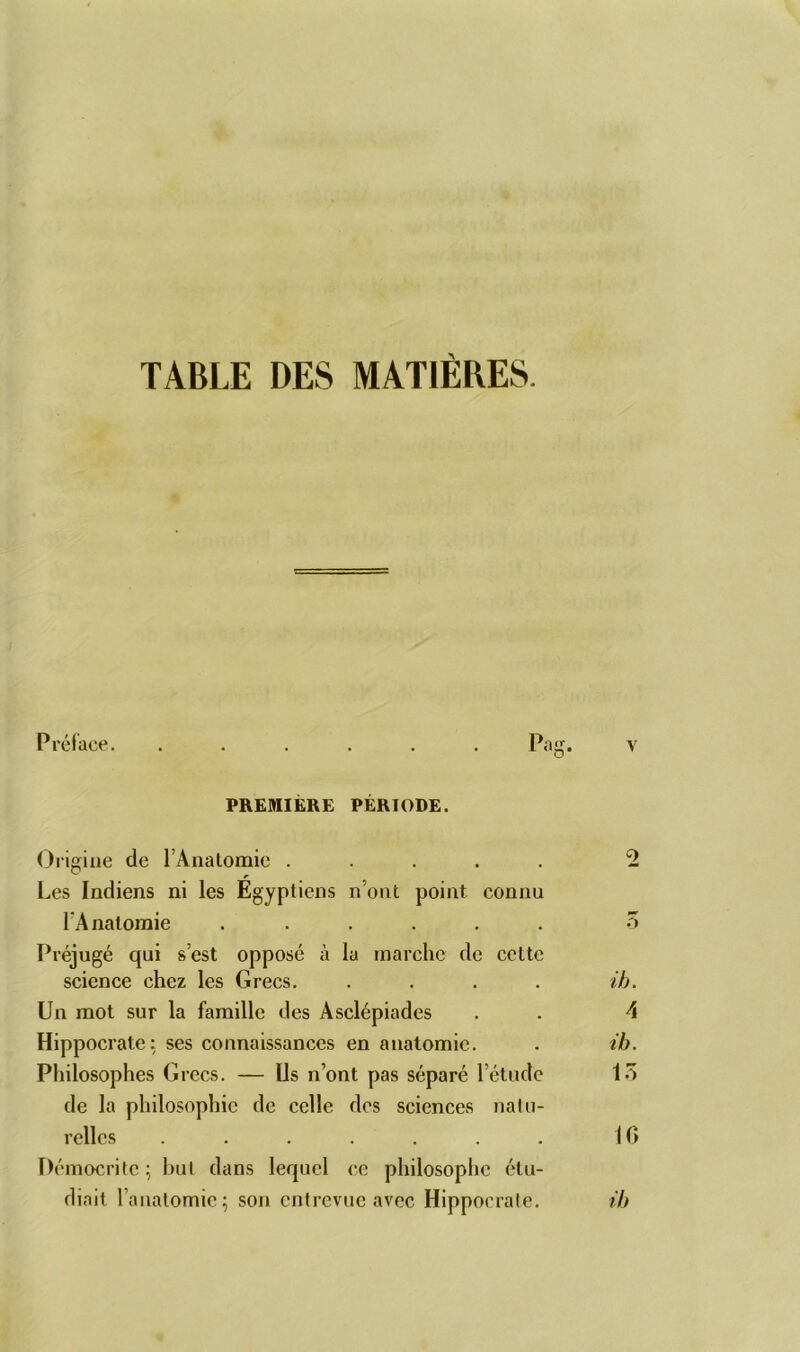 TABLE DES MATIÈRES. Préface. ...... Pag. v O PREMIÈRE PÉRIODE. Origine de l’Anatomie ..... 2 Les Indiens ni les Egyptiens n’ont point connu l'Anatomie ...... ô Préjugé qui s’est opposé à la marche de cette science chez les Grecs. .... ib. Un mot sur la famille des Àsclépiades . . 4 Hippocrate: ses connaissances en anatomie. . ib. Philosophes Grecs. — Us n’ont pas séparé l’étude 15 de la philosophie de celle des sciences natu- relles . . . . . . . 10 Démocritc but dans lequel ce philosophe étu- diait l’anatomie ; son entrevue avec Hippocrate. ib