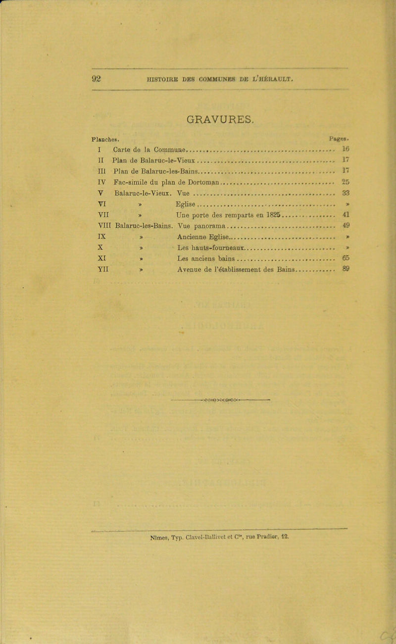 GRAVURES. Planche*. Pajçei. I Carte de la Commune 16 II Plan de Balaruc-le-Vieux 17 III Plan de Balaruc-les-Bains 17 IV Fac-similé du plan de Dortoman 25 V Balaruc-le-Vieux. Vue 33 VI » Eglise > VII » Une porte des remparts en 18^ 41 VIII Balaruc-les-Bains. Vue panorama 49 IX » Ancienne Eglise » X » Les hauts-fourneaux » XI » Les anciens bains 65 YII > Avenue de l’établissement des Bains 89