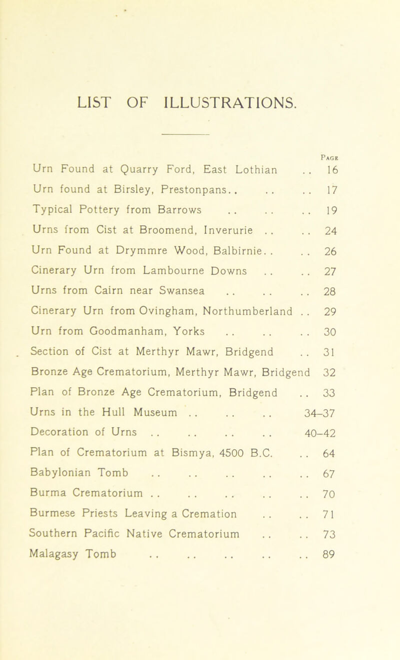 LIST OF ILLUSTRATIONS. Page Urn Found at Quarry Ford, East Lothian . . 16 Urn found at Birsley, Prestonpans. . .. .. 17 Typical Pottery from Barrows .. .. .. 19 Urns from Cist at Broomend, Inverurie . . . . 24 Urn Found at Drymmre Wood, Balbirnie. . .. 26 Cinerary Urn from Lambourne Downs . . . . 27 Urns from Cairn near Swansea . . . . 28 Cinerary Urn from Ovingham, Northumberland .. 29 Urn from Goodmanham, Yorks . . . . 30 Section of Cist at Merthyr Mawr, Bridgend . . 31 Bronze Age Crematorium, Merthyr Mawr, Bridgend 32 Plan of Bronze Age Crematorium, Bridgend .. 33 Urns in the Hull Museum . . . . .. 34-37 Decoration of Urns .. . . . . . . 40-42 Plan of Crematorium at Bismya, 4500 B.C. .. 64 Babylonian Tomb . . . . . . .. 67 Burma Crematorium . . . . . . . . . . 70 Burmese Priests Leaving a Cremation .. .. 71 Southern Pacific Native Crematorium .. . . 73 Malagasy Tomb . . .. .. .. .. 89