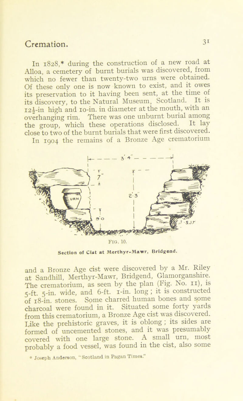 In 1828,* during the construction of a new road at Alloa, a cemetery of burnt burials was discovered, from which no fewer than twenty-two urns were obtained. Of these only one is now known to exist, and it owes its preservation to it having been sent, at the time of its discovery, to the Natural Museum, Scotland. It is I2t-in high and 10-in. in diameter at the mouth, with an overhanging rim. There was one unburnt burial among the group, which these operations disclosed. It lay close to two of the burnt burials that were first discovered. In 1904 the remains of a Bronze Age crematorium b 3 A J Fig. 10. Section of CUt at Merthyr-Mawr, Bridgend. and a Bronze Age cist were discovered by a Mr. Riley at Sandhill, Merthyr-Mawr, Bridgend, Glamorganshire. The crematorium, as seen by the plan (Fig. No. 11), is 5-ft. 5-in. wide, and 6-ft. i-in. long ; it is constructed of 18-in. stones. Some charred human bones and some charcoal were found in it. Situated some forty yards from this crematorium, a Bronze Age cist was discovered. Like the prehistoric graves, it is oblong ; its sides are formed of uncemented stones, and it was presumably covered with one large stone. A small urn, most probably a food vessel, was found in the cist, also some « Joseph Anderson, ‘'Scotland in Pagan Times.