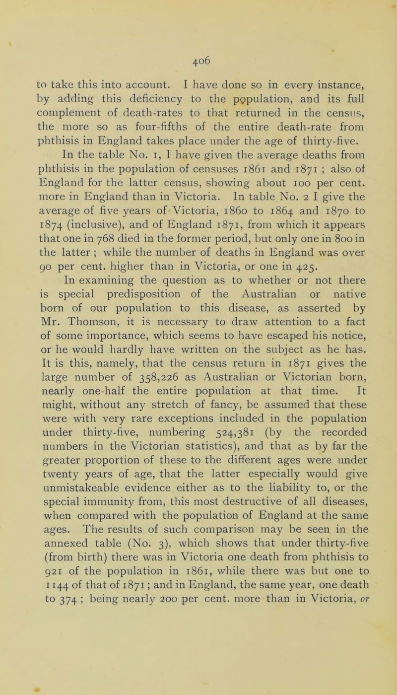 \ to take this into account. I have done so in every instance, by adding this deficiency to the population, and its full complement of death-rates to that returned in the census, the more so as four-fifths of the entire death-rate from phthisis in England takes place under the age of thirt)^-five. In the table No. i, I have given the average deaths from phthisis in the population of censuses i86i and 1871 ; also of England for the latter census, showing about 100 per cent, more in England than in Victoria. In table No. 2 I give the average of five years of'Victoria, i860 to 1864 and 1870 to 1874 (inclusive), and of England 1871, from which it appears that one in 768 died in the former period, but only one in 800 in the latter ; while the number of deaths in England was over 90 per cent, higher than in Victoria, or one in 425. In examining the question as to whether or not there is special predisposition of the Australian or native born of our population to this disease, as asserted by Mr. Thomson, it is necessary to draw attention to a fact of some importance, which seems to have escaped his notice, or he would hardly have written on the subject as he has. It is this, namely, that the census return in 1871 gives the large number of 358,226 as Australian or Victorian born, nearly one-half the entire population at that time. It might, without any stretch of fancy, be assumed that these were with very rare exceptions included in the population under thirty-five, numbering 524,381 (by the recorded numbers in the Victorian statistics), and that as by far the greater proportion of these to the different ages were under twenty years of age, that the latter especially would give unmistakeable evidence either as to the liability to, or the special immunity from, this most destructive of all diseases, when compared with the population of England at the same ages. The results of such comparison may be seen in the annexed table (No. 3), which shows that under thirty-five (from birth) there was in Victoria one death from phthisis to 921 of the population in 1861, while there was but one to 1144 of that of 1871; and in England, the same year, one death to 374 ; being nearly 200 per cent, more than in Victoria, or