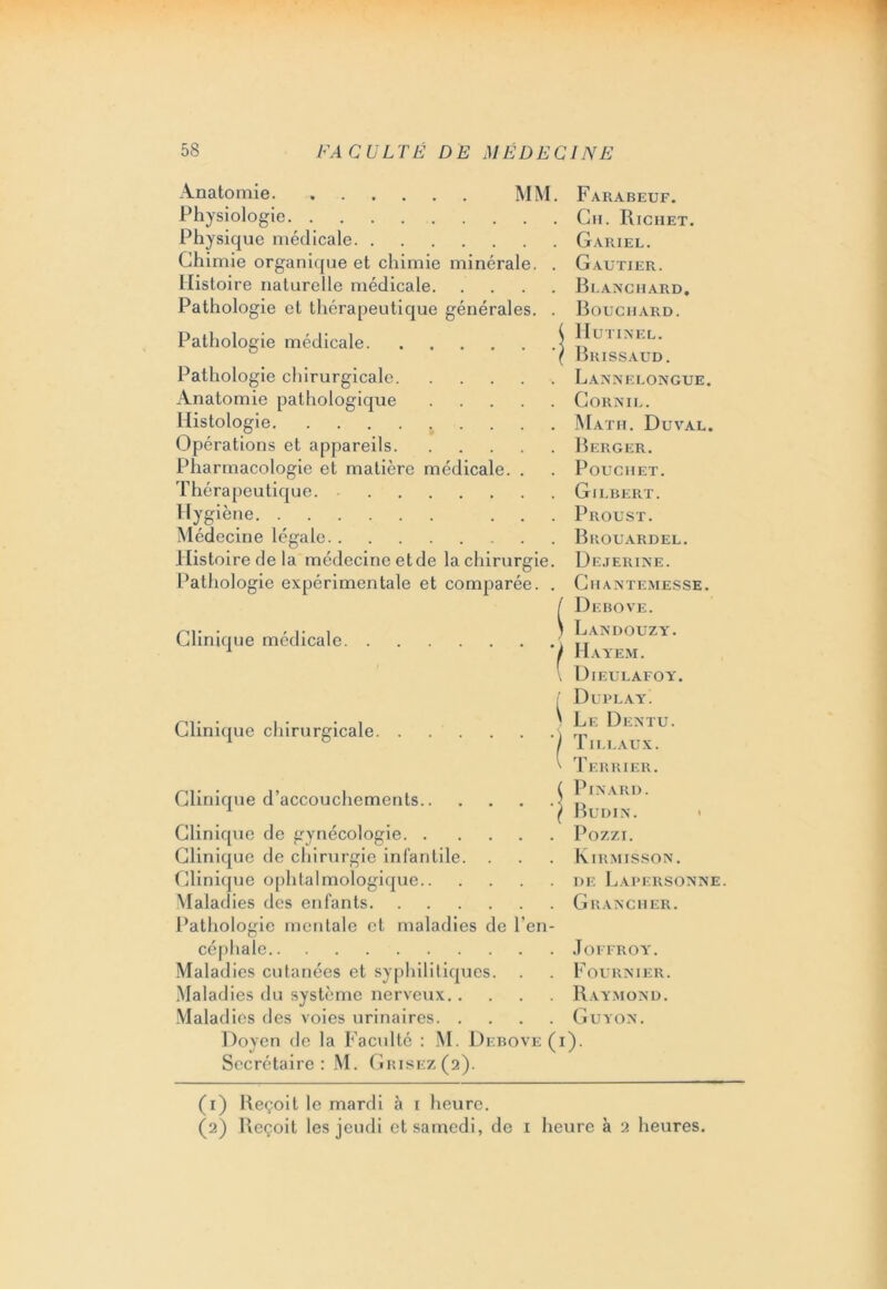 Anatomie MM. Farabeuf. Physiologie. Gu. Richet. Physique médicale Gariel. Chimie organique et chimie minérale. . Gautier. Histoire naturelle médicale Blanchard, Pathologie et thérapeutique générales. . Bouchard. Pathologie médicale. Pathologie chirurgicale Lannelongue. Anatomie pathologique Cornil. Histologie j Matii. Duval. Opérations et appareils Berger. Pharmacologie et matière médicale. . . Pouciiet. Thérapeutique. Gilbert. Hygiène ... Proust. Médecine légale Brouardel. Histoire de la médecine etde la chirurgie. Dejerine. Pathologie expérimentale et comparée. . Chantemesse. ( Hutinel. \ Biiissaud. Clinique médicale. . Clinique chirurgicale. ' 7 Clinique d’accouchements.. Clinique de gynécologie. . Clinique de chirurgie infantile. . Clinique ophtalmologique.. Maladies des enfants Pathologie mentale et maladies de l'en céphale Maladies cutanées et syphilitiques. Maladies du système nerveux. . Maladies des voies urinaires. . Doyen de la Faculté : M. Debove(i Secrétaire: M. Grisez(2). Debove. Landouzy. Hayem. Dieulafoy. Duplay. Le Dentu. Tillaux. Terrier. Pinard. Budin. Pozzi. Kirmisson. DE IjAPERSONNE. GRANCHER. JOFFROY. Fournier. Raymond. Guyon. )• (1) Reçoit le mardi à 1 heure. (2) Reçoit les jeudi et samedi, de 1 heure à 2 heures.