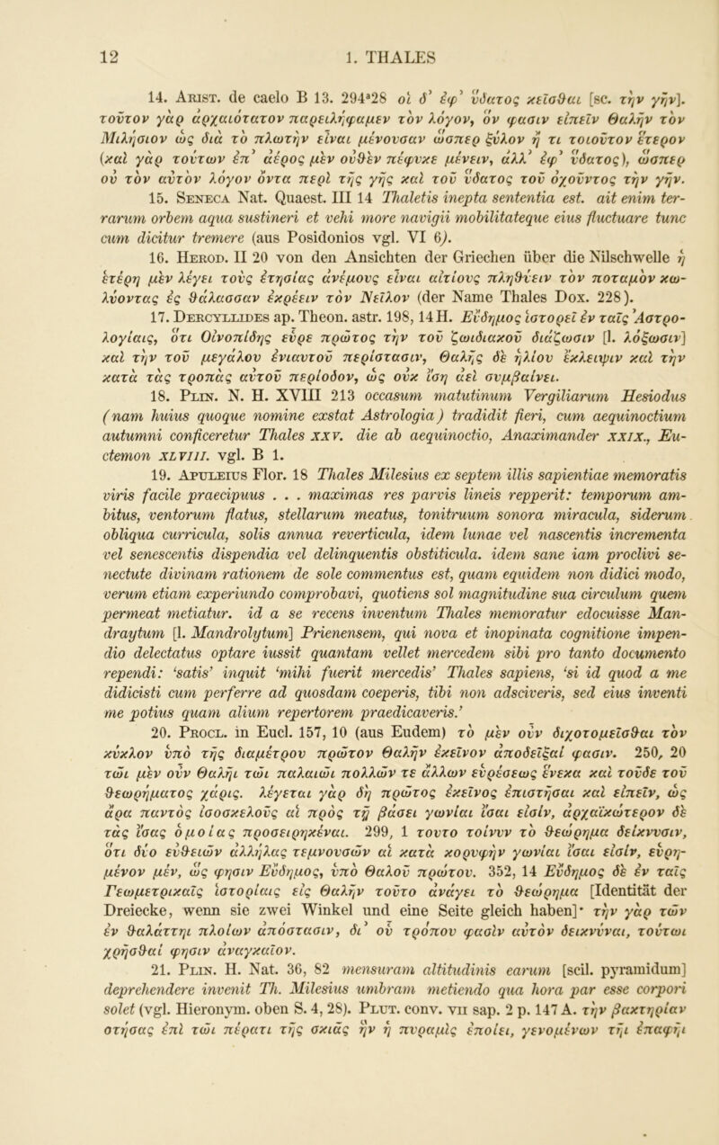 14. Aeist. de caelo B 13. 294®28 ol d’ έφ^ νόατος xelo^ca [sc. την γην], τούτον γαρ αρχαώτατον παρειληφαμεν τον λόγον^ ον φασιν είπεΙν θαλην τον Μίλησιον ώς διά το πλωτήν είναι μένονσαν ώσπερ ξνλον η τι τοιοντον ετερον {καΐ γάρ τούτων έπ^ άέρος μεν ονθ^εν πεφνκε μένειν, άλλ^ νόατος), ώσπερ ον τον αντ'ον λόγον όντα περί της γης καΐ τον νόατος τον όχονντος την γην. 15. Seneca Nat. Quaest. III 14 Thaletis inepta sententia est. ait enim ter- rarum orhem aqua sustineri et vehi more navigii mohilitateque eins fluctuare tune cum dicitur tremere (aus Posidonios vgl. VI 6^. 16. Herod. II 20 von den Ansichten der Griechen über die Nilschwelle η ετέρη μεν λέγει τονς έτησίας άνέμονς είναι αίτιους πληθ^νειν τον ποταμόν κω- λύοντας ές ϋ^άλασσαν έκρέειν τον Νείλον (der Name Thaies Dox. 228). 17. Deecyllldes ap. Theon. astr. 198,14 H. Ενδημος ιστορεί έν ταΐς 'Αστρο- λογίαις, οτι Οίνοπίδης ενρε πρώτος την τον ζωιδιακον διάζωσιν [1. λόξωσιν] καί την τον μεγάλου ενιαυτόν περίστασιν, Θαλής δε ήλιον εκλειχριν καί την κατά τάς τροπάς αυτόν περίοδον, ως ούκ ϊση άεΐ συμβαίνει. 18. Pein. Ν. Η. XVIII 213 occasum matutinum Vergiliarum Hesiodus (nam huius quoque nomine exstat Astrologia) tradidit fieri, cum aequinoctium autumni conficeretur Thaies xxv. die ab aequinoctio, Anaximander xxix., Eu- ctemon xlviii. vgl. Bl. 19. APUEEms Flor. 18 Thaies Milesius ex septern Ulis sapientiae memoratis viris facile praecipuus . . . maximas res parvis lineis repperit: temporum am- hitus, ventorum flatus, stellarum meatus, tonitruum sonora miracula, siderum. obliqua üurricula, solis annua reverticula, idem lunae vel nascentis incrementa vel senescentis dispendia vel delinquentis obstiticula. idem sane iam proclivi se- nectute divinam rationem de sole commentus est, quam equidem non didici modo, verum etiam experiundo comprobavi, quotiens sol magnitudine sua circulum qu&m permeat metiatur. id a se recens inventum Thaies memoratur edoeuisse Man- draytum [1. Mandrolytum] Prienensem, qui nova et inopinata cognitione impen- dio delectatus optare iussit quantam vellet mercedem sibi pro tanto documento rependi: ^satis’ inquit ‘mihi fuerit mercedis’ Thaies sapiens, ‘si id quod a me didicisti cum perferre ad quosdam coeperis, tibi non adsciveris, sed eius inventi me potius quam alium repertorem praedicaveris.’ 20. Peoce. in Euch 157, 10 (aus Eudem) το μεν ovv διχοτομεΐσ^αι τον κύκλον υπό τής διαμέτρου πρώτον Θαλήν εκείνον άποδείξαί φασιν. 250, 20 τώι μεν ούν Θαλήι τώι παλαιώι πολλών τε άλλων ευρέσεως ενεκα και τονδε τον Ο^εωρήματος χάρις, λέγεται γάρ δή πρώτος εκείνος έπιστήσαι καΐ είπεΐν, ώς άρα παντός Ισοσκελούς αϊ προς τη βάσει γωνίαι ϊσαι εΙσίν, άρχαΐκώτερον de τάς ϊσας όμοιας προσειρηκέναι. 299, 1 τούτο τοίννν το θ^εώρημα δείκνυσιν, οτι δύο ευθ^ειών άλλήλας τεμνονσών αϊ κατά κορυφήν γωνίαι ισαι είσίν, ενρη- μένον μέν, ώς φησιν Ενδημος, υπό Θαλοϋ πρώτον. 352, 14 Ενδημος δε έν ταΐς Γεωμετρικαΐς ϊστορίαις εις Θαλήν τοντο ανάγει το θ^εώρημα [Identität der Dreiecke, wenn sie zwei Winkel und eine Seite gleich haben]* τήν γάρ των εν &αλάττηι πλοίων άπόστασιν, δώ ον τρόπον φασίν αυτόν δεικνύναι, τούτωι χρήσθ^αί φησιν αναγκαίου. 21. Pein. Η. Nat. 36, 82 mensuram altitudinis earum [seil, pyramidum] deprehendere invenit Th. Milesius umbram metiendo qua hora par esse corpori solet (vgl. Hieronyin. oben S. 4, 28). Peut. conv. vii sap. 2 p. 147 A. τήν βακτηρίαν οτήσας επί τώι πέρατι τής σκιάς ήν ή πυραμίς έποίει, γενομένων τήι έπαφήι