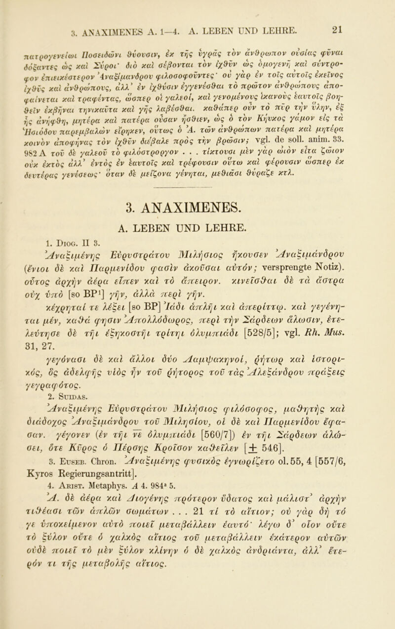 3. ANAXIMENES Λ. 1—4. A. LEBEN UND LEHRE. πατρογενείωι Ποσειδώνι θ-νονσιν, ix της νγράς τον άνθρωπον ουσίας φνναι όόξαντες ώς καΐ Σνρου' διό καΐ σέβονται τον ίχ^νν ώς ομογενή και σνντρο- (fov iπLεLκέστερov'4.vaξίμavδρov φιλοσοφονντες' ου γαρ iv τοΐς αντοίς έκεΐνος ίχ^ός και ανθρώπους, άλλ εν ιχ^νσιν εγγενέσ^αι το πρώτον ανθρώπους απο- φαίνεται και τραφεντας, ώσπερ οι γαλέοι, καί γενομένονς ικανούς εαντοίς βοη- ^εΐν έκβήναι τηνικαντα καΐ γης λαβέσ&αι. καθ^απερ ονν το πυρ την νλην, εξ ης ανήφ&η, μητέρα και πατέρα ονσαν ήσίλιεν, ώς 6 τον Κήνκος γάμον εις τα '‘Ησιόδου παρεμβαλων εΐρηκεν, όντως ο Ä. των ανθ~ρωπων πατέρα καΐ μητέρα κοινόν αποφήνας τον ίχθ^νν διεβαλε προς τήν βρώσιν; vgl. de soll. anim. 33. 9S2A τον δε γαλέον το φιλόστροργον . . . τίκτονσι μεν γάρ ώιόν είτα ζώων ονκ εκτός άλλ^ έντός iv εαντοίς καΐ τρέφονσιν οντω καΐ φέρονσιν ώσπερ ix δεντέρας γενέσεως' όταν δε μείζονα γένηται, με^ιάσι &νραζε κτλ. 3. ANAXIMENES. t Α. LEBEN UND LEHRE. 1. Diog. II 3. ^Αναξεμένης Ενρνστράτον Μίλήσεος ήχονσεν Αναξεμάνδρον {έ'νεοε δε χαε Παρμενεδον cpaölv άχοϋοαε αυτόν; versprengte Notiz). ούτος αρχήν αέρα εΐτεεν χαε το ατνεερον. χενεεο&αε δέ τά άστρα ονχ νττό [so ΒΡί] γην, αλλά τζερί γην. χέχρηταε τε λέξεε [so BP] ^Ιάδε άτελήε χαΐ άττερίττφ. χαΐ γεγένη- ταε μέν, χα^ά φηοεν Ατεολλόδωρος, τεερί τήν Σάρδεων άλωΰεν, έτε- λεύτησε δέ τήε έξηχοστήε τρετηε όλνμτεεάδε [528/5]; vgl. Bh. Mus. 31, 27. γεγόνασε δέ χαΐ άλλοε δύο Ααμψαχηνοε, ρήτωρ χαε Ιύτορε- χός, δς αδελφής νιος ήν τον ρήτορος τον τάς Αλεξάνδρου τεράξεες γεγραφότος. 2. SuiDAS. Αναξεμένης Ενρνστράτον ΙΜελήσεος φελόσοψος, μαθητής χαε διάδοχος Αναξεμάνδρον τον Μελησίον, οε δέ χαΐ Παρμενεδον έφα- σαν. γέγονεν (εν τήε νε δλνμοεεάδε [560/7]) εν τήε Σάρδεων άλώ- σεε, δτε Κύρος 6 Πέρσης Κροεσον χαΟ^εελεν [+ 546]. 3. Euseb. Chron. Αναξεμένης φνσεχός έγνωρεζετο ο1.55, 4 [557/6, Kyros Regierungsantritt]. 4. Arist. Metaphys. Α 4. 984^ 5. Α. δέ αέρα χαε Αεογένης /ερότερον νδατος χαΐ μάλεστ^ αρχήν τεέλέασε των ά^ελων σωμάτων ... 21 τε τό αετεον; ον γάρ δή τό γε ντεοχεεμενον αυτό τεοεεε μεταβάλλεεν εαυτό' λέγω ό’ οίον ούτε τό ξύλον οντε ό χαλχός αετεος τον μεταβάλλεεν έχάτερον αυτών ουδέ τεοεεε τό μέν ξύλον χλενην ό ()έ χαλχ,ός ανδριάντα, άλλ^ Ετε- ρόν τε τής μεταβολής αετεος.