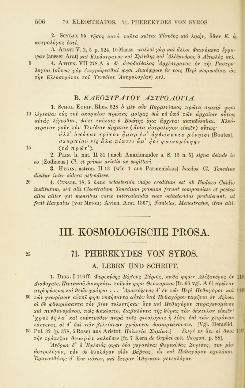 2. ScYLAx 95 vijaoq κατά ταντα κεΐται Τένεδος καί λιμήν, ο^εν Κ. ο αστρολόγος έατί. 3. Αε,ατι V. 2, 5 ρ. 324, lOMaass. ηολλοΐ γάρ καί άλλοι Φαινόμενα εγρα- χραν [ausser Arat] καΐ Κλεόστρατος καΐ Σμίν^^ης καΐ ^Αλέξανδρος ο Λίτωλός κτλ. 5 4. Athen. VII 278 Α ο δε όψοδαΐδαλος Αρχέστρατος έν τηι Γαοτρο- λογίαι (όντως γάρ έπιγράφεσ^αί φησι Ανκόφρων έν τοίς Περί κoJμωιδίaς, ώς την Κλεοοτράτον του Τενεδίον Αστρολογίαν) κτλ. Β. ΚΛΕΟΣΤΡΑΤΟΥ ΑΣΤΡΟΛΟΓΙΑ. 1. ScHOL. Eurip. Rhes. 528 ό μέν ονν Παρμενίσκος πρώτα σημεία φησι 10 λέγεσθ^αι τάς τον σκορπίον πρώτας μοίρας διά το νπό των αρχαίων όντως αντάς λέγεσΘαι, διότι τανταις ο Βοώτης άμα άρχεται καταδνεσθ^αι. Κλεό- στρατόν γονν τον Τενέδιον άρχαΐον {οντα άστρολόγον ειπεϊν) όντως' άλλ^ όπόταν τρίτον ήμαρ επ* όγ δώκ οντ α μένηισι [Bootes], σκορπίον εις αλα πίπτει άμ* ηοι φαινομένηψι 15 (τα πρώτ^). 2. Plin. h. nat. II 31 [nach Anaximander s. S. 15 n. 5] signa deinde in eo [Zodiacus] CI. et prima arietis ac sagittari. 3. Hygin. astron. II 13 [wie 1 aus Parmeniskos] haedos CI. Tenedius dicitur inter sidera ostendisse. 20 4. Censor. 18, 5 hanc octaeterida vulgo creditum est ah Eudoxo Cnidio institutam, sed alii Cleostratum Tenedium primum ferunt composuisse et postea alios aliter qui mensihus varie intercalandis suas octaeteridas protulerunt, ut fedt Harpalus [vorMeton; Avien. Arat. 1367], Nauteles, Menestratus, item alii. III. KOSMOLOGISCHE PROSA. 25 71. PHERBKTDES YON STROS. A. LEBEN UND SCHRIFT. 1. Diog. I 116 ff. Φερεκνόης Βάβνος Σνριος, καθ^ά φησιν Αλέξανδρος έν 116 Αιαδοχαΐς, Πιττακον όιακηκόει. τοντόν φησι Θεόπομπος [fr. 66 vgl. Α 6] πρώτον περί φνσεως και ϋ'εών γράψαι . .. Αριστόξενος δΑν τώι Περί Πνθ^αγόρον και 11S 30 τών γνωρίμων αυτόν φησι νοσησαντα αυτόν νπό Πνθ^αγόρον ταφήναι έν Αηλωι. οί δh φθ^ειριάσαντα τον βίον τελεντησαι' ότε καΐ Πνθ^αγόρον παραγενο'μένον καΐ πννΘ^ανομένον, πώς διακέοιτο, διαβαλόντα της Θ-νρας τον δάκτυλον είπεΐν’ ^χροί δηλα^ καΐ τονντενθ^εν παρά τοΐς φιλολόγοις η λέξις έπΙ τών χειρόνων τάττεται, οι δ' έπΙ τών βέλτιστων χρώμενοι διαμαρτάνονσιν. [Vgl. Heraclid. 35 Pol. 32 (ρ. 378, 5 Rose) aus Aristot. Πολιτεία Σαμίων.] έλεγέ τε οτι οϊ Θ^εοΙ 11ί την τράπεζαν θ^νωρόν καλονσιν [fr. 7 Kern de Orphei cett. theogon. p. 88]. ’Άνδρων d* 6 Εφέσιός φησι όνο γεγονέναι Φερεκνδας Σνρίονς, τον μεν αστρολόγονf τον δε ϋ^εολόγον υιόν Βάβνος, ώι καΐ Πν&αγόραν σχολάσαι. Ερατοσ&ένης d’ ενα μόνον, και έτερον Α&ηναΐον γενεαλόγον.