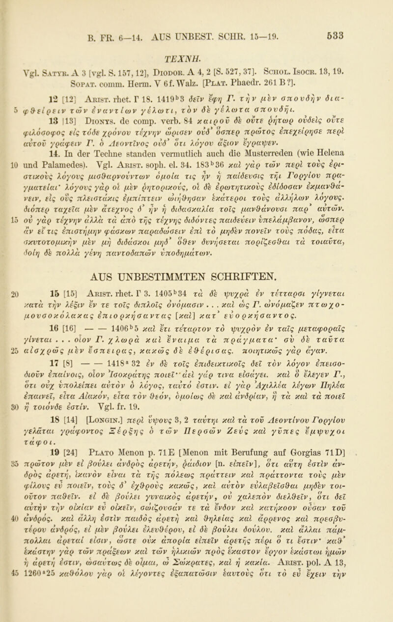 ΤΕΧΝΗ. Vgl. SATYii. A 3 [vgl. S. 157,12], Diodor. A 4, 2 [S. 527, 37]. Schol. Isocr. 13, 19. SoPAT. comm. Herrn. V 6f. Walz. [Plat. Phaedr. 261 B?]. 12 [12] Arist. rhet. Γ 18. 1419*^3 όεΐν εφη Γ. την μεν σπονδήν όια- 5 φθ-είρεIV των Εναντίων γέλωτι, τον δε γέλωτα σπονδηι. 13 |13] Dionys, de comp. verb. 84 καιρόν δε οντε ρητωρ ονδείς οντε φιλόσοφος εις τόδε χρόνον τέχνην ωρισεν ονδ’ όσπερ πρώτος επεχειρησε περί αϊτόν γράφειν Γ. 6 Αεοντΐνος οϊδ^ ότι λόγον αξιον εγραχρεν. 14:. In der Techne standen vermutlich auch die Musterreden (wie Helena 10 und Palamedes). Vgl. Arist. soph. el. 34. 183^36 καΐ γάρ των περί τονς ερι- στικονς λόγονς μισ&αρνοίντων όμοια τις ήν η παίδενσις τηι Γοργίον πρα- γματείαι' λόγονς γάρ οϊ μεν ρητορικούς, οι δε ερωτητικούς έδίόοσαν εκμανθ^α- νειν, εις ονς πλειστάκις έμπίπτειν ώιήϋ'ησαν έκάτεροι τονς άλληλων λογονς. διόπερ ταχεία μεν άτεχνος 6^ ήν ή διδασκαλία τοίς μαν&άνονσι παρ αντών. 15 ον γάρ τέχνην άλλα τά από τ/]ς τέχνης διδόντες παιδενειν νπελάμβανον, ώσπερ άν ει τις επιστήμην φάσκων παραδώσειν επί τό μηδέν πονεΐν τονς ποδας, είτα σκντοτομικήν μεν μή διδάσκοι μηδ* ό^εν δννήσεται πορίζεσΒ^αι τά τοιαντα, δοίη δε πολλά γένη παντοδαπών νποδημάτων. AUS UNBESTIMMTEN SCHRIFTEN. 20 15 [15] Arist. rhet. Γ 3. 1405^34 τά δε χρνχρά εν τέτταρσι γίγνεται κατά την λέξιν εν τε τοΐς διπλοίς όνόμασιν . . . καΐ ώς Γ. ώνόμαζεν πτωχο- μονσοκόλακας έπ ιο ρκήσ αντ ας [καΐ] κατ^ ενο ρκήσαντ ος. 16 [16] 1406^5 καΐ ετι τέταρτον τό χρνχρόν έν ταΐς μεταφοραΐς γίνεται . . . οιον Γ. χλωρά και εναιμα τά πράγματα' σν δε ταντα 25 αίσχρώς μέν εσπειρας, κακώς δε έθ'έ ρισ ας. ηοιητικώς γάρ άγαν. 17 [8] - — 1418® 32 έν δε τοΐς έπιδεικτικοϊς δει τον λόγον έπεισο- διονν έπαίνοις, οΐον ^Ισοκράτης ποιεί’'αεί γάρ τινα εισάγει, καΐ ο έλεγεν Γ., ότι ονχ νπολείπει αυτόν ό λόγος, ταντό έστιν. ει γάρ ^Αχιλλέα λέγων Πηλέα επαινεί, είτα Αίακον, είτα τόν θ^εόν, ομοίως όε καΐ άνδρίαν, ή τά καΐ τά ποιεί 30 ή τοιόνδε έστίν. Vgl. fr. 19. 18 [14] [Longin.] περί νιρονς 3, 2 ταντηι καΐ τά τον Αεοντίνον Γοργίον γελάται γράφοντος ίΞίέρξης ό τών Περσών Ζενς καΐ γνπες έμψυχοι τάφοι. 19 [24] Plato Menon ρ. 71Ε [Menon mit Berufung auf Gorgias 71D] 35 πρώτον μέν εί βονλει άνδρος αρετήν, ράιδιον [η. εΙπεΙν], οτι αντη έστίν άν- δρός αρετή, ικανόν είναι τά τής πόλεως πράττειν καΐ πράττοντα τονς μεν φίλους εν ποιεΐν, τονς d’ έχ&ρονς κακώς, και αντον ενλαβεΐσ&αι μηδέν τοι- οντον πα&εΐν. εί δε βονλει γνναικός αρετήν, ον χαλεπόν διελθ^εΐν, ότι δεΐ αυτήν τήν οικίαν εν οίκεΐν, σώιζονσάν τε τά ένδον καΐ κατήκοον ονσαν τον 4θ άνδρός. και άλλη έστίν παιδός αρετή καί Ο^ηλείας καΐ άρρενος καί πρεσβν- τέρον άνδρός, εί μεν βονλει έλενϋ'έρον, εί δε βονλει δονλον. καΐ άλλαι πάμ- πολλαι άρεταί είσιν, ώστε ονκ απορία είπειν άρετής πέρι ό τι εστιν’ καίΕ έκάστην γάρ τών πράξεων καΐ τών ηλικιών πρός έκαστον έργον εκάστωι ημών ή άρετή έστιν, ωσαύτως δε οίμαι, ώ Σώκρατες, καΐ ή κακία. Arist. pol. Α 13, 45 1260®25 καθόλου γάρ οϊ λέγοντες έξαπατώσιν εαντονς ότι τό εν εχειν τήν