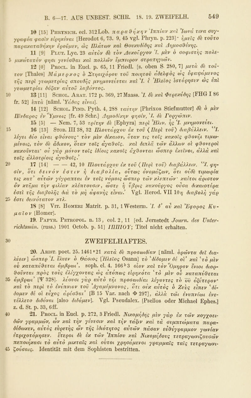 10 [15] PIIRYNICH. ecl. 312Lob. na ραϋ^ηκη v Ιππίαν καΐ 'Ιωνά τινα ονγ- γραφεα φααιν είρηκεναι [Herodot 6, 73. 9, 45 vgl. Phryn. ρ. 223]* ?)μεΐς dh τοντο παρακαταθήκην ^ρονμεν, ώς Πλάτων καί ΘονκνόΙδης καΐ Πημοοθενης. 11 [9] Plut. Lyc. 23 αυτόν öh τον Ανκοΐργον Υ. μ^ν 6 σοφιστής πολε- 5 μικώτατόν φησι γενέσθαι καΐ πολλών έμπειρον στρατηγιών. 12 [0] Procl. in Eucl. ρ. 65, 11 Friedl. [s. oben S. 280, 7] μετά 6s τού- τον [Thaies] Μάμερκος b Στησιχόρου του ποιητοϋ αδελφός ως εφαψαμενος τής περί γεωμετρίας σπονδής μνημονεύεται καΐ Υ. c ΗλεΙος ϊστορησεν ως επί γεωμετρίαι δόξαν αυτου λαβόντος. 10 13 [11] ScHOL. Arat. 172 ρ. 369, 27Maass. Υ. δε καΐ Φερεκνδης [FHG I 86 fr. 52] επτά [näml. 'Ύάδας είναι]. 14 [12] ScHOL. PiND. Pyth. 4, 288 ταΰτην [Phrixos Stiefmutter] δε ο μεν Πίνδαρος Sv ^Υμνοις [fr. 49 Sehr.] Αημοδίκην φησίν, Υ. δε Γοργώπιν. 15 [5] — Nem. 7, 53 τρίτην δε [Ephyra] περί Ήλιν, ής Υ. μνημονεύει. 15 1β [13] Stob. III 38, 32 Πλουτάρχου εκ τον {Περί τον) όιαβάλλειν. ^Υ. λέγει όνο είναι φθόνους' τον μεν δίκαιον., όταν τις τοΐς κακοΐς φθονήι τιμω- μένοις, τον δε άδικον, όταν τοΐς αγαθοΐς. καΐ διπλά τών άλλων οϊ φθονεροί κακοΰνται' ον γάρ μόνον τοΐς ίδίοις κακοΐς άχθονται ώσπερ εκείνοι, αλλά καί τοΐς άλλοτρίοις αγαθοΐς.^ 20 17 [14] 42, 10 Πλουτάρχου εκ τον (Περί του) όιαβάλλειν. ^Υ. φη- σίν, ότι δεινόν εστιν ή δια βόλια, ούτως όνομάζων, ότι ονδε τιμωρία τις κατ' αυτών γέγραπται έν τοΐς νόμοις ώσπερ τών κλεπτών’ καίτοι άριστον ον κτήμα τήν φιλίαν κλέπτουσιν, ώστε ή νβρις κακούργος ονσα δικαιότερα εστι τής διαβολής διά το μή αφανής είναι.' Vgl. Herod. VII10?^ διαβολή γάρ 25 έστι δεινότατον κτλ. 18 [8] Vit. Homeri Matrit. ρ. 31, iWesterm. Υ. δ' αυ καί Εφορος Κν- μαΐον [Homer]. 19. Papyr. Petropol. η. 13, col. 2, 11 [ed. Jemstedt Journ. des Unter- richtsmin. (russ.) 1901 Octob. p. 51] ΙΠΠΙΟΥ; Titel nicht erhalten. 30 ZWEIFELHAFTES. 20. Arist. poet. 25. 1461^21 κατά δε προσωιδίαν [näml. ορώντα δει δια- λνειν] ώσπερ Υ. 'έλνεν ο Θάσιος ['Π?.εΐος Osann] το ''δίδομεν δέ οϊ' καί Yd μεν ου καταπΰθεται όμβρωι'. soph. el. 4. 166^3 οίον καί τον'Ομηρον ενιοι διορ- θοννται προς τους ελέγχοντας ως άτόπως εΙρηκότα Yd μέν ου καταπΰθεται 35 όμβρωι' [Ψ 328]. λνονσι γάρ αυτό τήι προσωιδίαι λέγοντες το αν όξίτερον' καί το περί τό εννπνιον τον 'Αγαμέμνονος, ότι ονκ αυτός ο Ζευς ειπεν ''δί- δομεν δέ οϊ ευχος άρέσθαι' [Β 15 Var. nach Φ 297], άλλά τώι έννπνίωι ένε- τέλλετο διδόναι [also διδόμεν]. Vgl. Pseudalex. [Psellos oder Michael Ephes.] z. d. St. p. 33, 6ff. 40 21. Procl. in Eucl. p. 272, 3 Friedl. Νικομήδης μεν γάρ εκ τών κογχοει- όών γραμμών, ών καί τήν γένεσιν καί τήν τάξιν καί τά σνμπτο^ματα παρα- δέόωκεν, αυτός ενρετής ων τής Ιδιότητος αυτών πάσαν ευθνγραμμον γωνίαν έτριχοτόμησεν. ετεροι de έκ τών 'ίππίου καί Νικομήδονς τετραγωνιζονσών πεποιήκασι τό αυτό μικταΐς καί οντοι χρησάμενοι γραμμαΐς ταΐς τετραγωνι- κό ζονσαις. Identität mit dem Sophisten bestritten.