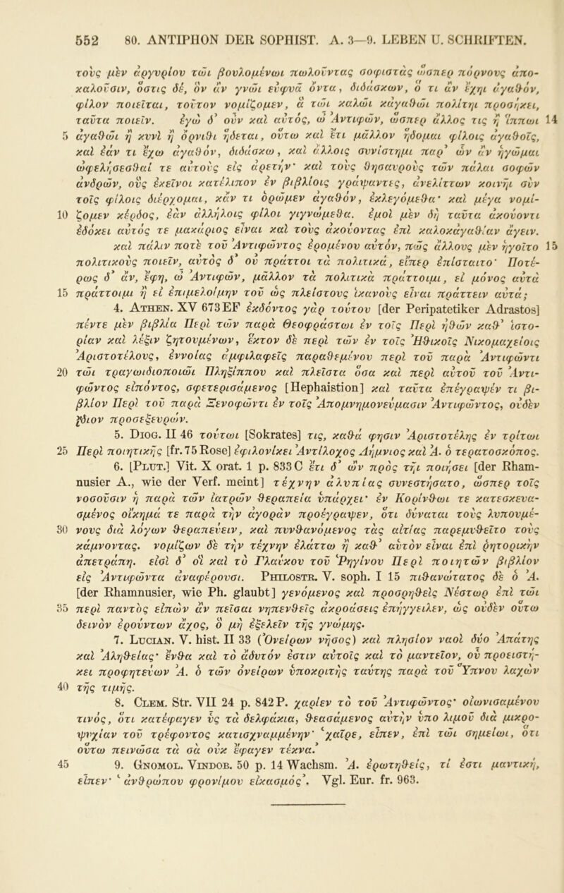 5 10 15 20 25 30 35 40 45 552 80. ΛΝΤΙΡΙΙΟΝ DER SOPHIST. A. 3—0. LEBEN U. SCHRIFrEN. τονς μ^ν αργυρίου τώι βουλομένωι ηωλονντας αοφιστάς ωσηερ πόρνους άπο~ χαλοΐαιν, όστις δε, ον αν γνώι ενψυα όντα, διδάσκων, ο τι αν Ι'χηι νγαί^όν, φίλον ποιείται, τοΐτον νομίζομεν, α zoji καλωι κάγα^ώι πολίτηι προοηκει, ταϋτα ποιείν. εγώ Ο’ ούν καΐ αυτός, ώ Αντιφών, ώσπερ άλλος τις ^ ^ίππωι 14 αγαΘ^ώι η κυνί η όρνιθ^ι ηόεται, οντω καΐ ετι μάλλον ηδομαι φίλοις αγαίλοις, καΐ iav τι εχω αγαθόν, διδάσκω, και α.λλοις συνίστημι παρ^ ών άν ηγώμαι ώφελησεσθαί τε αντονς εις άρετι,ν’ καΐ τους θησαυρούς τών πάλαι σοφών άνδρών, ους δεινοί κατέλιπον έν βιβλίοις γράψαντες, άνελίττων κοινηι συν τοΐς φίλοις διέρχομαι, καν τι ορώμεν αγαθόν, έκλεγόμεθα’ και μέγα νομί- ζομεν κέρδος, εάν άλληλοις φίλοι γιγνωμεθα. έμοι μεν δη ταϋτα άκούοντι έδόκει αυτός τε μακάριος είναι καΐ τους ακούοντας έπΙ καλοκάγαθίαν άγειν. καΐ πάλιν ποτέ τοΰ Αντιφώντος έρομένου αυτόν, πώς άλλους μεν ηγοίτο 15 πολίτικους ποιεΐν, αυτός δ ου πράττοι τά πολιτικά, εΐπερ έιιίσταιτο' Ποτέ- ρως δ* άν, εφη, ώ Αντιφών, μάλλον τά πολιτικά πράττοιμι, εί μόνος αυτά πράττοιμι η εί έπιμελό!μην του ως πλείστους ικανούς είναι πράττειν αυτά; 4. Athen. XV 673EF έκδόντος γάρ τούτου [der Peripatetiker Adrastos] πέντε μεν βιβλία Περί τών παρά Θεοφράστωι εν τοΐς Περί ηθών καθ'' ιστο- ρίαν και λέξιν ζητουμένων, εκτον δέ περί τών εν τοΐς ^Ηθικοΐς Νικομαχείοις Αριστοτέλους, έννοιας αμφιλαφεΐς παραθεμένου περί τοΰ παρά ^Αντιφώντι τώι τραγωιδιοποιώι Ώληξίππου καΐ πλεΐστα οσα καΐ περί αύτοϋ τοϋ \4.ντι- φώντος εΙπόντος, σφετερισάμενος [Hephaistion] καΐ ταϋτα έπέγραχρέν τι βι- βλίον Περί τοΰ παρά ίΞΐενοφώντι έν τοΐς ^Απομνημονευμασιν ^Αντιφώντος, ούδεν Ι’διον προσεξευρών. 5. Diog. II 46 τούτωι [Sokrates] τις, καθά φησιν Αριστοτέλης έν τρίτωι Περί ποιητικής [fr.75Rose] έφιλονίκει Αντίλογος Λέιμνιος καΐ Α. 6 τερατοσκόπος. 6. [Plut.] Vit. X orat. 1 ρ. 833 C ετι δ* ών προς τϋ^ι ποιήσει [der Rham- nusier Α., wie der Verf. meint] τέχνην άλυπίας συνεστησατο, ώσπερ τοΐς νοσουσιν η παρά τών ιατρών θεραπεία υπάρχει* έν Κορίνθωι τε κατεσκευα- σμένος οίκημά τε παρά την αγοράν προέγραχρεν, ότι δνναται τους λυπουμέ- νους διά λόγων θεραπευειν, και πυνθανόμένος τάς αίτιας παρεμνθεΐτο τους κάμνοντας. νομίζων δε την τέχνην έλάττω η καθ^ αυτόν είναι έπι ρητορικήν άπετράπη. είσΙ δ^ Oi καΐ τό Γλαύκου τοϋ Γηγίνου Περί ποιητών βιβλίον είς Αντιφώντα άναφέρουσι. Philostr. V. soph. I 15 πιθανώτατος δε δ Α. [der Rhamnusier, wie Ph. glaubt] γενόμενος καΐ προσρηθείς Νέστωρ έπΙ τώι περί παντός είπών άν πεΐσαι νηπενθείς ακροάσεις έπηγγειλεν, ως ούδεν ουτω δεινόν έρούντων άχος, ό μη έξελεΐν της γνώμης. 7. Lucian. V. hist. II 33 {^Ονείρων νήσος) καΐ πλησίον ναοί δύο Απάτης καΐ Αλήθειας* ένθα καΐ τό άδυτόν έστιν αύτοίς και τό μαντεΐον, ου προειστη- κει προφητειών Α. δ τών ονείρων υποκριτής ταύτης παρά τοϋ Υπνου λαχων τής τιμής. 8. Clem. Str. VII 24 ρ. 842Ρ. χαρίεν τό τοϋ Αντιφώντος* οίωνισαμένου τινός, ότι κατέφαγεν υς τά δελφάκια, θεασάμενος αντύ^ν υπο λιμοϋ δια μικρο- ψυχίαν τοϋ τρέφοντος κατισχνάμμένην’ ^χαΐρε, είπεν, έπΙ τώι σημείωι, οτι ούτω πεινώσα τά σά ούκ εφαγεν τέκνα.* 9. Gnomol. ViNDOB. 50 ρ. 14 Wachsm. Α. έρωτηθείς, τί έστι μαντική, εΙπεν* '' άνθρώπου φρονίμου είκασμός*. Vgl. Eur. fr. 963.