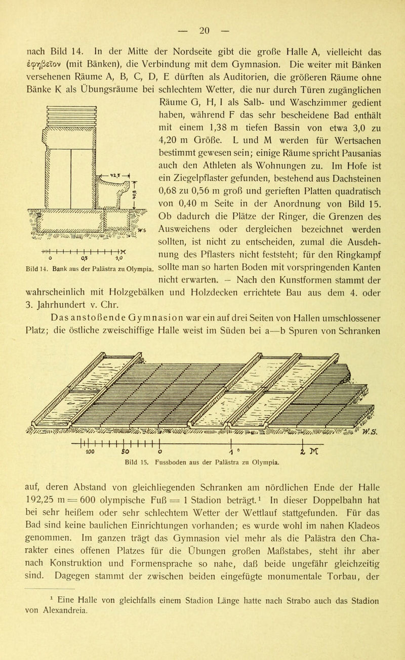 nach Bild 14. In der Mitte der Nordseite gibt die große Halle A, vielleicht das e<pvjßeTov (mit Bänken), die Verbindung mit dem Gymnasion. Die weiter mit Bänken versehenen Räume A, B, C, D, E dürften als Auditorien, die größeren Räume ohne Bänke K als Übungsräume bei schlechtem Wetter, die nur durch Türen zugänglichen Räume G, H, I als Salb- und Waschzimmer gedient haben, während F das sehr bescheidene Bad enthält mit einem 1,38 m tiefen Bassin von etwa 3,0 zu 4,20 m Größe. L und M werden für Wertsachen bestimmt gewesen sein; einige Räume spricht Pausanias auch den Athleten als Wohnungen zu. Im Hofe ist ein Ziegelpflaster gefunden, bestehend aus Dachsteinen 0,68 zu 0,56 m groß und gerieften Platten quadratisch von 0,40 m Seite in der Anordnung von Bild 15. Ob dadurch die Plätze der Ringer, die Grenzen des Ausweichens oder dergleichen bezeichnet werden sollten, ist nicht zu entscheiden, zumal die Ausdeh- nung des Pflasters nicht feststeht; für den Ringkampf Bild 14. Bank aus der Paiästra zu Olympia, sollte man so harten Boden mit vorspringenden Kanten nicht erwarten. — Nach den Kunstformen stammt der wahrscheinlich mit Holzgebälken und Holzdecken errichtete Bau aus dem 4. oder 3. Jahrhundert v. Chr. Das anstoßende Gymnasion war ein auf drei Seiten von Hallen umschlossener Platz; die östliche zweischiffige Halle weist im Süden bei a—b Spuren von Schranken Bild 15. Fussboden aus der Paiästra zu Olympia. auf, deren Abstand von gleichliegenden Schranken am nördlichen Ende der Halle 192,25 m = 600 olympische Fuß = 1 Stadion beträgt.1 In dieser Doppelbahn hat bei sehr heißem oder sehr schlechtem Wetter der Wettlauf stattgefunden. Für das Bad sind keine baulichen Einrichtungen vorhanden; es wurde wohl im nahen Kladeos genommen. Im ganzen trägt das Gymnasion viel mehr als die Paiästra den Cha- rakter eines offenen Platzes für die Übungen großen Maßstabes, steht ihr aber nach Konstruktion und Formensprache so nahe, daß beide ungefähr gleichzeitig sind. Dagegen stammt der zwischen beiden eingefügte monumentale Torbau, der 1 Eine Halle von gleichfalls einem Stadion Länge hatte nach Strabo auch das Stadion von Alexandreia.