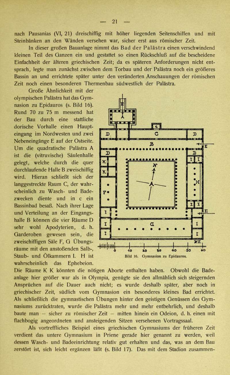 nach Pausanias (VI, 21) dreischiffig mit höher liegenden Seitenschiffen und mit Steinbänken an den Wänden versehen war, sicher erst aus römischer Zeit In dieser großen Bauanlage nimmt das Bad der Palästra einen verschwindend kleinen Teil des Ganzen ein und gestattet so einen Rückschluß auf die bescheidene Einfachheit der älteren griechischen Zeit; da es späteren Anforderungen nicht ent- sprach, legte man zunächst zwischen dem Torbau und der Palästra noch ein größeres Bassin an und errichtete später unter den veränderten Anschauungen der römischen Zeit noch einen besonderen Thermenbau südwestlich der Palästra. Große Ähnlichkeit mit der olympischen Palästra hat das Gym- nasion zu Epidauros (s. Bild 16). Rund 70 zu 75 m messend hat der Bau durch eine stattliche dorische Vorhalle einen Haupt- eingang im Nordwesten und zwei Nebeneingänge E auf der Ostseite. Um die quadratische Palästra A ist die (vitruvische) Säulenhalle gelegt, welche durch die quer durchlaufende Halle B zweischiffig wird. Hieran schließt sich der langgestreckte Raum C, der wahr- scheinlich zu Wasch- und Bade- zwecken diente und in c ein Bassinbad besaß. Nach ihrer Lage und Verteilung an der Eingangs- halle B können die vier Räume D sehr wohl Apodyterien, d. h. Garderoben gewesen sein, die zweischiffigen Säle F, G Übungs- räume mit den anstoßenden Salb-, Staub- und Ölkammern I. H ist Bild 16. Gymnasion zu Epidauros. wahrscheinlich das Ephebeion. Die Räume K K könnten die nötigen Aborte enthalten haben. Obwohl die Bade- anlage hier größer war als in Olympia, genügte sie den allmählich sich steigernden Ansprüchen auf die Dauer auch nicht; es wurde deshalb später, aber noch in griechischer Zeit, südlich vom Gymnasion ein besonderes kleines Bad errichtet. Als schließlich die gymnastischen Übungen hinter den geistigen Genüssen des Gym- nasiums zurücktraten, wurde die Palästra mehr und mehr entbehrlich, und deshalb baute man — sicher zu römischer Zeit — mitten hinein ein Odeion, d. h. einen mit flachbogig angeordneten und ansteigenden Sitzen versehenen Vortragssaal. Als vortreffliches Beispiel eines griechischen Gymnasiums der früheren Zeit verdient das untere Gymnasium in Priene gerade hier genannt zu werden, weil dessen Wasch- und Badeeinrichtung relativ gut erhalten und das, was an dem Bau zerstört ist, sich leicht ergänzen läßt (s. Bild 17). Das mit dem Stadion zusammen-