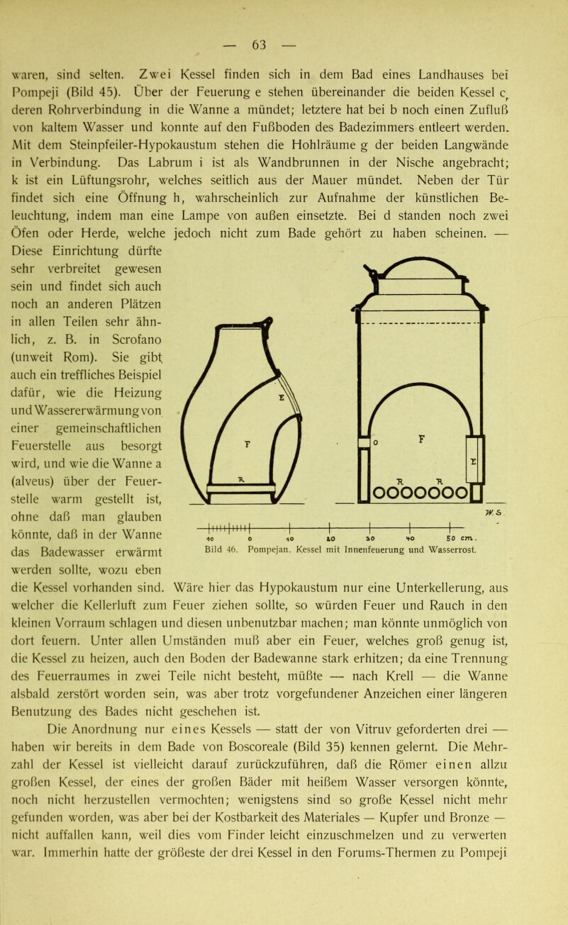 waren, sind selten. Zwei Kessel finden sich in dem Bad eines Landhauses bei Pompeji (Bild 45). Über der Feuerung e stehen übereinander die beiden Kessel cr deren Rohrverbindung in die Wanne a mündet; letztere hat bei b noch einen Zufluß von kaltem Wasser und konnte auf den Fußboden des Badezimmers entleert werden. Mit dem Steinpfeiler-Hypokaustum stehen die Hohlräume g der beiden Langwände in Verbindung. Das Labrum i ist als Wandbrunnen in der Nische angebracht; k ist ein Lüftungsrohr, welches seitlich aus der Mauer mündet. Neben der Tür findet sich eine Öffnung h, wahrscheinlich zur Aufnahme der künstlichen Be- leuchtung, indem man eine Lampe von außen einsetzte. Bei d standen noch zwei Öfen oder Herde, welche jedoch nicht zum Bade gehört zu haben scheinen. — Diese Einrichtung dürfte sehr verbreitet gewesen sein und findet sich auch noch an anderen Plätzen in allen Teilen sehr ähn- lich, z. B. in Scrofano (unweit Rom). Sie gibt auch ein treffliches Beispiel dafür, wie die Heizung und Wassererwärmung von einer gemeinschaftlichen Feuerstelle aus besorgt wird, und wie die Wanne a (alveus) über der Feuer- stelle warm gestellt ist, ohne daß man glauben könnte, daß in der Wanne das Badewasser erwärmt werden sollte, wozu eben die Kessel vorhanden sind. Wäre hier das Hypokaustum nur eine Unterkellerung, aus welcher die Kellerluft zum Feuer ziehen sollte, so würden Feuer und Rauch in den kleinen Vorraum schlagen und diesen unbenutzbar machen; man könnte unmöglich von dort feuern. Unter allen Umständen muß aber ein Feuer, welches groß genug ist, die Kessel zu heizen, auch den Boden der Badewanne stark erhitzen; da eine Trennung des Feuerraumes in zwei Teile nicht besteht, müßte — nach Krell — die Wanne alsbald zerstört worden sein, was aber trotz Vorgefundener Anzeichen einer längeren Benutzung des Bades nicht geschehen ist. Die Anordnung nur eines Kessels — statt der von Vitruv geforderten drei — haben wir bereits in dem Bade von Boscoreale (Bild 35) kennen gelernt. Die Mehr- zahl der Kessel ist vielleicht darauf zurückzuführen, daß die Römer einen allzu großen Kessel, der eines der großen Bäder mit heißem Wasser versorgen könnte, noch nicht herzustellen vermochten; wenigstens sind so große Kessel nicht mehr gefunden worden, was aber bei der Kostbarkeit des Materiales — Kupfer und Bronze — nicht auffallen kann, weil dies vom Finder leicht einzuschmelzen und zu verwerten war. Immerhin hatte der größeste der drei Kessel in den Forums-Thermen zu Pompeji 40 o 40 io so *o SO cm. Bild 46. Pompejan. Kessel mit Innenfeuerung und Wasserrost.