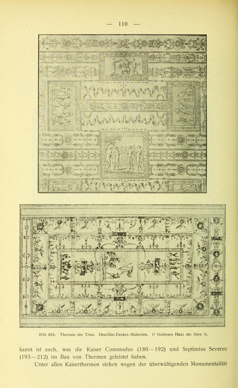 Bild 89b. Thermen des Titus. Gewölbe-Decken-Malereien. (? Goldenes Haus des Nero ?). kannt ist auch, was die Kaiser Commodus (180—192) lind Septimius Severus (193—212) im Bau von Thermen geleistet haben. Unter allen Kaiserthermen stehen wegen der überwältigenden Monumentalität
