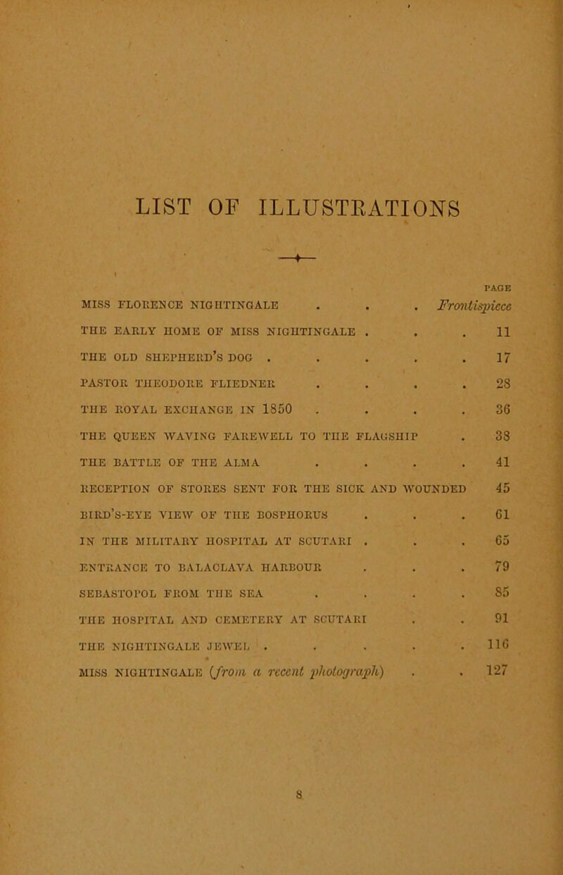 LIST OF ILLUSTRATIONS ♦ PACE miss Florence nightingale . . . Frontispiece THE EARLY HOME OF MISS NIGHTINGALE . . .11 THE OLD SHEPHERD’S DOG . . . . .17 PASTOR THEODORE FLIEDNEIt . . . .28 THE ROYAL EXCHANGE IN 1850 . . . .36 THE QUEEN WAVING FAREWELL TO TOE FLAGSHIP . 38 THE RATTLE OF THE ALMA . . . .41 RECEPTION OF STORES SENT FOR THE SICK AND WOUNDED 45 BIRD’S-EYE VIEW OF THE BOSPHORUS . . .61 IN THE MILITARY HOSPITAL AT SCUTARI . . .65 ENTRANCE TO BALACLAVA HARBOUR . . .79 SEBASTOPOL FROM THE SEA . . . . S5 THE HOSPITAL AND CEMETERY AT SCUTARI . . 91 THE NIGHTINGALE JEWEL . . . . .116 MISS NIGHTINGALE (fTO ill a TCCCHt photograph) . . 127