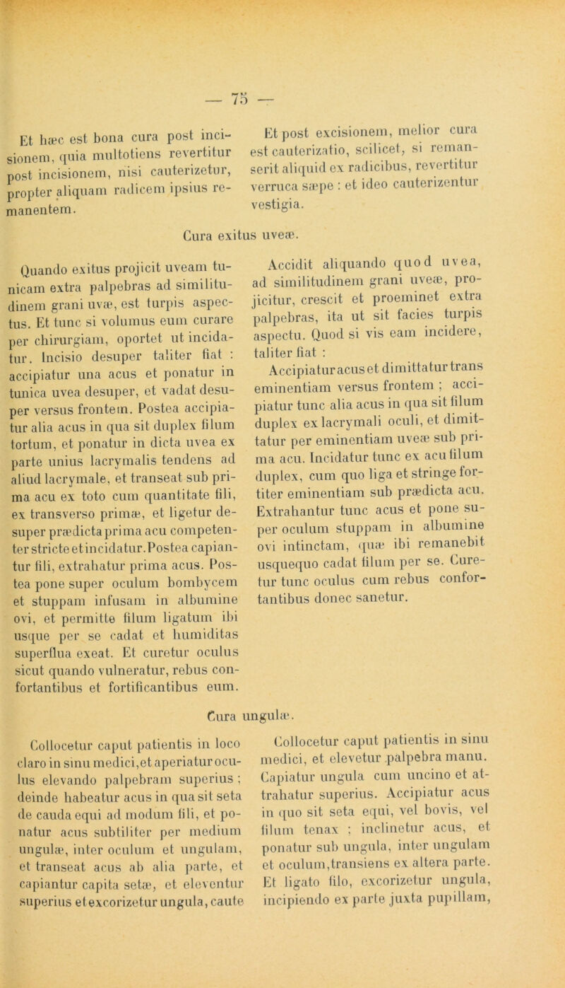 Et heec est bona cura post inci- sionem, quia multotiens revertitur post incisionem, nisi cauterizetur, propter aliquam radicem ipsius re- manentem. Et post excisionem, melior cura est cauterizatio, scilicet , si reman- serit aliquid ex radicibus, revertitur verruca sa?pe : et ideo cauterizentui vestigia. Gura exitus uvete. Quando exitus projicit uveam tu- nicam extra palpebras ad similitu- dinem grani uva?, est turpis aspec- tus. Et tunc si volumus eum curare per chirurgiam, oportet ut incida- tur. Incisio desuper taliter fiat : accipiatur una acus et ponatur in tunica uvea desuper, et vadat desu- per versus Irontein. Postea accipia- tur alia acus in qua sit duplex filum tortum, et ponatur in dicta uvea ex parte unius lacrymalis tendens ad aliud lacrymale, et transeat sub pri- ma acu ex toto cum quantitate tili, ex transverso prima?, et ligetur de- super praedicta prima acu competen- ter stricte etincidatur.Postea capian- tur fili, extrahatur prima acus. Pos- tea pone super oculum bombycem et stuppam infusam in albumine ovi, et permitte filum ligatum ibi usque per se cadat et humiditas superflua exeat. Et curetur oculus sicut quando vulneratur, rebus con- fortantibus et fortificantibus eum. Accidit aliquando quod uvea, ad similitudinem grani uvea?, pro- jicitur, crescit et proeininet extra palpebras, ita ut sit tacies turpis aspectu. Quod si vis eam incidere, taliter liat : Accipiatur acus et dimittatur trans eminentiam versus frontem ; acci- piatur tunc alia acus in qua sit filum duplex exlacrymali oculi, et dimit- tatur per eminentiam uvea? sub pri- ma acu. Incidatur tunc ex acu filum duplex, cum quo liga et stringe for- titer eminentiam sub praedicta acu. Extrahantur tunc acus et pone su- per oculum stuppam in albumine ovi intinctam, quae ibi remanebit usquequo cadat filum per se. Cure- tur tunc oculus cum rebus confor- tantibus donec sanetur. Gura ungula?. Collocetur caput patientis in loco claro in sinu medici,et aperiatur ocu- lus elevando palpebram superius ; deinde habeatur acus in qua sit seta de cauda equi ad modum fili, et po- natur acus subtiliter per medium ungulae, inter oculum et ungulam, et transeat acus ab alia parte, et capiantur capita setae, et eleventur superius etexcorizetur ungula, caute Collocetur caput patientis in sinu medici, et elevetur palpebra manu. Capiatur ungula cum uncino et at- trahatur superius. Accipiatur acus in quo sit seta equi, vel bovis, vel ii lum tenax ; inclinetur acus, et ponatur sub ungula, inter ungulam et oculum,transiens ex altera parte. Et ligato filo, excorizetur ungula, incipiendo ex parte juxta pupillam,