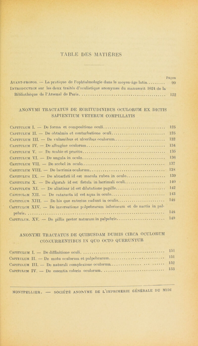 TABLE DES MATI E RES Pages Avant-propos. — La pratique de 1’ophtalmologie dans le moyon-age latin 99 Introduction sur les deux traites d’oculistique anonymes du inanuscrit 1024 de la Bibliotheque de 1’Arsenal de Paris 122 ANONYMI TRACTATUS DE ECRITUDINIBUS OCULORUM EX DICTIS SAPTENTIUM VETERUM COMPJLLATIS Capitulum I. — De forma et compositione oculi 125 Capitulum II. — De obtalmia et conturbatione oculi 125 Capitulum III. — De vulneribus et ulceribus oculorum 132 Capitulum IV. — De albugine oculorum 134 Capitulum V. — De scabie et pruritu 135 Capitulum VI. — De ungula in oculo 136 Capitulum VII. — De scebel in oculo 137 Capitulum VIII. — De lacrimis oculorum 138 Capitulum IX. — De abtarfati id est macula rubea in oculo 139 Capitulum X. — De algarab id est fistula in lacrimali oculi 140 Capitulum XI. — De alintisar id est dilatatione pupille 142 Capitulum XII. — De cataracta id est aqua in oculo 143 Capitulum XIII. — De his que exterius cadunt in oculis 148 Capitulum XIV. — De invarsatione palpebrarum inferiorum ot de nactis in pal- pebris 148 Capitulum. XV. — De pillis preter naturam in palpebris 140 ANONYMI TRACTATUS DE QUIBUSDAM DUBIIS CIRCA OCULORUM CONCURRENTIBUS IN QUO OCTO QUERUNTUR Capitulum I. — De diffinitione oculi I'1' Capitulum II. —De motu oculorum et palpebrarum 1->l 152 Capitulum III. — De naturali complexione oculorum Capitulum IV. — De essentia coloris oculorum MONTPELLIER. — SOCIETE ANONYME DE LIMPRIMERIE GENERALE DU