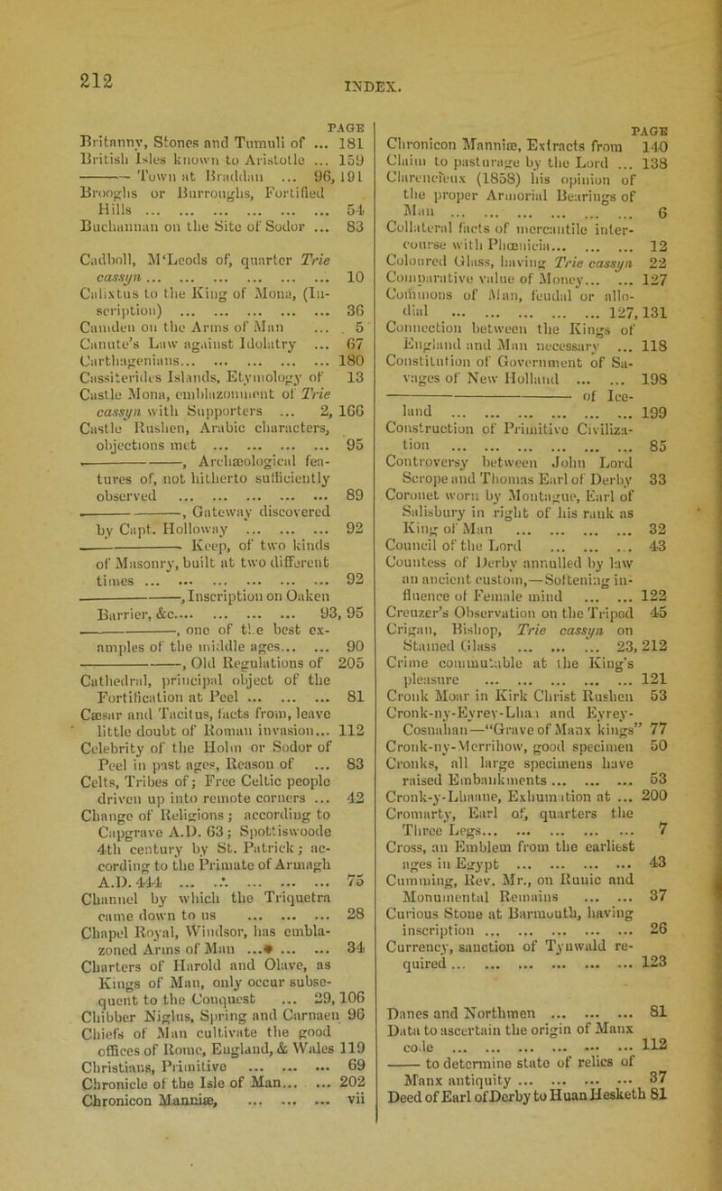 INDEX. PAGE Biitnnny, Stones and Tumnli of ... 181 Britisti Isles known to Arkstollo ... 158 Town at Hnuldaii ... 96,191 llroofslis or Ilurron^lis, Fortified Hills 54 Buchaiiiian on the Site of Sodor ... 83 Cadhnll, 11‘Leods of, quarter Trie cassyn 10 Calixtus to the King of Mona, (In- scription) 36 Camden on the Anns of Man ... , 5 Canute’s Law ag.iinst Idolatry ... 67 Carthagenians 180 Cassiterides Islands, Etymology of 13 Castle Mona, euihlazonment of Trie cassyn with Supporters ... 2, 166 Castle llnshen, .\rabie characters, objections met 95 , Archaeological fea- tures of, not hitherto sulhcieiitly observed 89 , Gateway discovered by Capt. Holloway 92 Keep, of two kinds of Masonry, built at two dififerent times 92 , Inscription on Oaken Barrier, &c 93, 95 , one of the best c.x- nmples of the middle ages 90 , Old Regulations of 205 Cathedral, principal object of the Fortification at Peel 81 Cajsar and Tacitus, facts from, leave little doubt of Homan invasion... 112 Celebrity of the Holm or Sudor of Peel in past ages, Reason of ... 83 Celts, Tribes of; Free Celtic people driven up into remote corners ... 42 Change of Religions ; according to Capgrave A.l). 63; Spottiswoodo 4th century by St. Patrick; ac- cording to the Primate of Armagh A.l). 41-4 ... ..•. 75 Channel by which the Triquetra came down to us 28 Chapel Royal, Windsor, has embla- zoned Arms of Man ...# 34 Charters of Harold and Olave, as Kings of Man, only occur subse- quent to the Conquest ... 29,106 Chibber Niglus, Spring and Carnaeu 96 Chiefs of .Man cultivate the good offices of Rome, England, & Wales 119 Christians, Primitive 69 Chronicle of the Isle of Man 202 Cbronicon Maoiuse, vii PAGE Cbronicon Manni®, Extracts from 140 Claim to pasturage by the Lord ... 138 Clarcncfeu.x (1858) his opinion of the proper Armorial Bearings of Man ... 6 Collateral facts of mercantile inter- course with Plicenicia 12 Coloured Gla.ss, having Trie cassyn 22 Comparative value of .Money 127 Coihmons of Alan, feudal or allo- dial 127.131 Connection between the Kings of England and Man necessary ... 118 Constitution of Government of Sa- vages of New Holland 198 of Ice- land 199 Construction of Primitive Civiliza- tion 85 Controversy between .John Lord Scroiie and Thomas Earl of Derby 33 Coronet worn by .Montague, Earl of Salisbury in right of his rank as King of Man 32 Council of the Lord 43 Countess of Derby annulled by law an ancient oustom,—Softening in- fluence of Female mind 122 Creuzer’s Observation on the Tripod 45 Crigan, Bishop, Trie cassyn on Stained Glass 23,212 Crime conimutable at the King’s pleasure 121 Cronk Moar in Kirk Christ Rushen 53 Cronk-ny-Eyrev-Llia.i and Eyrey- Cosnahan—“Grave of Manx kings” 77 Cronk-ny-Mcrrihow, good specimen 50 Cronks, all large specimens have raised Embankments 53 Cronk-y-Lliaane, Exhum ition at ... 200 Cromarty, Earl of, quarters the Three Legs 7 Cross, an Emblem from the earliest ages in Egypt 43 Cnmniing, Rev. Mr., on Runic and Monumental Remains 37 Curious Stoue at Barmouth, having inscription 26 Currency, sanction of Tynwald re- quired 123 Danes and Northmen 81 D.ita to ascertain the origin of Manx co.le 112 to determine slate of relies of Manx antiquity 37 Deed of Earl of Derby to Huan Hesketh 81