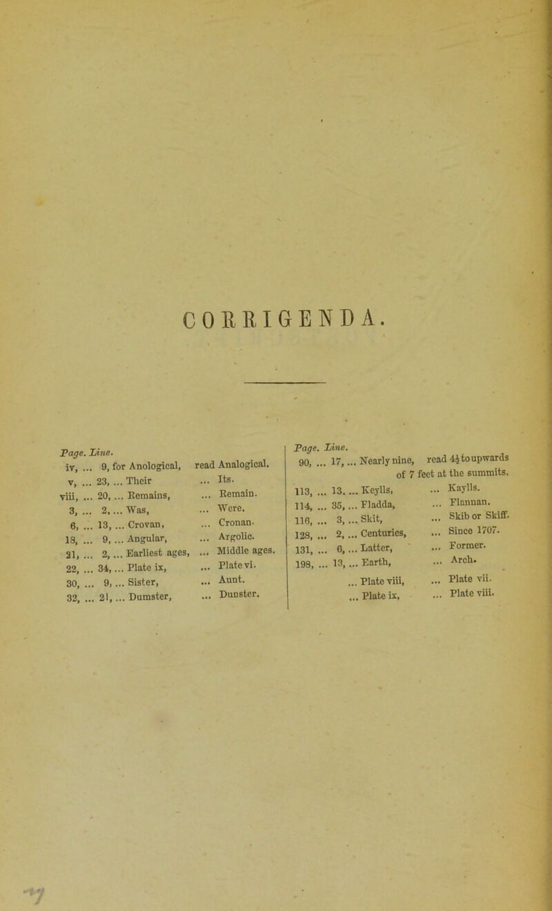 COUttIGENDA Page, lAne. iv, ... 9, for Anological, read Analogieal. V, .. 23. . .. Their ... Its. viii, . .. 20, . .. Kcraains, ... Remain. 3, .. 2,., .. IVas, ... Were. 6, . .. 13, . .. Crovan, ... Cronan- 18, . .. 9,. .. Angular, ... Argolic. 21, . .. 2,. Earliest ages. ... Middle ages, 22, . .. 34,. .. Plate ix. ... Platevi. 30, . .. 9,. .. Sister, ... Aunt. 32, . .. 21,. .. Dumster, ... Dunster. Tage. lAne. 90, ... 17,.. ,. Nearly nine, read 4J to upwards of 7 feet at the summits. 113, ... 13.. .. Keylls, ... Kaylls. 114, ... 35,. .. Fladda, ... Flannan. 116, ... 3, . .. Skit, Skibor Skiff. 128, ... 2, . .. Centuries, ... Sineo 1707. 131, ... 0,. .. Latter, ... Former. 198, ... 13,. .. Earth, ... Arch. .. Plate viii. ... Plate vii. Plate ix. ... Plate viii.